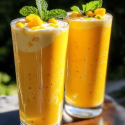 - 2 ripe mangoes, peeled and diced - 1 cup plain yogurt (preferably Greek) - 1/2 cup milk (or coconut milk) - 3 tablespoons honey or maple syrup - 1/2 teaspoon ground cardamom - A pinch of salt - Ice cubes (optional) - Fresh mint leaves for garnish (optional) When making creamy mango lassi, start with ripe mangoes. They give the drink a sweet and rich flavor. Peel and dice the mangoes, making sure to get every bit of deliciousness. Next, I like to use Greek yogurt because it adds extra creaminess. You will also need milk. Regular milk works great, but coconut milk gives a nice twist. Sweeten your lassi with honey or maple syrup. This adds a touch of natural sweetness. A pinch of salt and ground cardamom boosts the flavors. If you love a chilled drink, add ice cubes. Fresh mint leaves can make a lovely garnish. They add color and a fresh scent. - Caloric value per serving: about 200 calories - Breakdown of macronutrients: - Carbs: 35g - Fats: 5g - Proteins: 6g Creamy mango lassi is not just tasty; it also has health benefits. Mangoes are rich in vitamins A and C. They help boost your immune system. Yogurt gives you probiotics, which are good for digestion. Honey or maple syrup adds natural sweetness without refined sugar. This drink is a delightful way to enjoy healthy ingredients. To make creamy mango lassi, start with ripe mangoes. Ripe mangoes give the drink its sweet and fresh flavor. Choose mangoes that feel soft when pressed. They should smell sweet near the stem. Here’s how to blend the ingredients: 1. Peel and dice the ripe mangoes. 2. Place the mangoes and yogurt in a blender. 3. Blend until the mixture is smooth. 4. Add milk, honey, ground cardamom, and a pinch of salt. 5. Blend again until creamy and well mixed. If you want a chilled drink, add ice cubes before blending. Blend until the ice is crushed and mixed well. This gives the lassi a refreshing texture. Adjust the sweetness by adding more honey or maple syrup if needed. Taste the lassi to find the right balance. Serve your creamy mango lassi in tall glasses. Clear glassware shows off the beautiful orange color. This drink pairs well with spicy foods. It cools your mouth after a meal. You can serve it in summer for a refreshing treat. It’s a great way to enjoy the warm weather. You can also serve it at parties for a fun twist. Pair your lassi with some light snacks. Think about serving it with samosas or pakoras. These foods complement the lassi's sweet and creamy flavor. Enjoy your delicious creamy mango lassi! For the complete recipe, check the Full Recipe section above. Adjusting sweetness You can make your mango lassi sweeter by adding honey or maple syrup. Start with three tablespoons. Blend, then taste. If you want it sweeter, add more. Selecting the right spices Ground cardamom gives a warm flavor. Use half a teaspoon for a nice touch. You can try cinnamon too, but cardamom is best for this drink. Alternatives to honey/maple syrup If you want a different sweetener, use agave nectar or stevia. These options will still keep your lassi tasty. Over-blending the ingredients Blend just until smooth. Too much blending can make your lassi watery. You want it thick and creamy, not runny. Not chilling the drink For a refreshing lassi, chill your drink before serving. A cold lassi is more enjoyable, especially on a hot day. Choosing unripe mangoes Always use ripe mangoes. They should be soft to the touch. If they are hard, your lassi will lack sweetness and flavor. {{image_2}} If you want a dairy-free mango lassi, try coconut mango lassi. Use coconut milk instead of regular milk. It gives a rich, tropical flavor. You will love the creamy texture it adds. You can also use almond or oat milk. These options work well and keep the drink smooth. They add their own mild taste, which complements the mango. Just blend the mango and yogurt with your choice of milk. The result is just as tasty! To make your lassi even more special, add rose water. Just a few drops will give it a fragrant touch. This flavor pairs well with mango. You can create a unique drink that impresses your friends. Also, feel free to experiment with other fruits. Try using berries, bananas, or even peaches. Each fruit will change the taste and color. Mixing fruits can lead to delightful surprises. Just blend them with mango for a fun twist! To keep your creamy mango lassi fresh, store it in the fridge. Use a tightly sealed container. This will help prevent any odors from other foods. Ideally, enjoy it within 2 to 3 days. The lassi will taste best when fresh. If you want to keep it longer, you can freeze it. Pour it into ice cube trays for easy servings. Once frozen, transfer the cubes to a freezer bag. You can re-blend your lassi after storing it. Just add a little milk for creaminess. Blend until smooth to restore the texture. If it feels watery, you might have to adjust the ingredients slightly. Remember to taste and adjust sweetness if needed. This way, you’ll still enjoy the great flavor of your mango lassi. The best mango for lassi is the Ataulfo mango. This mango is sweet, creamy, and smooth. You can also use Haden or Tommy Atkins mangoes. They have a good balance of sweetness and flavor. Ripe mangoes add the best taste. Always check for softness and a sweet scent. Yes, you can make mango lassi ahead of time. Just blend it and store it in the fridge. It stays fresh for up to two days. However, the lassi may separate. If this happens, just stir it before serving. It’s easy and still tasty! To make a vegan mango lassi, use coconut milk instead of regular milk. Also, choose dairy-free yogurt made from coconut or almond. Use maple syrup as a sweetener instead of honey. This way, you can enjoy a creamy treat that fits your diet! Yes, you can use frozen mangoes! They make the lassi extra cold and thick. Just blend them directly without thawing. If you find it too thick, add a bit more milk or yogurt. Frozen mangoes are a great option when fresh ones are not available. In this post, we explored how to make a delicious mango lassi. We looked at the key ingredients needed, like ripe mangoes and yogurt, as well as helpful tips for blending. Nutritional info reminded us of its health benefits. Remember to store it right for fresh taste and to explore fun variations. The right lassi can brighten any meal. Enjoy making this drink your own, and delight in its rich flavor and creamy texture. Your friends and family will love it!