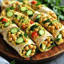 - 1 can of chickpeas, rinsed and drained - 1/2 cup cooked quinoa - 1/2 cup Greek yogurt These three ingredients are the heart of your High-Protein Chickpea Power Wraps. Chickpeas give a nice bite and pack a protein punch. Quinoa adds a nutty flavor and more protein. Greek yogurt makes the filling creamy and rich. - Additional vegetables (like bell peppers or carrots) - Fresh herbs, such as cilantro or dill - Protein boosters, like grilled chicken or tofu Feel free to mix in any vegetables you love. Bell peppers add crunch, while carrots bring sweetness. Fresh herbs enhance flavor and freshness. If you want more protein, consider grilled chicken or tofu. This makes the wraps even more filling. - Vegan substitutes (swap Greek yogurt for plant-based yogurt) - Gluten-free options (use gluten-free wraps or lettuce leaves) If you follow a vegan diet, use plant-based yogurt in place of Greek yogurt. This keeps the dish creamy without dairy. For a gluten-free version, choose gluten-free wraps or use large lettuce leaves. This makes a great alternative while still being tasty. You can find the full recipe to explore how to blend these ingredients into a delicious meal. How to Mash Chickpeas Start by draining and rinsing one can of chickpeas. Use a fork or potato masher to mash them in a medium bowl. Aim for a slightly chunky texture. It’s okay to leave some whole; they add a nice bite. Mixing the Ingredients Next, stir in 1/2 cup of cooked quinoa. Add 1/2 cup of Greek yogurt and 1 tablespoon of tahini. Then, mix in one minced garlic clove, 1 teaspoon of cumin, and 1 teaspoon of smoked paprika. Add salt and pepper to taste. Blend everything until it is well combined. Preparing the Wrap Lay out four whole grain wraps on a clean countertop. This is where the fun begins! Layering Ingredients Correctly On each wrap, start with a handful of spinach or mixed greens. Follow this with a generous scoop of your chickpea mixture. Top it off with diced cucumber and halved cherry tomatoes for freshness. Rolling Technique To roll the wraps, tuck in the sides as you go. Start from the bottom and roll tightly. This keeps the filling secure and makes them easy to handle. Cutting and Presenting Slice the wraps in half diagonally. Arrange them on a serving platter for a great look. Garnish with fresh parsley for a pop of color. Best Practices for Serving Serve these wraps fresh for the best taste. They make a perfect meal or snack. Pairing Ideas Pair your wraps with a side of fruit or yogurt for a balanced meal. They also go well with a light salad. Dressing Options Consider adding a drizzle of lemon juice or a light vinaigrette for extra flavor. You can also serve with a side of hummus for dipping. For the full recipe, check out the [Full Recipe]. To make a creamy filling, you can mash the chickpeas well. Leave some whole for texture. This adds a nice bite when you eat. Mix in Greek yogurt and tahini for creaminess. You can adjust the texture by adding more yogurt if needed. Balancing flavors is key for a tasty wrap. Use smoked paprika and cumin to give depth. Taste as you mix, and add salt and pepper to suit your palate. Fresh herbs like parsley brighten the dish. A splash of lemon juice adds tanginess too. Chickpeas are packed with protein and fiber. Each serving gives you energy and helps keep you full. They also provide vitamins and minerals, like iron and magnesium. This makes them a great choice for a healthy diet. High-protein meals help with muscle growth and repair. They keep your hunger at bay, which can help with weight control. Eating protein-rich foods like these wraps fuels your body well. One common mistake is not measuring ingredients correctly. Use a measuring cup for quinoa and yogurt to ensure the right balance. Too much or too little can change the taste and texture. Improper rolling techniques can make wraps fall apart. Start rolling tightly from one end. Tuck in the sides as you roll to keep the filling inside. This helps the wraps hold together nicely. {{image_2}} Spicy Chickpea Wraps Add a kick to your wraps! Use diced jalapeños or hot sauce in the chickpea mix. You can also add extra spices like cayenne pepper or chili powder for more heat. This will create a spicy flavor that excites your taste buds. Mediterranean Twist For a Mediterranean touch, try adding olives and feta cheese. You can also swap the tahini for hummus. Use a sprinkle of oregano and a drizzle of olive oil. These changes will give your wrap a fresh, vibrant taste. Vegan Yogurt Alternatives If you want a vegan option, use coconut yogurt or almond yogurt instead of Greek yogurt. This swap keeps the creaminess while making it plant-based. You can also try cashew cream for a richer flavor. Different Types of Wraps Feel free to use any type of wrap you love. Try spinach wraps, gluten-free tortillas, or even lettuce leaves for a low-carb option. Each wrap brings its own unique taste and texture. Wrap Platter Ideas Make a fun wrap platter! Cut the wraps into bite-sized pieces. Serve with dips like salsa or guacamole. This is perfect for parties or family gatherings. It makes sharing easy and enjoyable. Meal Prep Options You can prep these wraps ahead of time! Make them in the morning and store in the fridge. They stay fresh for a quick lunch or snack. Just remember to keep the filling separate if you want them crispy. Check out the Full Recipe for more ideas! To keep your wraps fresh, store them in the fridge. Place them in an airtight container. This keeps moisture out and helps maintain their texture. If you have extra wraps, you can freeze them too. Wrap each one in plastic wrap and place them in a freezer bag. This way, they stay safe from freezer burn. Your wraps can last in the fridge for about three days. After that, they may lose flavor and texture. Look for signs of spoilage such as an off smell or mold. If you see any odd colors or changes, it's best to toss them. When you want to enjoy your leftovers, use a microwave or skillet. Microwaving is quick, but it may make the wraps soggy. To avoid this, heat them in a skillet over medium heat. This keeps them crispy. Just make sure to flip them gently to warm the filling evenly. Enjoy your High-Protein Chickpea Power Wraps again with these simple tips! For the complete recipe, check out the Full Recipe. High-Protein Chickpea Power Wraps are a tasty, healthy meal. They combine chickpeas and quinoa for protein. This dish is filling and packed with flavor. Main Ingredients: - 1 can of chickpeas, rinsed and drained - 1/2 cup cooked quinoa - 1/2 cup Greek yogurt - 1 tablespoon tahini - 1 garlic clove, minced - 1 teaspoon cumin - 1 teaspoon smoked paprika - Salt and pepper to taste - 4 whole grain wraps or tortillas - 1 cup spinach or mixed greens - 1/2 cup diced cucumber - 1/2 cup cherry tomatoes, halved - Fresh parsley for garnish These ingredients create a mix that is creamy and crunchy. The spices add warmth, while the veggies add freshness. Yes, you can easily prepare these wraps in advance. They make meal prep simple and quick. Meal Prep Tips: - Prepare the chickpea mixture and store it in the fridge. - Chop the veggies and keep them separate until serving. Recommended Storage Methods: - Wrap each wrap tightly in plastic wrap. - Store in an airtight container in the fridge. This way, they stay fresh and tasty. You can enjoy them later without losing flavor. You can make these wraps your own with fun add-ins. Get creative with flavors and textures. Ideas for Add-Ins: - Avocado for creaminess - Bell peppers for crunch - Feta cheese for a salty kick Variations to Consider: - Use spicy sauce for heat. - Try different herbs like cilantro or dill. Customizing these wraps means you can always enjoy something new. In this post, we explored how to make High-Protein Chickpea Power Wraps. We covered essential and optional ingredients, preparation steps, assembly methods, and cooking tips. I shared how to avoid common mistakes and maximize texture. The wraps offer health benefits and easy variations to suit your taste. These wraps are delicious and simple to make. Customize them to fit your diet and preferences. Enjoy experimenting with flavors and share them with friends! Your new favorite meal awaits.