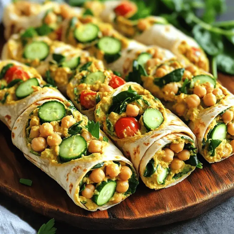 - 1 can of chickpeas, rinsed and drained - 1/2 cup cooked quinoa - 1/2 cup Greek yogurt These three ingredients are the heart of your High-Protein Chickpea Power Wraps. Chickpeas give a nice bite and pack a protein punch. Quinoa adds a nutty flavor and more protein. Greek yogurt makes the filling creamy and rich. - Additional vegetables (like bell peppers or carrots) - Fresh herbs, such as cilantro or dill - Protein boosters, like grilled chicken or tofu Feel free to mix in any vegetables you love. Bell peppers add crunch, while carrots bring sweetness. Fresh herbs enhance flavor and freshness. If you want more protein, consider grilled chicken or tofu. This makes the wraps even more filling. - Vegan substitutes (swap Greek yogurt for plant-based yogurt) - Gluten-free options (use gluten-free wraps or lettuce leaves) If you follow a vegan diet, use plant-based yogurt in place of Greek yogurt. This keeps the dish creamy without dairy. For a gluten-free version, choose gluten-free wraps or use large lettuce leaves. This makes a great alternative while still being tasty. You can find the full recipe to explore how to blend these ingredients into a delicious meal. How to Mash Chickpeas Start by draining and rinsing one can of chickpeas. Use a fork or potato masher to mash them in a medium bowl. Aim for a slightly chunky texture. It’s okay to leave some whole; they add a nice bite. Mixing the Ingredients Next, stir in 1/2 cup of cooked quinoa. Add 1/2 cup of Greek yogurt and 1 tablespoon of tahini. Then, mix in one minced garlic clove, 1 teaspoon of cumin, and 1 teaspoon of smoked paprika. Add salt and pepper to taste. Blend everything until it is well combined. Preparing the Wrap Lay out four whole grain wraps on a clean countertop. This is where the fun begins! Layering Ingredients Correctly On each wrap, start with a handful of spinach or mixed greens. Follow this with a generous scoop of your chickpea mixture. Top it off with diced cucumber and halved cherry tomatoes for freshness. Rolling Technique To roll the wraps, tuck in the sides as you go. Start from the bottom and roll tightly. This keeps the filling secure and makes them easy to handle. Cutting and Presenting Slice the wraps in half diagonally. Arrange them on a serving platter for a great look. Garnish with fresh parsley for a pop of color. Best Practices for Serving Serve these wraps fresh for the best taste. They make a perfect meal or snack. Pairing Ideas Pair your wraps with a side of fruit or yogurt for a balanced meal. They also go well with a light salad. Dressing Options Consider adding a drizzle of lemon juice or a light vinaigrette for extra flavor. You can also serve with a side of hummus for dipping. For the full recipe, check out the [Full Recipe]. To make a creamy filling, you can mash the chickpeas well. Leave some whole for texture. This adds a nice bite when you eat. Mix in Greek yogurt and tahini for creaminess. You can adjust the texture by adding more yogurt if needed. Balancing flavors is key for a tasty wrap. Use smoked paprika and cumin to give depth. Taste as you mix, and add salt and pepper to suit your palate. Fresh herbs like parsley brighten the dish. A splash of lemon juice adds tanginess too. Chickpeas are packed with protein and fiber. Each serving gives you energy and helps keep you full. They also provide vitamins and minerals, like iron and magnesium. This makes them a great choice for a healthy diet. High-protein meals help with muscle growth and repair. They keep your hunger at bay, which can help with weight control. Eating protein-rich foods like these wraps fuels your body well. One common mistake is not measuring ingredients correctly. Use a measuring cup for quinoa and yogurt to ensure the right balance. Too much or too little can change the taste and texture. Improper rolling techniques can make wraps fall apart. Start rolling tightly from one end. Tuck in the sides as you roll to keep the filling inside. This helps the wraps hold together nicely. {{image_2}} Spicy Chickpea Wraps Add a kick to your wraps! Use diced jalapeños or hot sauce in the chickpea mix. You can also add extra spices like cayenne pepper or chili powder for more heat. This will create a spicy flavor that excites your taste buds. Mediterranean Twist For a Mediterranean touch, try adding olives and feta cheese. You can also swap the tahini for hummus. Use a sprinkle of oregano and a drizzle of olive oil. These changes will give your wrap a fresh, vibrant taste. Vegan Yogurt Alternatives If you want a vegan option, use coconut yogurt or almond yogurt instead of Greek yogurt. This swap keeps the creaminess while making it plant-based. You can also try cashew cream for a richer flavor. Different Types of Wraps Feel free to use any type of wrap you love. Try spinach wraps, gluten-free tortillas, or even lettuce leaves for a low-carb option. Each wrap brings its own unique taste and texture. Wrap Platter Ideas Make a fun wrap platter! Cut the wraps into bite-sized pieces. Serve with dips like salsa or guacamole. This is perfect for parties or family gatherings. It makes sharing easy and enjoyable. Meal Prep Options You can prep these wraps ahead of time! Make them in the morning and store in the fridge. They stay fresh for a quick lunch or snack. Just remember to keep the filling separate if you want them crispy. Check out the Full Recipe for more ideas! To keep your wraps fresh, store them in the fridge. Place them in an airtight container. This keeps moisture out and helps maintain their texture. If you have extra wraps, you can freeze them too. Wrap each one in plastic wrap and place them in a freezer bag. This way, they stay safe from freezer burn. Your wraps can last in the fridge for about three days. After that, they may lose flavor and texture. Look for signs of spoilage such as an off smell or mold. If you see any odd colors or changes, it's best to toss them. When you want to enjoy your leftovers, use a microwave or skillet. Microwaving is quick, but it may make the wraps soggy. To avoid this, heat them in a skillet over medium heat. This keeps them crispy. Just make sure to flip them gently to warm the filling evenly. Enjoy your High-Protein Chickpea Power Wraps again with these simple tips! For the complete recipe, check out the Full Recipe. High-Protein Chickpea Power Wraps are a tasty, healthy meal. They combine chickpeas and quinoa for protein. This dish is filling and packed with flavor. Main Ingredients: - 1 can of chickpeas, rinsed and drained - 1/2 cup cooked quinoa - 1/2 cup Greek yogurt - 1 tablespoon tahini - 1 garlic clove, minced - 1 teaspoon cumin - 1 teaspoon smoked paprika - Salt and pepper to taste - 4 whole grain wraps or tortillas - 1 cup spinach or mixed greens - 1/2 cup diced cucumber - 1/2 cup cherry tomatoes, halved - Fresh parsley for garnish These ingredients create a mix that is creamy and crunchy. The spices add warmth, while the veggies add freshness. Yes, you can easily prepare these wraps in advance. They make meal prep simple and quick. Meal Prep Tips: - Prepare the chickpea mixture and store it in the fridge. - Chop the veggies and keep them separate until serving. Recommended Storage Methods: - Wrap each wrap tightly in plastic wrap. - Store in an airtight container in the fridge. This way, they stay fresh and tasty. You can enjoy them later without losing flavor. You can make these wraps your own with fun add-ins. Get creative with flavors and textures. Ideas for Add-Ins: - Avocado for creaminess - Bell peppers for crunch - Feta cheese for a salty kick Variations to Consider: - Use spicy sauce for heat. - Try different herbs like cilantro or dill. Customizing these wraps means you can always enjoy something new. In this post, we explored how to make High-Protein Chickpea Power Wraps. We covered essential and optional ingredients, preparation steps, assembly methods, and cooking tips. I shared how to avoid common mistakes and maximize texture. The wraps offer health benefits and easy variations to suit your taste. These wraps are delicious and simple to make. Customize them to fit your diet and preferences. Enjoy experimenting with flavors and share them with friends! Your new favorite meal awaits.
