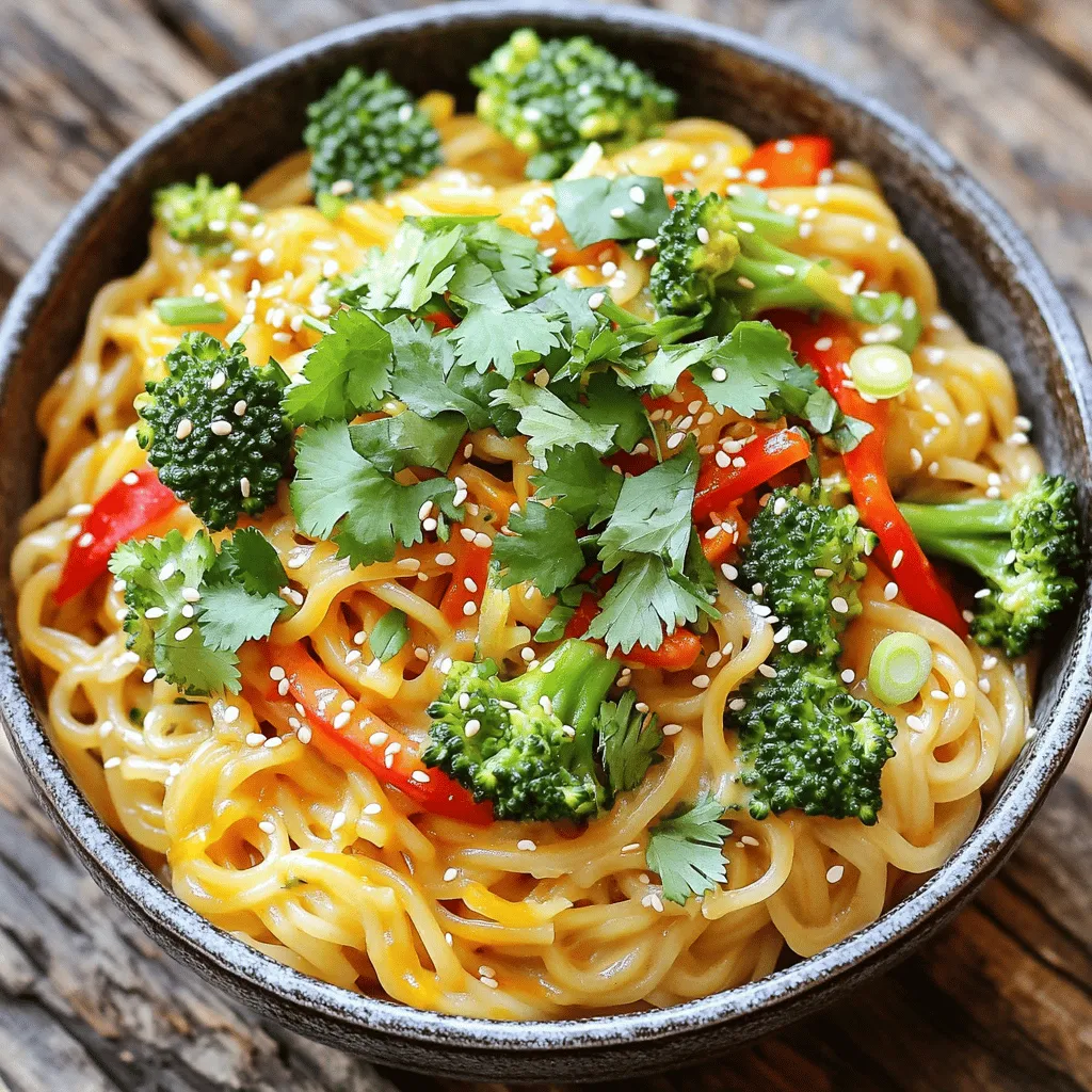 To make Vegan Thai Coconut Curry Noodles, you need fresh and vibrant ingredients. Here’s what you will need: - 200g rice noodles - 1 tablespoon coconut oil - 1 onion, sliced - 3 cloves garlic, minced - 1 tablespoon fresh ginger, grated - 1 red bell pepper, sliced - 1 cup broccoli florets - 1 carrot, julienned - 1 can (400ml) coconut milk - 2 tablespoons red curry paste - 2 tablespoons soy sauce - 1 tablespoon maple syrup - Juice of 1 lime - Fresh cilantro, for garnish - Sliced green onions, for garnish - Sesame seeds, for garnish These ingredients create a rich and creamy dish. The rice noodles soak up the curry sauce well. To enhance the flavors of your curry noodles, consider adding these optional ingredients: - Mushrooms for umami - Spinach for extra greens - Peas for a sweet bite - Chopped peanuts for crunch Adding these can make the dish even more delightful. Feel free to mix and match based on what you have at home. If you have specific dietary needs, here are some easy swaps: - Use gluten-free noodles if you need a gluten-free option. - Substitute coconut milk with almond milk for a lighter version. - Replace soy sauce with tamari for gluten-free cooking. - Use agave syrup instead of maple syrup for vegan sweetness. These substitutions help you enjoy this dish no matter your diet. You can still achieve rich flavors while keeping it aligned with your needs. For the full recipe, check [Full Recipe]. First, you need to cook the rice noodles. Follow the package instructions closely. Typically, you will boil water and add the noodles. Stir them gently for about 4-6 minutes. Keep an eye on them; you want them tender but not mushy. Once cooked, drain the noodles and set them aside. Next, grab a large skillet or wok. Heat one tablespoon of coconut oil over medium heat. Once hot, add one sliced onion. Sauté the onion for 2-3 minutes until it’s soft and clear. Then, add three minced garlic cloves and one tablespoon of grated ginger. Stir for just a minute until you smell that warm fragrance. Now, it’s time to add your veggies. Toss in one sliced red bell pepper, one cup of broccoli florets, and one julienned carrot. Sauté these for 5-7 minutes. You want them tender but still bright and colorful. In a bowl, mix the sauce. Start with one can of coconut milk. Add two tablespoons of red curry paste, two tablespoons of soy sauce, one tablespoon of maple syrup, and the juice of one lime. Stir this mixture until it’s well combined. Pour this sauce into your skillet with the sautéed vegetables. Let it simmer for a few minutes to blend the flavors. Now, it’s time to bring it all together. Add the drained rice noodles to the skillet. Gently toss everything until the noodles are well coated with the curry sauce. Heat it through for about 2-3 minutes. When serving, garnish with fresh cilantro, sliced green onions, and sesame seeds. Enjoy your Vegan Thai Coconut Curry Noodles! If you want more details, check out the Full Recipe. To get the ideal texture, follow these steps: - Use rice noodles. They soak up flavors well. - Cook them just until soft. Do not overcook, as they can turn mushy. - Rinse the noodles with cold water after cooking. This stops the cooking process. Let the noodles sit for a bit after rinsing. This helps them firm up. When you add them to the curry, they should be warm but not too hot. This way, they stay tender and delicious. For great flavor, focus on these tips: - Sauté onions until soft. This builds a good base. - Add garlic and ginger next. They add depth and warmth to the dish. - Use fresh lime juice. It brightens up the curry nicely. - Experiment with the red curry paste. Start with a bit, then add more for heat. Taste as you cook. Adjust the soy sauce and maple syrup to balance salty and sweet flavors. This makes your curry truly special. Garnishing makes your dish pop! Here are some ideas: - Use fresh cilantro for a burst of green color and flavor. - Top with sliced green onions for a nice crunch. - Sprinkle sesame seeds for extra texture and a nutty taste. Serve your Vegan Thai Coconut Curry Noodles in a bowl. Arrange the garnishes on top for a beautiful finish. Enjoy your artful creation! For the full recipe, check out the complete instructions above. {{image_2}} You can change the protein in this dish to suit your taste. Tofu is a great choice. It soaks up flavors well. Just press it to remove water, then cut it into cubes. Cook it until it's golden and crispy. Tempeh is another option. It has a nutty flavor and a firm texture. Slice it thin and sauté it with the vegetables. You can also try chickpeas for added protein. They are easy to use and add a nice texture. Feel free to play with the veggies in your curry. You can add snap peas for a nice crunch. Zucchini works well too; just slice it thin. Mushrooms can bring an earthy flavor. They pair well with coconut milk. You can even add spinach or kale for some greens. Both wilt nicely into the curry. Carrots and bell peppers are colorful, but you can try different colors too, like yellow or orange peppers. Adjusting the spice level is easy. If you like heat, add more red curry paste. Start with one extra teaspoon and taste as you go. For a milder dish, use less paste. You can also add coconut sugar to balance the heat. If the dish is too spicy, a splash of lime juice can help tone it down. Serve it with a side of rice to cool your palate. You can find the full recipe for Vegan Thai Coconut Curry Noodles to explore all these options! To keep your Vegan Thai Coconut Curry Noodles fresh, store them in an airtight container. Make sure to cool the noodles to room temperature before sealing them. This step helps prevent moisture buildup. You can store leftovers in the fridge for up to three days. When it’s time to enjoy your leftovers, reheat them gently. Use a stovetop pan for even heating. Add a splash of water or extra coconut milk to keep the noodles moist. Heat over low to medium heat, stirring often. This helps the flavors blend back together and keeps the noodles from sticking. You can freeze Vegan Thai Coconut Curry Noodles for longer storage. Place the cooled noodles in a freezer-safe container. Make sure to leave some space for expansion. They can last in the freezer for up to two months. When you are ready to eat, thaw in the fridge overnight and reheat as described above. The best noodle for Vegan Thai Coconut Curry Noodles is rice noodles. They are light and soak up the sauce well. Other options include soba or udon noodles, but rice noodles give a nice texture. They cook quickly and work perfectly with the flavors. Yes, you can make this dish gluten-free. Use gluten-free soy sauce or tamari instead of regular soy sauce. Rice noodles are already gluten-free, so you’re good to go. Always check labels to ensure no hidden gluten. To adjust the recipe for larger servings, simply multiply the ingredients. For example, if you want to serve eight people, double everything. Keep the cooking times similar, but check if you need a larger pan. This way, all the flavors mix well. Some great side dishes include: - Fresh spring rolls with peanut sauce - A simple cucumber salad - Steamed edamame - Crispy tofu bites These pair well and add more variety to your meal. When cooking with coconut milk, shake the can before opening it. This helps mix the cream and liquid. Use full-fat coconut milk for a rich sauce. Start with a small amount of curry paste, then taste and add more. It’s easier to add heat than to take it away. You learned how to make a tasty Vegan Thai Coconut Curry Noodles dish. We explored key ingredients, cooking steps, and useful tips. You can customize flavors and adjust spice as you like. Remember to store leftovers well or even freeze them for later. Enjoy mixing in your favorite proteins and veggies too. Making this dish lets you create great meals that fit your needs. Now, get cooking and enjoy every delicious bite!