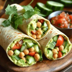 To make Chickpea Avocado Salad Wraps, you'll need the following items: - 1 can (15 oz) chickpeas, drained and rinsed - 2 ripe avocados, peeled and mashed - 1/2 cup cherry tomatoes, halved - 1/4 cup red onion, finely chopped - 1/2 cup cucumber, diced - 1/4 cup fresh cilantro, chopped - Juice of 1 lime - 1 teaspoon cumin - Salt and pepper to taste - 4 large whole wheat or spinach tortillas - Optional: lettuce leaves for added crunch If you have allergies or can't find something, here are some quick swaps: - Use black beans instead of chickpeas for a different flavor. - Swap avocados for hummus if you're in a pinch. - If you don’t have cherry tomatoes, regular tomatoes work just fine. Now, let's talk about the nutritional benefits of the main ingredients: - Chickpeas are high in protein and fiber. They help keep you full and support digestion. - Avocados are packed with healthy fats. They are great for heart health and provide vitamins. - Cucumbers add hydration and crunch. They are low in calories, making them a perfect snack. - Cilantro contains antioxidants. It can help fight inflammation and improve your overall health. These ingredients make a fresh and tasty meal that is good for you! For the full preparation guide, check the Full Recipe. First, gather your ingredients. You need a can of chickpeas, ripe avocados, cherry tomatoes, red onion, cucumber, cilantro, lime juice, cumin, salt, and pepper. 1. In a medium bowl, combine the chickpeas, mashed avocados, halved cherry tomatoes, chopped red onion, diced cucumber, and chopped cilantro. 2. Squeeze the lime juice over the mixture. Add the cumin, salt, and pepper. Mix gently. Be careful not to mash the chickpeas too much. You want some texture. Next, get your tortillas ready. You can use whole wheat or spinach tortillas for added flavor and nutrients. 1. Lay the tortillas flat on a clean surface. If you want extra crunch, place a few lettuce leaves on each tortilla. 2. Spoon the chickpea avocado salad mixture onto the center of each tortilla. Now, it’s time to wrap. 1. Fold the sides of the tortilla inward. 2. Roll from the bottom to the top. This keeps the filling secure. For a nice presentation, slice each wrap in half diagonally. Arrange them on a serving platter. To make it even better, serve your wraps with fresh salsa or yogurt on the side. A few sprigs of cilantro on top adds a vibrant touch. Check out the Full Recipe for more details! To keep your avocados fresh and green, mash them just before using. Add lime juice right after mashing. This juice slows browning and keeps the bright color. I like to mix in some cumin and fresh cilantro for a flavor boost. These spices add warmth and freshness to the dish. For easy assembly, gather these kitchen tools: - A bowl for mixing - A fork for mashing - A knife for chopping - A cutting board for prep - Measuring spoons for spices Pair your wraps with sides like carrot sticks or fresh fruit. A yogurt dip or salsa adds a nice touch. If you plan for meal prep, wrap each one tightly in foil or plastic wrap. They stay fresh for a few days in the fridge. For a balanced meal, serve the wraps with a side salad. Add leafy greens and a light vinaigrette. This combo gives you fiber and keeps your meal colorful and satisfying. Want the full details? Check the Full Recipe for more tips. {{image_2}} You can easily change up your chickpea avocado salad wraps. Here are some fun ideas: - Bell Peppers: Add diced bell peppers for a crunchy, sweet bite. - Corn: Mix in some corn for a sweet pop of flavor. - Feta Cheese: Crumble feta cheese on top for a salty finish. If you need a gluten-free option, use lettuce wraps instead of tortillas. You can also find gluten-free tortillas in stores. For those who want a vegan twist, skip the cheese and add more veggies. Use raw zucchini or shredded carrots for a fresh taste. Want a spicier kick? Try adding jalapeños or a sprinkle of chili powder. They add heat without overpowering the salad's fresh taste. You can also use different dressings to change the flavor. A splash of balsamic vinaigrette or a dollop of hummus can make it creamier and more exciting. These options keep your meal fresh and flavorful. For the full recipe, check out the Chickpea Avocado Salad Wraps. Enjoy your cooking! To keep your chickpea avocado salad wraps fresh, store them in a sealed container in the fridge. Make sure to eat them within three days. If you have extra salad mix, spoon it into a separate container. You can freeze the salad mixture for later use. Just place it in a freezer bag and squeeze out the air. It can last up to three months in the freezer. These wraps can stay fresh for about three days. Look for any signs of spoilage. If the wraps feel slimy or smell off, it’s time to toss them. Check the ingredients too. If the avocado turns brown or the tomatoes become mushy, it’s best to discard them. Enjoy your delicious wraps while they’re at their best! For the full recipe, visit the link provided. What are the health benefits of chickpeas and avocados? Chickpeas are packed with protein, fiber, and vitamins. They help keep you full and support digestion. Avocados are rich in healthy fats. They boost heart health and give you energy. Together, they make a great combo for a healthy diet. How can I make chickpea avocado wraps ahead of time? You can prepare the salad mixture in advance. Store it in the fridge in an airtight container. Just wrap it in tortillas when you are ready to eat. This keeps the tortillas fresh and prevents them from getting soggy. Can I use canned chickpeas for this recipe? Yes, using canned chickpeas is easy and convenient. Just drain and rinse them well before mixing. They save time and still taste great. What are some tips for making these wraps for meal prep or lunchboxes? To make them lunchbox-friendly, pack the salad separately. This keeps the tortillas from getting wet. You can also add some crunchy lettuce for extra texture. Wrap them tightly in foil or plastic wrap to keep them fresh. Chickpea avocado salad wraps are easy to make and packed with nutrition. We covered key ingredients, their benefits, and how to customize based on your needs. I shared step-by-step instructions to guide you in preparing and wrapping them perfectly. You learned helpful tips for storage and ways to make your meal prep easier. Remember, these wraps are versatile and can fit any diet. Enjoy playing with flavors and ingredients to suit your taste!