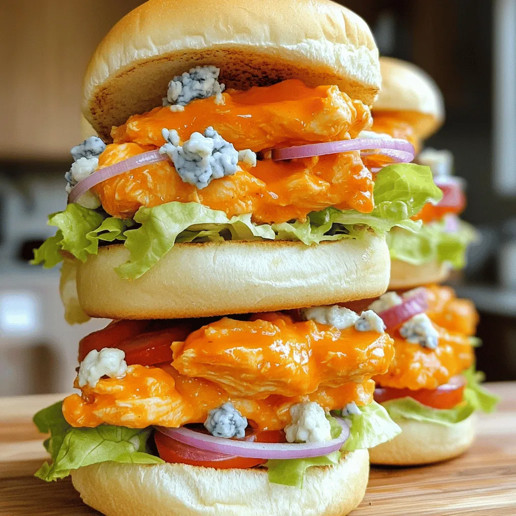 - 1 lb shredded cooked chicken (can be rotisserie chicken) - ½ cup buffalo sauce (adjust for heat preference) - 12 slider buns - 1 cup shredded lettuce - ½ cup diced tomatoes - ¼ cup sliced red onion - ½ cup blue cheese crumbles (optional) - ½ cup ranch dressing - 1 tablespoon olive oil - Salt and pepper to taste To make buffalo chicken sliders, gather these ingredients. You need shredded cooked chicken, which can be from a rotisserie. This saves time and adds flavor. Choose your buffalo sauce based on how spicy you want your sliders. Next, get slider buns. These small buns are perfect for holding the chicken. For toppings, grab some shredded lettuce, diced tomatoes, and sliced red onion. Blue cheese crumbles are great if you love that tangy flavor. Don’t forget ranch dressing for a nice creamy touch. For seasoning, you will use olive oil, salt, and pepper. Olive oil helps to heat the chicken mixture. Salt and pepper will enhance all flavors. This simple list of ingredients makes a big taste. The full recipe shows you how to put it all together. Enjoy your cooking! - Combine shredded chicken and buffalo sauce in a mixing bowl. Mix it well until the chicken is fully coated. - Heat the mixture in a skillet over medium heat. Add a little olive oil to the skillet, then add the chicken. Stir occasionally for about 5 to 6 minutes until warm. - Cut slider buns in half to prepare them. - Lightly toast the buns in a skillet or oven until they are golden brown. This step adds a nice crunch and flavor. - Place a generous scoop of the buffalo chicken mixture on the bottom half of each slider bun. - Add your favorite toppings like shredded lettuce, diced tomatoes, and red onion slices. - Optionally, sprinkle blue cheese crumbles on top for extra flavor. Drizzle ranch dressing over the toppings, then place the top half of the bun on each slider. Enjoy your tasty Buffalo Chicken Sliders! For the full recipe, check out the detailed instructions above. To make your sliders perfect, start by adjusting the buffalo sauce. You can make it spicier or milder based on your taste. If you like heat, add more sauce. If you prefer less heat, use less. This way, everyone can enjoy the sliders. Another tip is to toast the buns. Toasting adds great flavor and keeps the buns from getting soggy. You can toast them in a skillet or the oven. Aim for a golden brown color for the best texture. For sides, I recommend crispy fries or fresh veggies. Both complement the sliders well. You can also serve them with a side of chips for some crunch. For dipping sauces, ranch dressing goes perfectly. You can also try blue cheese or even a spicy mayo. These sauces add more flavor and fun to your meal. Serve your sliders warm for the best taste. They taste amazing fresh off the skillet. You can also serve them cold, but warm is best. For a party, arrange the sliders on a big platter. Add some colorful toppings on the side. This makes a great presentation and invites people to dig in. Enjoy your tasty buffalo chicken sliders! {{image_2}} You can swap out chicken for turkey or pork. Both meats work well with buffalo sauce. Turkey has a lighter taste, while pork adds a rich flavor. You can also try vegetarian options. Use cauliflower or chickpeas to mimic the texture of chicken. Toss them in buffalo sauce for that classic taste. Choosing the right bun can change your sliders. Whole wheat buns add a nutty taste. Gluten-free buns are great for those with dietary needs. If you want a fun twist, consider lettuce wraps. They are fresh and low-carb, making them perfect for a lighter meal. You can spice things up with different sauces. Try mixing in some ranch or garlic sauce with the buffalo sauce for a creamy kick. Unique toppings can also elevate your sliders. Adding slices of avocado brings creaminess, while jalapeños add heat. Don't be afraid to mix and match flavors to find your favorite. After making your buffalo chicken sliders, store leftovers in a sealed container. This keeps them fresh. You can also wrap them in plastic wrap. Keep the sliders in the fridge for up to three days. To maintain freshness, make sure they cool before sealing. This prevents moisture buildup. Yes, buffalo chicken sliders can be frozen. To freeze, wrap each slider tightly in foil. Place them in a freezer bag or airtight container. They can last up to three months in the freezer. For the best results when reheating, thaw sliders in the fridge overnight. Then, heat them in the oven at 350°F for about 10-15 minutes. This keeps the buns soft and the chicken warm. Buffalo chicken sliders stay good for about three days in the fridge. Signs of spoilage include a sour smell or mold. If the chicken looks dry or discolored, do not eat it. Always check the sliders before enjoying them again. Yes, you can prepare buffalo chicken sliders in advance. To do this, you can cook the chicken and mix it with the sauce a day before. Store it in the fridge. When ready to serve, heat the mixture in a skillet. Toast the buns just before serving for freshness. This helps keep everything warm and tasty. I recommend using a sauce that you enjoy. Store-bought sauces vary in heat and flavor. Some popular brands include Frank's RedHot and Texas Pete. If you want to try homemade, mix hot sauce, butter, and a bit of vinegar. This way, you can control the flavor and heat level. To adjust the heat, change the amount of buffalo sauce you use. For spicier sliders, add more sauce. For milder sliders, use less sauce or mix in some ranch dressing. You can also try adding honey for sweetness, which can balance the heat. Check out the full recipe for Buffalo Chicken Sliders with Creamy Ranch [here](#). Buffalo chicken sliders offer great taste and easy preparation. We discussed key ingredients, like shredded chicken, buffalo sauce, and slider buns. I shared tips for perfecting your sliders with the right toppings and serving suggestions. You can even explore variations using turkey or veggie options. These sliders are perfect for any gathering. Remember to store leftovers properly and enjoy the flavors later. With our tips, you're ready to make tasty sliders at home. Fill your plate with great taste and fun!