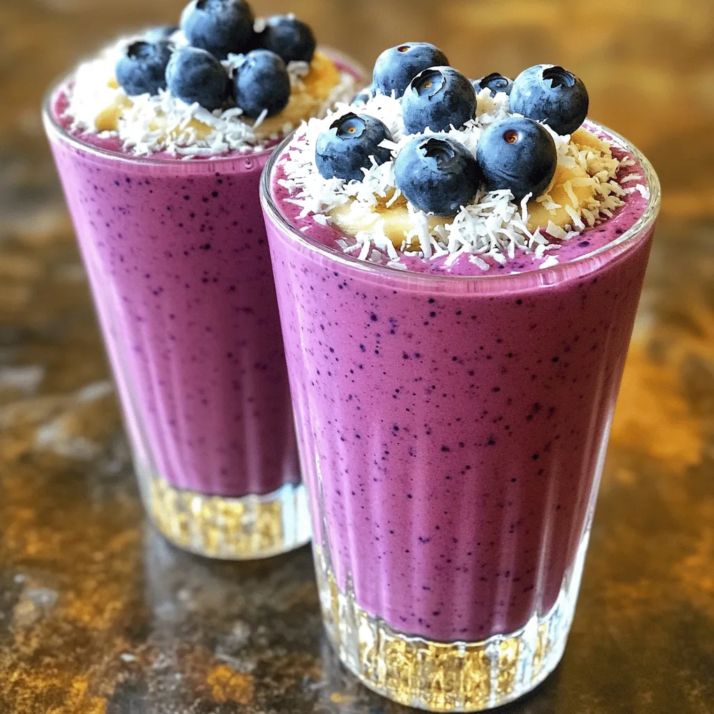 - 1 cup fresh or frozen blueberries - 1 cup coconut milk - 1 banana, frozen - 1 tablespoon honey or maple syrup (optional) - 2 tablespoons shredded coconut - 1 tablespoon chia seeds - Ice cubes (optional, for a thicker texture) You can use fresh or frozen blueberries. Both work well. Coconut milk gives a rich flavor, but almond milk is a good substitute. A ripe banana adds creaminess. If you don’t have honey, maple syrup is great too. Shredded coconut adds texture, but you can skip it if you want. Chia seeds boost nutrition but can be left out if needed. Blueberries are full of antioxidants, which help fight free radicals. They also support brain health. Coconut milk is creamy and rich in healthy fats. It gives you energy. Bananas provide potassium, which is good for your heart. Chia seeds offer fiber and protein, helping you stay full longer. This smoothie is not just tasty; it is also good for your body! To make the Coconut Blueberry Smoothie, gather your ingredients first. You need: - 1 cup fresh or frozen blueberries - 1 cup coconut milk - 1 frozen banana - 1 tablespoon honey or maple syrup (optional) - 2 tablespoons shredded coconut - 1 tablespoon chia seeds - Ice cubes (optional) Start by measuring each ingredient. If you use fresh blueberries, wash them well. Next, peel and slice the frozen banana. This makes it easier to blend. Add all the ingredients to your blender. Start with the coconut milk to help the blending process. Then add the blueberries, banana, honey, shredded coconut, and chia seeds. Blend on high until the mix is smooth. If you want a thicker smoothie, toss in a few ice cubes and blend again. Make sure to scrape down the sides of the blender for an even mix. This step helps to ensure that every sip is tasty. Once blended, taste the smoothie. If you think it needs more sweetness, add a bit more honey. Blend briefly again to mix. Pour the smoothie into two glasses. For a lovely touch, sprinkle some shredded coconut on top. You can also add a few whole blueberries for decoration. Enjoy your refreshing drink right away! To boost the flavor of your Coconut Blueberry Smoothie, try adding a squeeze of lime. Lime gives a bright taste that mixes well with blueberries. You can also use vanilla extract for warmth. A pinch of cinnamon can add a nice twist. Make sure to blend all these ingredients well for an even taste. For a creamy smoothie, blend the frozen banana with the other ingredients. If the smoothie is too thick, add more coconut milk. If you like it thicker, toss in a few ice cubes. Always blend until smooth, stopping to scrape the sides as needed. This will help you reach that perfect texture. One common mistake is not using frozen fruit. Fresh fruit can make the smoothie too runny. Another mistake is not blending long enough. If you stop too soon, your smoothie might be lumpy. Finally, avoid adding too much liquid at once. Start with a little and add more if needed. For the full recipe, check the instructions above! {{image_2}} You can swap out some ingredients in the Coconut Blueberry Smoothie. Try using almond milk instead of coconut milk for a nutty twist. If you don’t have blueberries, strawberries or raspberries work great too. You can also add spinach for extra greens. For a different texture, use oatmeal instead of chia seeds. Each change brings new flavors and nutrients. Seasons can inspire fun changes to this recipe. In summer, use fresh berries that are in season. In fall, try adding a pinch of cinnamon for warmth. Winter calls for using frozen fruits that keep your smoothie cold. In spring, mix in some fresh mint leaves for a refreshing taste. Adjusting for the season keeps the drink exciting. Boost your smoothie with protein or supplements. Add a scoop of your favorite protein powder for a filling meal. Greek yogurt is another option for creaminess and protein. If you want more fiber, consider adding ground flaxseed. For extra vitamins, toss in a scoop of green powder. These additions make your smoothie even more nourishing. For the complete recipe, check out the [Full Recipe]. If you have leftover Coconut Blueberry Smoothie, store it in an airtight container. Keep it in the fridge and use it within 24 hours for the best taste. The smoothie may separate, so give it a good shake or stir before drinking. Freezing smoothie packs is a great way to save time. Use small bags or containers to store your ingredients. Measure out the blueberries, banana, shredded coconut, and chia seeds. Label each pack with the date. When you’re ready to blend, just add coconut milk and any other extras. Smoothies can be reused in fun ways. You can turn leftover smoothies into popsicles. Just pour them into molds and freeze. Another idea is to mix them into yogurt or oatmeal. You’ll have a tasty, nutritious breakfast. Enjoy the full recipe and explore these ideas for a healthy twist! A Coconut Blueberry Smoothie is packed with nutrients. Blueberries are full of antioxidants. They help fight off diseases and keep your heart healthy. Coconut milk adds healthy fats, which can boost your energy. It also helps improve digestion. Chia seeds provide fiber and protein, making you feel full. Overall, this smoothie supports your immune system and helps you stay nourished. Yes, you can easily make this smoothie vegan. Simply use coconut milk, which is already plant-based. For sweetness, choose maple syrup instead of honey. This way, you can enjoy a delicious and creamy vegan treat. You won't lose any flavor or nutrition by making these swaps. You can sweeten your smoothie naturally with a few options. Use ripe bananas for natural sweetness. They add creaminess and flavor without extra sugar. You can also add a touch of maple syrup or honey. If you want something different, try dates or agave syrup. Just blend them in with the other ingredients until smooth. In this blog post, we explored the ingredients for a Coconut Blueberry Smoothie. We discussed the measurements, health benefits, and tips for a great blend. I shared ways to enhance flavor and avoid common mistakes. You learned about variations and storage tips. A smoothie can be tasty, healthy, and easy to make. With this guide, you can enjoy it any time! Remember to mix things up based on what you like. Enjoy your smoothie journey!