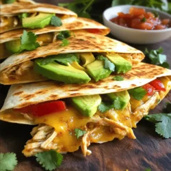 - 2 large flour tortillas - 1 cup cooked chicken, shredded - 1 ripe avocado, sliced - 1 cup shredded cheese (cheddar or a Mexican blend) - 1/2 red bell pepper, sliced - 1/2 cup corn (canned or frozen) - 1 teaspoon cumin - 1 teaspoon chili powder - 2 tablespoons olive oil - Salt and pepper to taste - Fresh cilantro or parsley for garnish (optional) - Salsa or sour cream for serving To make these chicken avocado quesadillas, gather your ingredients. Start with the main items: tortillas, chicken, avocado, and cheese. These create the base of our dish. Next, the additional ingredients add flavor and color. Red bell pepper and corn work great together. They give a nice crunch. Cumin and chili powder add warmth and depth. Now, don’t forget the seasoning. A little salt and pepper can make a big difference. If you want, you can add fresh herbs like cilantro or parsley for a fresh touch. Finally, salsa or sour cream is perfect for dipping. You can find the full recipe above. Enjoy your cooking! - Combine chicken with spices - Sauté red bell pepper and corn Start by mixing the shredded chicken with cumin, chili powder, salt, and pepper. This gives your chicken great flavor. Make sure every piece is coated well. Next, heat one tablespoon of olive oil in a non-stick skillet over medium heat. Add the sliced red bell pepper and corn. Sauté them for 3-4 minutes until the bell peppers soften. This adds a nice crunch and sweetness to your quesadilla. - Layer ingredients on tortilla - Cook quesadilla until golden brown Now, take one flour tortilla and place it in the same skillet. Layer half of the chicken, sautéed bell pepper, corn, sliced avocado, and half of the cheese on one side of the tortilla. Fold the tortilla in half, pressing it down gently with a spatula. Cook it for about 3-4 minutes until the bottom turns golden brown and the cheese melts. Carefully flip the quesadilla and cook for another 3-4 minutes on the other side until it's crispy and golden. Repeat this step with the second tortilla and remaining ingredients. - Cut quesadilla into wedges - Serve with salsa or sour cream Once both quesadillas are cooked, take them out of the skillet. Cut each one into wedges for easy serving. You can garnish with fresh cilantro or parsley if you like. Serve them warm with salsa or sour cream on the side. Enjoy every bite of your delicious Chicken Avocado Quesadillas! For a full recipe, check the earlier section on ingredients and preparation. To make the best quesadilla, use a non-stick skillet. This helps with easy flipping. I always check that the cheese is fully melted before serving. If the cheese is not melted, the quesadilla can feel dry. Add a splash of lime juice for a fresh taste. It brightens the flavor and makes it pop. If you like heat, jalapeños are a great choice. They add a spicy kick that pairs well with avocado. Maintaining even heat is key. Start on medium heat and adjust as needed. Cook each side for about 3-4 minutes. This timing gives you a crispy quesadilla without burning it. The goal is a golden brown finish that looks appetizing and delicious. {{image_2}} You can easily change the tortillas. Try whole wheat or gluten-free ones. They taste great too! If you want a fun twist, swap chicken for shrimp or veggies. Shrimp adds a nice seafood flavor, while veggies make it lighter. Bell peppers, mushrooms, or spinach work well. Cheese is key in quesadillas. For a spicy kick, use pepper jack cheese. It melts well and adds heat. You can also try feta for a tangy taste. Mixing cheeses can boost flavor. A blend of cheddar and mozzarella makes a creamy, rich quesadilla. Quesadillas are great on their own but pair well with sides. A fresh side salad adds crunch. Guacamole provides creaminess and a fresh taste. For fun, create a quesadilla platter. Cut them into wedges to share. Add salsa or sour cream for dipping. Explore these variations to find your favorite combo. For the full recipe, check the Chicken Avocado Quesadillas section above. To keep your quesadillas fresh, place them in an airtight container. This helps stop air from making them soggy. You can store them in the fridge for up to four days. It’s best to let them cool first before storing. If you want to reheat them, you can enjoy them just as tasty as when you made them. When you're ready to eat leftover quesadillas, try using a skillet. Heat it on medium-low. Place the quesadilla in the skillet and cover it. This keeps the heat in and warms them up well. Cook for about 5 minutes on each side until they are hot and crispy. You can also use an oven set to 350°F. Just bake for about 10 minutes. This method helps keep them crunchy. If you want to freeze uncooked quesadillas, wrap them tightly in plastic wrap. Then, place them in a freezer bag. They can stay in the freezer for up to three months. When you're ready, take them out and let them thaw in the fridge overnight. Cook them as you normally would, and they will be just as good as fresh. Enjoy your Chicken Avocado Quesadillas any time! For the full recipe, check above. I love using a blend of cheddar and mozzarella. Cheddar gives a nice flavor, while mozzarella melts perfectly. Other good choices are Monterey Jack and pepper jack for some spice. The best cheese has a good meltability, so try to avoid hard cheeses like Parmesan. Yes, you can prep quesadillas in advance! Just assemble them, but do not cook yet. Wrap each one in plastic wrap or foil. Store them in the fridge for up to two days. When ready, just cook them as per the [Full Recipe]. Absolutely! You can batch cook the chicken and veggies. Portion them into containers, and fill your tortillas when ready to eat. This makes for a quick meal during busy days. Just remember, fresh quesadillas taste best when cooked right before serving. To get crispy quesadillas, use a hot skillet. Heat it well before adding oil. Use enough oil to coat the pan lightly. Cook each side until golden brown, which should take about 3-4 minutes. Press down gently while cooking to help crisp up the edges. This blog post walked you through making delicious quesadillas. You learned about the key ingredients like tortillas, chicken, and cheese. We covered step-by-step instructions for preparation and cooking. Helpful tips showed how to enhance flavors and achieve crispy texture. In the end, quesadillas are versatile and easy to make. With simple swaps, you can customize them to suit your taste. Enjoy experimenting with new flavors and share your creations!