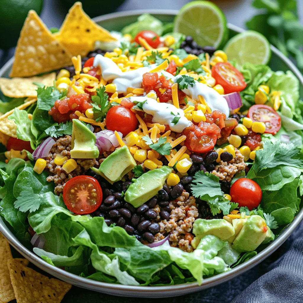 The main ingredients create a bold and tasty taco salad. You start with: - 1 pound ground turkey or beef - 1 packet taco seasoning - 1 can (15 oz) black beans, rinsed and drained - 1 can (15 oz) corn, drained These ingredients form the heart of your dish. The ground meat provides protein, while the beans and corn add fiber and sweetness. Taco seasoning gives it that classic kick. Fresh produce adds crunch and bright flavors. Here’s what you need: - 1 head of romaine lettuce, chopped - 1 cup cherry tomatoes, halved - 1 ripe avocado, diced - 1/2 cup red onion, finely chopped Romaine lettuce is crisp and refreshing. Cherry tomatoes burst with flavor. Avocado adds creaminess, while red onion gives a sharp contrast. Together, they make your salad vibrant and healthy. Toppings and garnishes elevate your taco salad. You will want: - 1 cup shredded cheddar cheese - 1/2 cup salsa - 1/2 cup sour cream - Tortilla chips for garnish - Fresh cilantro for garnish (optional) The cheese adds richness, while salsa and sour cream offer tang. Crunchy tortilla chips provide texture, and cilantro brightens the dish. Each bite will be a delightful explosion of flavors. For the full recipe, please refer to the [Full Recipe]. To start, you need to cook the ground turkey or beef. Heat a skillet over medium heat. Add the meat and break it apart with a spatula. Cook until it turns brown and is no longer pink. This usually takes about 5 to 7 minutes. Make sure to drain any extra fat once it's done. Next, it's time to spice it up! Add the taco seasoning to the cooked meat. Pour in 2/3 cup of water to help the flavors mix. Stir the meat well and let it simmer for about 5 minutes. This will make the sauce nice and thick. Now, grab a large salad bowl. Start by layering the chopped romaine lettuce evenly at the bottom. This forms a great base for your salad. Next, add the cooked taco meat right on top of the lettuce. After that, sprinkle the black beans and corn over the meat. The colors will look amazing! Then, layer on the halved cherry tomatoes, diced avocado, and finely chopped red onion. This adds freshness and flavor. Finish it off by sprinkling shredded cheddar cheese over the whole salad. Serving a taco salad is fun and easy! I suggest serving it right away to keep everything fresh and crunchy. For a delightful touch, garnish with tortilla chips on the side. You can also add fresh cilantro for extra flavor. Don’t forget the lime wedges! They add a zesty kick when squeezed over the salad. For the full recipe, check out the Taco Fiesta Salad. Enjoy your flavorful and fresh meal! To keep your meat juicy, start with a good fat content. If you use ground turkey, choose a blend with some fat. This fat helps prevent dryness. Cook the meat over medium heat. Stir often to break it up. This keeps it from clumping and helps it cook evenly. Season your meat well. Add taco seasoning after draining any fat. Mix in about 2/3 cup of water. Let it simmer for five minutes. This allows the seasoning to soak in, making the meat flavorful. Layering is key for a tasty taco salad. Start with fresh romaine lettuce at the bottom. This base keeps the salad crisp. Add the taco meat, black beans, and corn next. These ingredients are hearty and add great flavor. To prevent sogginess, add toppings like tomatoes and avocado last. This keeps them fresh and vibrant. Drizzle salsa and sour cream on top. This ensures each bite has a mix of flavors. Make your salad unique by adding your favorite toppings. Try sliced jalapeños for heat or olives for a briny touch. You can also swap in different cheeses, like pepper jack or feta. If you enjoy spice, consider adding hot sauce or extra salsa. If you prefer mild, stick with creamy dressings. This way, your taco salad fits your taste perfectly. For a full recipe, check out the Taco Fiesta Salad. {{image_2}} For a lighter taco salad, switch to leaner meats like ground turkey. You can also use tofu instead of meat. Tofu picks up flavors well and adds a nice texture. For dressings, opt for lower-calorie options like yogurt-based dressings. These choices keep the meal fresh but cut down on calories. You can make your own vinaigrette to add a zesty kick. A mix of lime juice, olive oil, and spices makes a great base. If you prefer creamy dressings, try Greek yogurt mixed with salsa. This offers flavor without extra fat. Both options enhance the taste while keeping it fun and fresh. If you want to change things up, consider popular substitutes. For example, swap black beans for kidney beans. If you need gluten-free options, use corn tortillas instead of regular chips. Always think about dietary needs too. If someone is vegan, skip the meat and cheese. These simple changes keep everyone happy while enjoying the meal. Check out the Full Recipe for a delicious guide! To keep your taco salad fresh, store it in an airtight container. I like to separate the wet and dry ingredients. This helps keep the salad crisp. Use glass or plastic containers with tight lids. They are easy to stack in the fridge. Reheating taco salad can be tricky. You want to keep the flavor and texture. Only reheat the meat if needed. Warm it gently on the stove or in the microwave. Keep the veggies and toppings cold. Add them back to the salad after reheating the meat. Can you freeze taco salad? It’s best not to freeze the whole salad. Some ingredients don’t freeze well. You can freeze the cooked meat and beans. They will last about three months in the freezer. Always store them in airtight bags. When ready to eat, thaw them in the fridge overnight. A classic taco salad stays fresh for about three days in the fridge. To keep it nice, store it in an airtight container. If you mixed all the toppings with the salad, it may get soggy faster. I suggest you keep the toppings separate if possible. Just add them when you're ready to eat. Yes, you can make taco salad ahead of time. Prepare the meat and chop the veggies in advance. Store them in separate containers. This way, you keep the flavors fresh. When you're ready to eat, just layer everything in a bowl. It’s quick and easy! You can get creative with taco salad toppings! Here are some fun ideas: - Jalapeños for heat - Black olives for a briny kick - Fresh corn for sweetness - Diced bell peppers for crunch - Greek yogurt instead of sour cream for a twist - Fresh herbs like cilantro for flavor For a full recipe, check out the Taco Fiesta Salad. You now know how to make a classic taco salad that's both tasty and easy. We covered the main ingredients like ground meat, fresh produce, and flavorful toppings. I shared tips for cooking the meat perfectly and assembling a visually appealing salad. With variations and storage tips, you can adapt this dish to suit your needs. Enjoy creating your own taco salad and impressing friends or family with your skills! A great meal is just a few layers away.