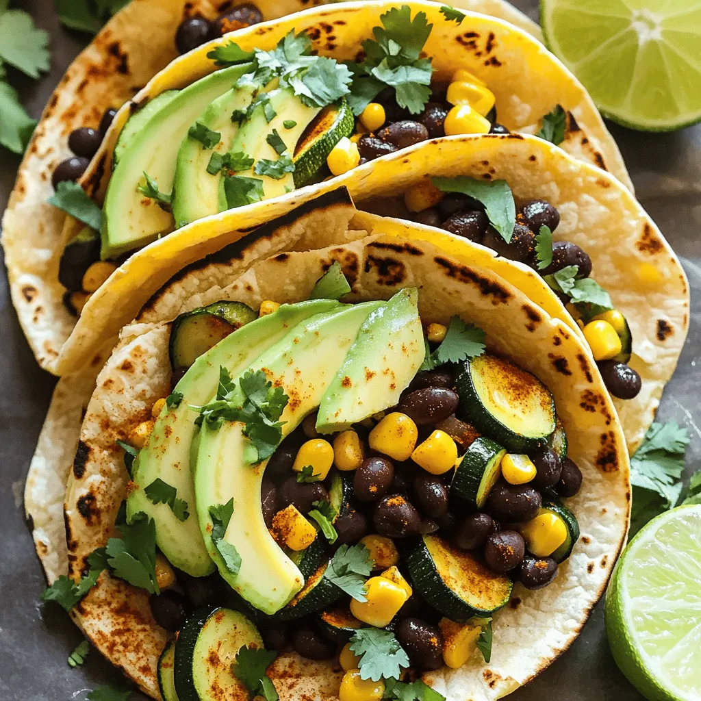 - 2 medium zucchinis, diced - 1 can (15 oz) black beans, drained and rinsed - 1 avocado, sliced - 1 cup corn (fresh or frozen) Zucchini gives these tacos a fresh crunch. Black beans add protein and fiber. Avocado provides creaminess and flavor. Corn brings sweetness and pops of color. - 1 tablespoon olive oil - 1 teaspoon cumin - 1 teaspoon smoked paprika - 1/2 teaspoon chili powder - Salt and pepper to taste Olive oil helps cook the veggies. Cumin provides earthiness. Smoked paprika adds depth and warmth. Chili powder gives a hint of heat. Salt and pepper enhance all the flavors. - 8 small corn or flour tortillas - Fresh cilantro, chopped for garnish - Lime wedges for serving Tortillas hold all the goodness inside. Cilantro adds brightness. Lime wedges squeeze on top for a zesty finish. For the full recipe, follow the steps I’ve laid out. Enjoy creating these flavorful and easy tacos! Start by sautéing the zucchini and black beans. Heat a large skillet over medium heat and add one tablespoon of olive oil. Once the oil is hot, toss in two medium zucchinis, diced into small pieces. Sauté for about five minutes until they begin to soften. Next, add a can of black beans, drained and rinsed. Then stir in one cup of corn, cumin, smoked paprika, chili powder, salt, and pepper to taste. Cook for another five to seven minutes. This step brings out the rich flavors. Now, let’s warm the tortillas. You can use a dry skillet over low heat. Place the tortillas in the skillet for about one minute on each side. This method keeps them soft and warm. Another option is to wrap the tortillas in foil and place them in a preheated oven at 350°F for about ten minutes. This way, they stay pliable and easy to fold. Once the filling is ready and the tortillas are warm, it’s time to assemble the tacos. Take a tortilla and add a generous scoop of the zucchini and black bean mixture. Layer it well, so each bite is full of flavor. Top with sliced avocado and chopped cilantro for a fresh finish. Serve with lime wedges on the side. Squeezing lime adds a zesty kick. For the full recipe, check out the detailed instructions. To make your zucchini black bean tacos shine, adjust the seasoning to your taste. Start with salt and pepper, then add more cumin or paprika if you like. Spice can change the whole dish. Try adding fresh lime juice for a zesty kick. For toppings, think beyond the basics. You can add sliced jalapeños for heat or crumbled feta for creaminess. Fresh salsa or guacamole can also enhance the flavor. Don't be afraid to mix and match toppings to find your favorite combo. You can cook the filling in different ways. Grilling the zucchini gives it a nice smoky flavor. Just slice the zucchini and grill it until tender. Baking is another option. Simply spread the mixture on a baking sheet and roast it in the oven until bubbly. When sautéing vegetables, heat the oil first. This allows for even cooking. Keep the heat at medium to avoid burning. Stir frequently to ensure everything cooks evenly. This method brings out the best flavors in the zucchini and black beans. Pair your tacos with sides for a complete meal. A simple green salad or corn salsa works well. Serve with a side of chips and salsa for crunch. For a fun twist, try stacking your tacos on a platter. You can arrange them with colorful toppings on top. This not only looks great but makes it easier for guests to serve themselves. Enjoy these tasty zucchini black bean tacos with your favorite sides and drinks. For the full recipe, check out the instructions above. {{image_2}} You can switch up the beans or veggies in your tacos. Try pinto beans or chickpeas for a different taste. If you like more crunch, add bell peppers or spinach. You can also use gluten-free tortillas. Corn tortillas are a great option. They add a nice flavor and texture. Look for brands that are certified gluten-free. Want to spice things up? You can add jalapeños or cayenne pepper for heat. For a fresh taste, use herbs like cilantro or parsley. Mixing in some fresh lime juice can also brighten the flavor. Experiment with your favorite spices, like oregano or garlic powder, to create your own unique blend. For a non-vegan twist, sprinkle some cheese on top. Feta or cotija cheese adds a nice salty touch. You can also add salsa or hot sauce to give your tacos extra flavor. A simple avocado crema made with avocado and yogurt can bring creaminess to each bite. Don't be afraid to get creative with your toppings! To keep your leftover tacos fresh, store them in an airtight container. Place the tacos in the fridge right after eating. This way, they stay cool and tasty. If you want to save them for longer, you can freeze the filling. Just put it in a freezer-safe bag. Make sure to squeeze out air to avoid freezer burn. You can freeze the filling for up to three months. When you are ready to eat your tacos again, heat the filling gently. The best way is to use a skillet on low heat. Stir it often so it warms up evenly. If the filling seems dry, add a splash of water or oil. For the tortillas, warm them in a dry pan for a minute on each side. This helps them stay soft and ready to fold. In the fridge, your tacos will last about three days. Keep an eye out for any changes in smell or texture. If they smell off or look mushy, it is time to toss them. For frozen filling, thaw it in the fridge overnight before reheating. Always check for signs of spoilage before enjoying your meals again. Yes, you can prepare these tacos ahead. Cook the filling of zucchini and black beans. Store it in an airtight container in the fridge. This filling stays fresh for about three days. When ready to eat, warm the filling in a skillet. Heat your tortillas separately, then assemble. This saves time during busy meals. Yes, these tacos are both dairy-free and vegan. They contain no animal products. The black beans and zucchini provide great nutrition. You can enjoy them without worry about any dairy. They fit perfectly in a plant-based diet. To add heat, include diced jalapeños in the filling. You can also add more chili powder. Try a dash of hot sauce for extra spice. If you like a smoky flavor, use chipotle powder. Adjust these spices to fit your taste. Enjoy the kick in your tacos! These tacos are tasty and easy to make. We covered the main ingredients like zucchini, black beans, and avocado. Seasoning with olive oil and spices brings great flavor. Remember to warm your tortillas well. Feel free to get creative with toppings or ingredients. You can switch out veggies or spices as you like. Store leftovers right to keep them fresh. Enjoy your tacos as a fun meal anytime!