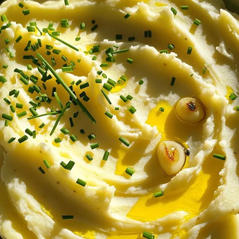 To make roasted garlic mashed potatoes, you need some simple, fresh ingredients. Here’s what you will need: - 2 pounds Yukon gold potatoes - 1 head of garlic - 1 cup heavy cream - 4 tablespoons unsalted butter - 1 teaspoon salt - ½ teaspoon black pepper - 2 tablespoons fresh chives (optional) - Extra virgin olive oil Yukon gold potatoes work best for this dish. They are smooth and creamy. The roasted garlic adds a sweet, rich flavor and makes these potatoes special. Heavy cream and butter bring the ultimate creaminess. If you want to add a pop of color and fresh taste, use chives as a garnish. A drizzle of olive oil on top adds extra flavor. For the full recipe, check the earlier section. Now that you have your ingredients ready, let’s start cooking! First, preheat your oven to 400°F (200°C). Take one head of garlic and slice off the top. This step exposes the cloves. Drizzle a bit of olive oil over the exposed cloves. Next, wrap the garlic head in foil. Roast it in the oven for about 30 to 35 minutes. The garlic should be soft and caramelized when done. After roasting, let it cool for a few minutes. Then, squeeze the roasted cloves into a bowl. While the garlic roasts, prepare the potatoes. Peel and cube 2 pounds of Yukon gold potatoes. Place the cubed potatoes in a large pot and cover them with cold water. Add 1 teaspoon of salt to the pot. Bring the water to a boil. Cook the potatoes until they are tender, which takes about 15 to 20 minutes. You can check their tenderness by piercing them with a fork. Once the potatoes are cooked, drain them well. Return the drained potatoes to the pot over low heat. Let them steam dry for a couple of minutes. This step helps remove excess moisture. Next, add the roasted garlic cloves, heavy cream, and butter to the potatoes. Use a potato masher or a mixing bowl to mash everything together. Keep mashing until you reach your desired creaminess. Now, stir in salt and black pepper to taste. Adjust the seasonings as needed. For a lovely presentation, drizzle a touch of olive oil on top. You can also sprinkle fresh chives over the mashed potatoes. If you like, add a few more roasted garlic cloves on top for extra flavor. For the full recipe, check the details above. For the best flavor and texture, I suggest using Yukon gold potatoes. They are creamy and sweet, perfect for mashing. Another good option is Russet potatoes, which yield a fluffy mash. When picking potatoes, look for smooth skin and no blemishes. The right texture is key. You want potatoes that are waxy but not too starchy. This balance helps achieve that perfect, creamy consistency. Timing is crucial for roasting garlic. You need to preheat the oven to 400°F (200°C). Slice the top off the garlic head, drizzle it with olive oil, and wrap it in foil. Roast it for 30-35 minutes. This method brings out the sweet, caramelized flavor. Keep an eye on it to avoid burning. If garlic turns dark or bitter, it’s overcooked. You want it to be soft and golden. To mash your potatoes, I recommend using a potato masher or a ricer. These tools help create a smooth texture without lumps. For creaminess, add heavy cream and butter to the potatoes while mashing. You can adjust the amount to get your desired texture. If you want it creamier, add more cream. For a thicker mash, use less cream. The key is to mix until it’s just right for you. For the full recipe, check out the complete details above! {{image_2}} You can use different potatoes for mashed potatoes. Yukon gold potatoes are great, but russets also work well. They create a fluffier texture. You can even try red potatoes. They add a nice color and flavor. If you want dairy-free mashed potatoes, swap heavy cream for almond or coconut milk. These options keep the dish creamy. You can also use vegan butter or olive oil for richness. Add herbs and spices to boost flavor. Fresh rosemary or thyme pairs nicely with garlic. A pinch of nutmeg can add warmth to the dish. You can also try smoked paprika for a kick. Incorporating cheese is another tasty idea. Cream cheese makes it extra creamy. Cheddar adds a sharp flavor. You can even mix in goat cheese for a tangy twist. Roasted garlic mashed potatoes pair well with many main dishes. Try them with roasted chicken or grilled steak. They also go great with a veggie dish for a lighter meal. For serving, get creative! Present them in a beautiful bowl. You can even pipe them onto a plate for a fancy look. Don't forget to drizzle some olive oil on top for extra flair. For the full recipe, check out the Creamy Garlic Bliss Mashed Potatoes section. To keep your roasted garlic mashed potatoes fresh, store them in an airtight container. Place them in the fridge within two hours after cooking. This helps prevent bacteria growth. Use them within three to five days for the best taste. If you want to keep them longer, try freezing them. They can last for up to three months in the freezer. You can reheat your mashed potatoes in different ways. The microwave is quick but may dry them out. To use the microwave, place the potatoes in a bowl. Cover them with a damp paper towel and heat in short bursts. Stir after each burst to ensure even heating. The stovetop gives better results for creaminess. Put the mashed potatoes in a pot over low heat. Add a splash of heavy cream or milk to restore the creamy texture. Stir gently until hot. This method keeps the potatoes smooth and delicious. For any leftovers, check out the Full Recipe for more tips on making these mashed potatoes shine! It takes about 15 minutes to prep and 60 minutes to cook. You need 30-35 minutes to roast the garlic. While the garlic roasts, boil the potatoes for 15-20 minutes. After that, you can mash everything together and season it. This dish is quick, easy, and perfect for any meal. Yes, you can make these mashed potatoes ahead of time. Prepare them and store them in the fridge for up to two days. Reheat them on the stove or in the microwave. If they seem dry, add a splash of cream or warm water to restore their rich texture. These mashed potatoes pair well with many dishes. They go great with roasted chicken, grilled steak, or baked fish. You can also serve them with a rich mushroom sauce or a hearty stew. For a veggie option, try them with sautéed greens or roasted vegetables. They add a creamy touch to any meal. This blog post covered how to make delicious roasted garlic mashed potatoes. We discussed the ingredients needed, from Yukon gold potatoes to heavy cream. I shared step-by-step instructions for roasting garlic, cooking potatoes, and mashing them just right. We also explored helpful tips, variations for different tastes, and how to store and reheat your leftovers. Now, you can enjoy creamy mashed potatoes that impress at any meal. So go ahead, gather your ingredients, and create a dish that everyone will love!