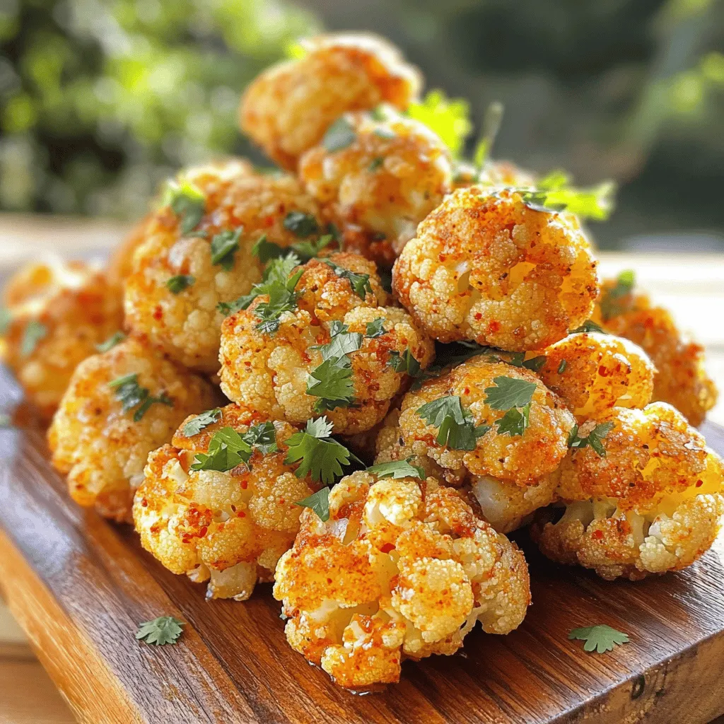 - 1 medium head of cauliflower, cut into bite-sized florets - 3 tablespoons olive oil - 1 teaspoon smoked paprika - 1 teaspoon garlic powder - 1 teaspoon onion powder - 1/2 teaspoon cayenne pepper (adjust for spice preference) - 1 teaspoon salt - 1/2 teaspoon black pepper - 1 tablespoon honey or maple syrup (for sweetness) - 1 tablespoon apple cider vinegar - Fresh cilantro or parsley for garnish (optional) These ingredients come together to create a snack that packs a punch. The cauliflower serves as a great base. It absorbs the flavors well. The olive oil helps the spices stick and adds a nice richness. The spices are where the magic happens. Smoked paprika brings a warm depth. Garlic and onion powders add savory notes. Cayenne pepper gives it that spicy kick. Adjust the cayenne to your liking for heat. Salt and black pepper enhance all the flavors. The sweetener balances the spice nicely. Honey adds a hint of floral sweetness. Maple syrup offers a more earthy flavor. Apple cider vinegar adds acidity, brightening each bite. It cuts through the richness of the oil. For garnish, fresh cilantro or parsley adds color and freshness. It makes your dish look pretty too! This is the perfect blend for making Spicy Roasted Cauliflower Bites. You can find the Full Recipe to guide you through preparing this delightful snack. First, set your oven to 425°F (220°C). This high heat helps make the cauliflower crispy. While the oven warms up, line a baking sheet with parchment paper. This makes cleanup easy and helps the bites roast evenly. Next, in a large bowl, mix the olive oil, smoked paprika, garlic powder, onion powder, cayenne pepper, salt, black pepper, honey, and apple cider vinegar. Whisk these together until everything is well combined. This spice blend gives the cauliflower its bold flavor. Now, it’s time to add the cauliflower florets to your bowl. Toss the florets in the spice mix. Make sure each piece is fully coated with the seasoning. This step is key for ensuring that every bite is deliciously spicy. Once the florets are coated, spread them out evenly on the prepared baking sheet. This way, they roast properly and do not steam. Place the baking sheet in the preheated oven. Roast the cauliflower for about 25-30 minutes. Halfway through, stir the florets. This helps them cook evenly and get that nice golden brown color. Keep an eye on them. You want them tender but still slightly crispy. Once they’re done, take the baking sheet out and let the bites cool a bit. They are now ready to serve! You can garnish them with fresh cilantro or parsley for a pop of color. For the full recipe, check out the complete guide. To get the heat just right, adjust the cayenne pepper. If you like it mild, use less. For more heat, add extra. You can also switch spices for new flavors. Try chili powder or crushed red pepper. These can change the taste and heat level. Crispiness is key for great cauliflower bites. To ensure a crunchy texture, spread the florets out evenly on the baking sheet. Avoid crowding them. This allows hot air to flow around each piece. Roasting at 425°F (220°C) works best. Stir halfway through cooking for even browning. These bites are tasty on their own but pair well with dips. Try ranch, yogurt sauce, or a spicy salsa. You can add them to salads or grain bowls for extra flavor. Serve them as a fun side dish at meals or snacks while watching a movie. For the full recipe, check out Spicy Roasted Cauliflower Bites. {{image_2}} You can easily switch up the flavor of your spicy roasted cauliflower bites. Try adding Asian-inspired spices. For this, use sesame oil and fresh ginger. Sesame oil gives a nice nutty taste, while ginger adds warmth. This combination packs a delightful punch that pairs well with the natural sweetness of cauliflower. If you prefer a Mediterranean twist, you can use herbs like oregano and garlic. These herbs add depth and bring a fresh aroma. Mix them with lemon juice for a bright finish. Both options let you play with flavors while keeping the base recipe intact. Want to make your bites vegan? Just swap honey for maple syrup. This simple change keeps the sweetness while staying plant-based. Maple syrup works great and adds a lovely flavor. If gluten is a concern, check your seasoning choices. Many spices are gluten-free, but always read labels. Choose certified gluten-free products to ensure safe eating. This way, everyone can enjoy your spicy roasted cauliflower bites, no matter their diet! For more details, check the Full Recipe. After enjoying your spicy roasted cauliflower bites, it's time to think about storage. First, let them cool down. This step is key; hot food can create steam in the container, making your bites soggy. Once they are cool, place the bites in an airtight container. This keeps them fresh and prevents odors from mixing with other foods in your fridge. - Allow the bites to cool to room temperature. - Use a clean, dry airtight container to store them. - Label the container with the date for easy tracking. Reheating these bites can be tricky. You want them crispy, not soft. To do this, the oven is your best friend. Preheat your oven to 375°F (190°C). Spread the cauliflower bites in a single layer on a baking sheet. - Bake for about 10-15 minutes. - Check them halfway through to ensure they warm evenly. - Keep an eye on them to avoid burning. If you prefer a quicker method, use the air fryer. Set it to 350°F (175°C) and heat for about 5-7 minutes. This method will help maintain their crunch. Enjoy your leftovers just as much as the first time! For the full recipe, check out the complete section above. To lower the heat, you can reduce the cayenne pepper. Try using only a pinch instead of the full half teaspoon. You can also add more honey or maple syrup to balance the spice. Another option is to mix in some cream or yogurt as a dip. This will cool down the flavor while keeping it tasty. Yes, you can freeze these bites! Allow them to cool completely after roasting. Then, place them in an airtight container or a freezer bag. They can last up to three months in the freezer. To enjoy them later, thaw in the fridge overnight. Reheat them in the oven for 10 to 15 minutes to regain their crispiness. These bites pair well with many snacks and sides. Serve them with a cool dip like ranch or yogurt sauce. You can also enjoy them with a fresh salad or a grain bowl. They make a great addition to tacos or wraps for extra crunch. You can find the Full Recipe for more ideas on serving! In this blog post, I explored how to make Spicy Roasted Cauliflower Bites. I shared the key ingredients you need and provided step-by-step instructions. We talked about tips to perfect the spiciness and texture, along with serving ideas. You can also try different flavor profiles or store any leftovers. Cooking should be fun and easy. I hope you feel inspired to try this tasty dish. Enjoy your time in the kitchen!