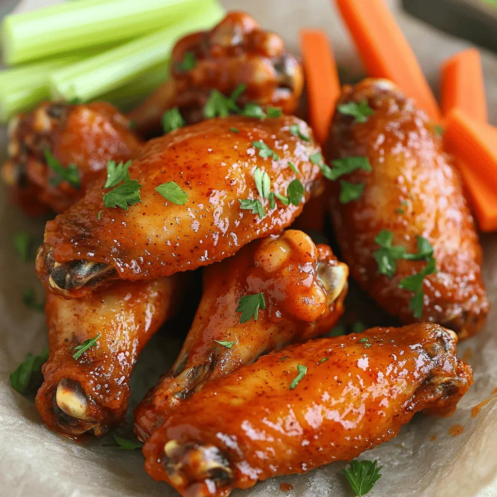 - 2 pounds chicken wings - 1/2 cup hot sauce - 1/4 cup unsalted butter - 1 tablespoon baking powder - 1 teaspoon salt - 1/2 teaspoon black pepper - 1 teaspoon garlic powder - 1 teaspoon onion powder - 1 tablespoon honey - Fresh parsley for garnish - Celery and carrot sticks for serving To make crispy air fryer buffalo wings, gather your main ingredients first. You need two pounds of chicken wings, which are the star of the dish. The hot sauce adds the spicy kick, while unsalted butter gives a rich flavor. Next, let’s talk about seasoning. Baking powder is key for crispiness, while salt and black pepper enhance the taste. Garlic powder and onion powder add depth to the wings. If you like a hint of sweetness, honey is a great optional addition. Fresh parsley not only looks nice but also adds freshness. Don’t forget celery and carrot sticks for a classic side! For the full details on how to prepare these tasty wings, check out the Full Recipe. - Pat chicken wings dry. This step is vital for crispiness. - Season with a spice mixture. In a bowl, combine baking powder, salt, black pepper, garlic powder, and onion powder. Toss the wings well in this mix to coat them evenly. - Preheat air fryer to 380°F. This helps cook the wings evenly and crisply. - Cook wings for 25-30 minutes. Flip the wings halfway through to ensure they become golden brown all over. - Prepare buffalo sauce. Mix hot sauce, melted butter, and honey in a bowl. Stir until smooth. - Coat cooked wings in sauce. Once cooked, place the wings in a bowl and pour the buffalo sauce over them. Toss until all wings are coated. For the full recipe, check the details above. Enjoy your crispy buffalo wings! To get those crispy wings, start by drying them well. Use paper towels to soak up any moisture. This step is key for a crunchier finish. Next, use baking powder in your spice mix. Baking powder pulls moisture away from the skin and helps it crisp up in the air fryer. You can adjust the heat of your buffalo sauce easily. If you want it hotter, add more hot sauce. For a milder version, use less. You can also add honey for sweetness. This adds a nice touch and balances the heat. Feel free to experiment with garlic or Worcestershire sauce for extra flavor. Pair your wings with classic sides. Celery sticks and carrot sticks are perfect choices. They add crunch and coolness to the meal. For garnish, sprinkle fresh parsley on top. This makes your wings look great and adds flavor. Enjoy your crispy treat with friends at your next gathering. Try the Full Recipe for more details! {{image_2}} You can switch up the sauce for your wings. If you want a tangy twist, try BBQ sauce. It adds a rich, smoky flavor. Simply coat the cooked wings with your favorite BBQ sauce instead of the buffalo sauce. Another great option is garlic Parmesan. Mix melted butter with minced garlic, grated Parmesan, and a pinch of salt. Toss your cooked wings in this mix for a tasty change. Experimenting with spices can bring new life to your wings. Try using smoked paprika for a deeper flavor. You can also add cayenne pepper for extra heat. Herb-infused options can be delightful too. Mix dried herbs like oregano, thyme, or rosemary with your spice blend. This gives your wings a fresh and aromatic touch. If you don't have an air fryer, you can bake these wings. Preheat your oven to 425°F (220°C) and bake the wings for about 40-45 minutes. Make sure to flip them halfway for even cooking. For those who prefer deep-frying, heat oil in a pot to 350°F (175°C). Fry the wings in batches for about 8-10 minutes. This method gives them a crispy texture, but be mindful of the oil and safety. For the full recipe, check out the Crispy Zesty Air Fryer Buffalo Wings. To keep your wings fresh, store them in an airtight container. Glass containers work well, but plastic ones are fine too. You can store your leftovers in the fridge for up to three days. After that, the wings lose their crispiness and flavor. For the best result, use your air fryer to reheat wings. Set it to 350°F. Heat for about 10 minutes. This revives the crispiness. If you don’t have an air fryer, you can use an oven. Preheat it to 350°F and bake for about 15 minutes. You can freeze both cooked and uncooked wings. For pre-cooked wings, let them cool before packing them in a freezer bag. Squeeze out excess air. They last up to three months. For uncooked wings, season them first, then freeze. When you’re ready to eat, thaw cooked wings overnight in the fridge. For uncooked wings, place them in the fridge for 24 hours. This keeps them safe and ready to cook. Yes, you can use frozen wings. Just keep in mind that cooking time will be longer. Preheat your air fryer to 380°F. Cook the frozen wings for about 30-35 minutes. Flip them halfway through to ensure even cooking. Check that they reach an internal temperature of 165°F. This way, you will still get crispy and tasty wings. To adjust the spice level, change the amount of hot sauce you use. For milder wings, use less hot sauce and add more butter. You can also mix in honey for sweetness. If you want them spicier, add more hot sauce or try a spicier brand. This simple tweak helps you control the heat to match your taste. Buffalo wings pair well with many sides. Here are some favorites: - Celery sticks - Carrot sticks - Ranch dressing - Blue cheese dressing - Potato wedges - A fresh salad These sides add crunch and balance to the spicy wings. Enjoy mixing and matching to find your favorite combo. For the full recipe, check out the complete guide. We covered the key ingredients, step-by-step cooking instructions, and helpful tips for Air Fryer Buffalo Wings. You learned how to achieve crispy wings and customize the sauce. Remember, feel free to experiment with different flavors and cooking methods. Whether you enjoy them hot or mild, these wings are a hit for any gathering. Now, you're ready to impress your friends and family with tasty wings. Enjoy your cooking adventure!
