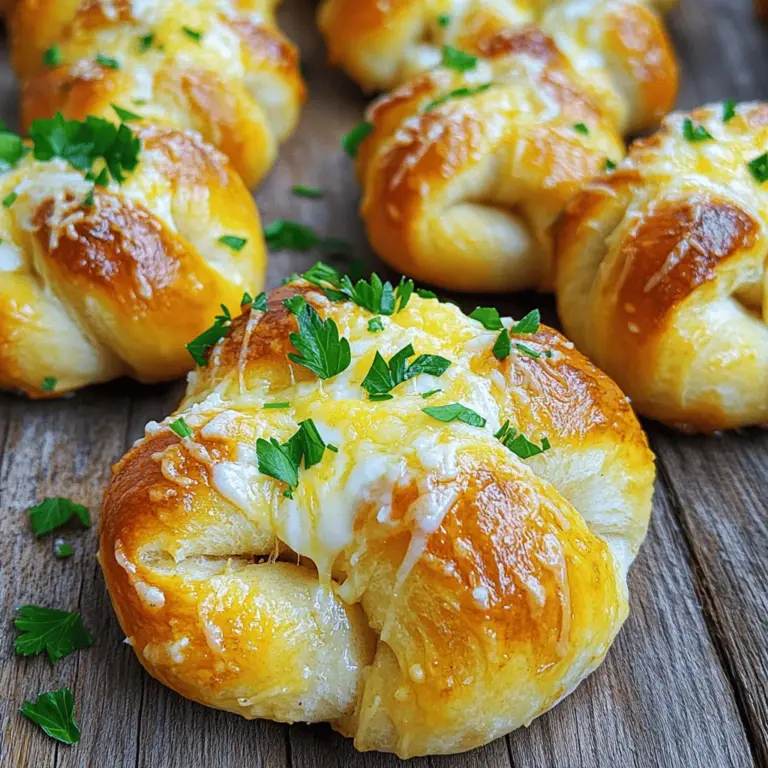 - 1 lb pizza dough (store-bought or homemade) - 1/4 cup unsalted butter, melted - 4 cloves garlic, minced - 1 teaspoon Italian seasoning - 1/2 cup grated Parmesan cheese - 1/2 cup shredded mozzarella cheese - Fresh parsley, chopped (for garnish) - Salt to taste To make garlic knots, you need simple ingredients. The pizza dough is the base. You can buy it or make it yourself. Butter and garlic give the knots a rich flavor. Italian seasoning adds a nice touch. The cheese brings a gooey texture, and fresh parsley brightens the dish. Don't forget salt to enhance all the flavors. - Additions for extra flavor (e.g., red pepper flakes) - Alternative cheeses or toppings You can get creative with your garlic knots. Want some heat? Add red pepper flakes. You could also try different cheeses like feta or cheddar. Feel free to mix and match toppings to fit your taste. - Baking sheet - Parchment paper - Rolling pin To make these knots, you will need a few tools. A baking sheet is essential for cooking. Parchment paper helps prevent sticking. A rolling pin is great for flattening the dough. These tools make the process easier and more fun. For the full recipe, check out [Full Recipe]. 1. Preheat your oven to 400°F (200°C). This step helps the knots bake evenly. 2. On a floured surface, roll out the pizza dough into a rectangle. Aim for about 1/4 inch thick. 3. Cut the dough into strips about 1 inch wide and 5 inches long. Use a sharp knife or pizza cutter for clean edges. 1. Take each strip and tie it into a knot. Start by crossing the ends over each other. 2. Tuck the ends underneath the knot. This helps keep the shape during baking. 3. Place the knots on a baking sheet lined with parchment paper. Make sure to leave space between them. 1. In a small bowl, combine the melted butter, minced garlic, Italian seasoning, and a pinch of salt. Mix until well combined. 2. Brush the garlic butter mixture generously over each knot. Make sure to coat them well, reserving some for later. 3. Bake the knots in the preheated oven for 12-15 minutes or until they turn golden brown. Watch closely to avoid burning. 4. Remove the knots from the oven and sprinkle grated Parmesan cheese on top while they are hot. This will melt slightly. 5. Drizzle the reserved garlic butter over the knots. Then add shredded mozzarella cheese on top. 6. Finally, garnish with chopped fresh parsley before serving. Enjoy the warm, cheesy goodness! For the complete recipe, check out the Full Recipe section. To get the best texture for your garlic knots, use the right dough consistency. The dough should be soft and slightly sticky but not wet. If it feels too dry, add a bit of water. For knot size, aim for about 1 inch wide and 5 inches long strips. This size is perfect for baking and keeps the knots fluffy. To make the garlic flavor pop, use fresh garlic instead of garlic powder. You can also add red pepper flakes for a little heat. Try mixing in fresh herbs like basil or oregano. These will give your knots a fresh taste. A sprinkle of grated cheese on top before baking adds extra flavor too. Ovens can vary, so keep an eye on your knots. If you have a convection oven, they may bake faster. Start checking them at 10 minutes. The knots should turn golden brown and smell delicious. To check for doneness, gently tap the bottom. It should sound hollow. For the full recipe, check out the complete guide on making these tasty garlic knots! {{image_2}} You can easily change the cheese in your garlic knots. Try using feta for a tangy twist. Cheddar melts well and adds a rich flavor. Mix herbs like oregano or thyme into your cheese. This creates a burst of flavor with every bite. For those who enjoy heat, add red pepper flakes to the garlic butter. You can also chop jalapeños and mix them in. This adds a nice kick to your knots. Pair these spicy knots with ranch or blue cheese dip for a creamy contrast. It balances the heat and makes each bite delightful. Surprisingly, garlic knots can also be sweet! Combine garlic with a sprinkle of cinnamon. This brings a unique flavor to your knots. Drizzle a little honey on top for added sweetness. Consider serving them with a scoop of vanilla ice cream for dessert. It's a fun twist that everyone will love. For more ideas, check the Full Recipe for variations. To keep leftover garlic knots fresh, let them cool first. Place them in an airtight container. This helps keep them soft. You can also wrap them in foil or plastic wrap. Store the knots in a cool, dry place for up to two days. You can freeze garlic knots before or after baking. To freeze before baking, shape the knots and place them on a baking sheet. Make sure they are not touching. Freeze them for about an hour. Once frozen, transfer them to a freezer bag. This way, they won’t stick together. To freeze after baking, let them cool completely first. Then, wrap them tightly in plastic wrap and place them in a freezer bag. For reheating, bake them at 350°F (175°C) for about 10-15 minutes. This warms them up nicely. Garlic knots last about 3-5 days in the fridge. You should always check for signs of spoilage. Look for mold or an off smell. If they feel hard or dry, they may not taste good anymore. Always trust your senses when it comes to food safety. You can use dough from bread, biscuit, or crescent roll recipes. For a quick option, try store-bought bread dough. Just follow the same steps for tying knots. This gives you a soft, chewy texture. You can even make your own dough if you prefer. Mix flour, yeast, water, and salt, and let it rise. This way, you can control the flavors and textures. Yes, you can use garlic powder, but the taste will change. Fresh garlic gives a bold, vibrant flavor. Garlic powder has a milder taste. If you use garlic powder, use one teaspoon for every clove. Mix it into the melted butter for even flavor. Fresh garlic also adds a nice texture. So, try both to see what you like best! Garlic knots pair well with marinara sauce for dipping. You can also serve them with Alfredo sauce or olive oil with herbs. A fresh salad is great for a balanced meal. Try them alongside pasta dishes, too. They add a nice touch to any Italian meal, making it more fun and tasty. To reheat garlic knots, use the oven or air fryer. Preheat your oven to 350°F (175°C). Place the knots on a baking sheet and cover them with foil. Heat for about 10 minutes. For an air fryer, set it to 300°F (150°C) and heat for 5 minutes. This keeps them crispy on the outside and soft inside. Avoid using the microwave, as it may make them chewy. In this post, we covered the key ingredients and steps to make garlic knots. You learned about the required and optional ingredients, along with handy tips for perfect texture. I shared some fun variations, like spicy or sweet garlic knots, to help you get creative. Whether you bake them for a snack or a meal, these knots are sure to impress. Enjoy crafting your garlic knots while experimenting with flavors. Each bite promises to be delicious!
