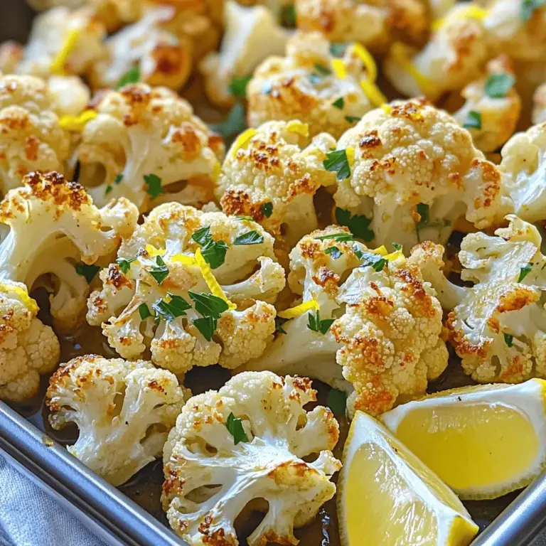 To make Garlic Lemon Roasted Cauliflower, you need a few key items. Here’s the list: - 1 large head of cauliflower, cut into florets - 4 cloves of garlic, minced - 3 tablespoons olive oil - 1 lemon, zested and juiced - 1 teaspoon smoked paprika - 1 teaspoon salt - ½ teaspoon black pepper - Fresh parsley, chopped for garnish - Lemon wedges for serving These ingredients come together to create a bright and tasty dish. You can add some optional ingredients to boost the flavor. Consider these extras: - Parmesan cheese, for a savory touch - Capers, for a briny kick - Chili flakes, if you like heat These optional items add layers of taste and make the dish your own. Spices can change the whole vibe of your dish. Here are some ideas: - Curry powder for a warm twist - Cumin for an earthy flavor - Dried herbs like thyme or oregano for freshness Feel free to mix and match spices. Each choice makes your Garlic Lemon Roasted Cauliflower unique. For the full recipe, check [Full Recipe]. Start by washing the cauliflower well. Remove the leaves and cut it into bite-sized florets. This helps the cauliflower cook evenly. You want about 4 cups of florets for this dish. Next, gather your other ingredients: minced garlic, olive oil, lemon, smoked paprika, salt, and black pepper. Zest the lemon first, then juice it. This will add a fresh taste. In a large bowl, combine the cauliflower florets with the minced garlic. Add 3 tablespoons of olive oil, lemon zest, and lemon juice. Then, sprinkle in 1 teaspoon of smoked paprika, 1 teaspoon of salt, and ½ teaspoon of black pepper. Mix everything well. You want each piece to be covered in the yummy seasonings. This step is key for flavor, so don’t rush it! Preheat your oven to 425°F (220°C). Spread the coated cauliflower on a baking sheet lined with parchment paper. Make sure to leave space between the florets. This helps them roast nicely. Roast for 25-30 minutes until they turn golden brown. Toss the cauliflower halfway through to ensure even cooking. When done, let it cool for a couple of minutes. Garnish with fresh parsley and serve with lemon wedges. This adds a bright touch to your dish. For the full recipe, check the detailed instructions above. To get a crispy texture, follow these tips. First, dry the cauliflower well after washing it. Moisture makes it steam instead of roast. Second, spread the florets in a single layer on the baking sheet. Crowding them leads to soggy bites. Finally, toss the cauliflower halfway through the cooking time. This helps it brown evenly. For extra crunch, you can sprinkle some breadcrumbs on top before roasting. Using the right tools makes cooking easier. A large bowl helps mix all ingredients well. A sharp knife is key for cutting the cauliflower into even florets. I recommend a sturdy baking sheet with a rim to catch any drips. Parchment paper prevents sticking and makes cleanup quick. A spatula is great for flipping the cauliflower while it cooks. These tools will speed up your prep time and improve your results. Avoid these common mistakes for the best outcome. Do not skip the lemon juice; it adds flavor and brightness. Using too much olive oil can make the dish greasy. Stick to three tablespoons for the right balance. Also, don't forget to season well. Salt and pepper enhance the taste. Last, always keep an eye on roasting time. Every oven cooks differently, so check for golden brown color. For the full recipe, refer back to the list of ingredients and steps. {{image_2}} You can easily add more veggies to this dish. Carrots, bell peppers, or broccoli work nicely. Just chop them into similar sizes as the cauliflower. Toss them in with the cauliflower for roasting. This addition brings more color and nutrients to your meal. Plus, it makes the dish more fun! This recipe is already vegan and gluten-free. You can feel good serving it to anyone! If you want to keep it simple, stick to the original recipe. However, you can also swap the olive oil with any plant-based oil. Just remember, the key is to keep the flavors bright and fresh. You can change the flavor profile to match different cuisines. For a spicy kick, add cayenne pepper or chili flakes. If you want an Italian twist, sprinkle in some Italian herbs like oregano or basil. For a Middle Eastern flavor, try adding cumin or coriander. These swaps can give your roasted cauliflower a whole new life. Explore different spices to make this dish your own! For the full recipe, check out the full recipe section. To keep your Garlic Lemon Roasted Cauliflower fresh, first let it cool. Place the leftovers in an airtight container. Store them in the fridge for up to four days. This method keeps the flavors intact. For best results, avoid stacking the cauliflower too high. This helps prevent sogginess. You can freeze Garlic Lemon Roasted Cauliflower for later use. First, let it cool completely. Spread the cauliflower on a baking sheet in a single layer. Freeze for a few hours until firm. Then, transfer the florets to freezer-safe bags. Remove as much air as possible. Label the bags with the date. They can last for up to three months in the freezer. To reheat the cauliflower, preheat your oven to 375°F (190°C). Spread the cauliflower in a single layer on a baking sheet. Heat for about 10-15 minutes. This will help keep it crispy. You can also use a microwave, but it may become soft. If you prefer the oven, this method works best. For a quick fix, heat in a skillet over medium heat until warm. Enjoy the amazing flavors again! For the full details on making this dish, check out the Full Recipe. Garlic Lemon Roasted Cauliflower lasts about three to five days in the fridge. To keep it fresh, store it in an airtight container. This helps it stay flavorful and tasty. When you're ready to eat it again, just reheat in the oven or microwave. Yes, you can use frozen cauliflower. Just make sure to thaw it first. Drain any excess water before mixing with the other ingredients. Frozen cauliflower may not get as crispy, but it will still taste great! Garlic Lemon Roasted Cauliflower pairs well with many dishes. Try serving it with grilled chicken or fish for a balanced meal. It also goes great with quinoa or a fresh salad. You can even add it to a wrap or grain bowl for extra flavor. For more ideas, check the Full Recipe. Garlic lemon roasted cauliflower is simple and tasty. We covered the key ingredients, spices, and steps for perfect roasting. I shared tips to get that crispy finish and tools to make cooking easier. Don’t forget the variations to fit your taste and dietary needs. Proper storage can keep leftovers fresh for days. Remember, you can swap flavors to explore new cuisines too. Try this dish out. You’ll be amazed at how good it is!