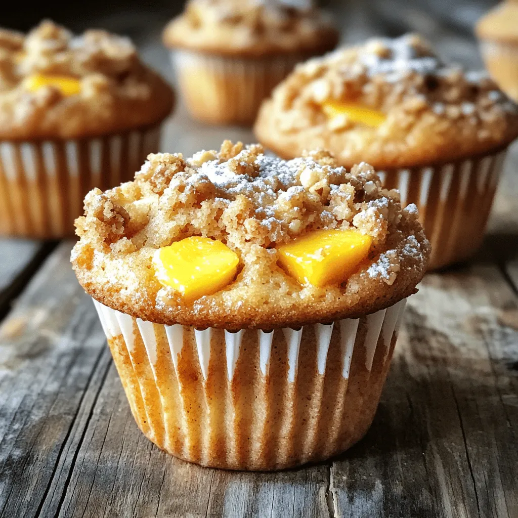 - All-purpose flour - Fresh peaches - Granulated sugar - Brown sugar - Unsalted butter To make excellent Peach Streusel Muffins, you need some key ingredients. First, all-purpose flour gives the muffins structure. Fresh peaches add juicy flavor and sweetness. Granulated sugar and brown sugar give the muffins a lovely sweetness, while unsalted butter adds richness. - Milk - Eggs - Baking powder - Vanilla extract - Salt Next, we have additional ingredients for the muffins. Milk adds moisture and helps bind the batter. Eggs provide richness and act as a leavening agent. Baking powder makes the muffins rise. Vanilla extract adds a warm flavor, and salt balances the sweetness. - Cinnamon - Rolled oats - Chopped nuts (walnuts or pecans) - Extra melted butter Finally, let's talk about the streusel topping. It adds a crunchy texture. Cinnamon gives it a warm, spicy note. Rolled oats bring chewiness, while chopped nuts add crunch. A drizzle of extra melted butter binds it all together, making it crumbly and delicious. You can find the full recipe to bring these ingredients together in a delightful way. - Preheat the oven to 350°F (175°C). - Prepare a muffin tin by lining it with paper liners or spraying it with non-stick spray. - In a large bowl, combine 2 cups of all-purpose flour and 3/4 cup of granulated sugar. - Add 1 tablespoon of baking powder, 1/2 teaspoon of salt, and 1 teaspoon of cinnamon. - In a separate bowl, whisk together 1/2 cup of melted butter, 1 cup of milk, 2 large eggs, and 1 teaspoon of vanilla extract until smooth. - Gradually pour the wet mixture into the dry mixture. Stir gently until just combined. - Carefully fold in 1 cup of diced fresh peaches. - In another bowl, mix 1/2 cup of brown sugar, 1/2 cup of rolled oats, and 1/4 cup of chopped nuts. - Add a drizzle of melted butter and mix until crumbly. - Fill each muffin cup about 2/3 full with the batter. - Sprinkle a generous amount of streusel topping over the batter. - Bake in the preheated oven for 20-25 minutes. Check for doneness with a toothpick. For the full recipe, check out the Peachy Crunch Muffins section. To make great muffins, avoid overmixing. When you mix too much, muffins can turn tough. Just stir until the ingredients blend. This keeps your muffins light and fluffy. Choosing the right peaches is key for flavor. Look for ripe, sweet peaches that give slightly when pressed. Firm peaches will not give enough sweetness. You can tell when muffins are done by checking the tops. They should be golden brown and spring back when pressed. A toothpick should come out clean when inserted in the center. For even baking, rotate your muffin tin halfway through. This helps muffins cook uniformly. If your oven has hot spots, this step is even more important. For a lovely presentation, serve muffins warm. Dust them with powdered sugar for a nice touch. Adding a slice of fresh peach on the side makes them look great. Pair these muffins with coffee or tea. A glass of cold milk also complements them nicely. Enjoy these treats any time of day! For the full recipe, check back to make these delicious Peach Streusel Muffins at home. {{image_2}} If you want to make Peach Streusel Muffins gluten-free, use a 1:1 gluten-free flour blend. This keeps the texture light and fluffy. For those who need dairy-free options, almond milk or oat milk works well. You can replace butter with coconut oil or a dairy-free margarine. Both options provide great flavor and maintain moisture. To boost the flavor, add spices like nutmeg or cardamom. A pinch of nutmeg adds warmth and depth. You can also mix in other fruits, such as blueberries or raspberries. This adds more color and flavor to your muffins. Combine different fruits for a fun twist! For a vegan version, swap eggs with flax eggs or applesauce. Use plant-based milk and a vegan butter substitute. To reduce sugar, cut the granulated sugar by half. You can also replace some sugar with mashed bananas or applesauce. This keeps the muffins sweet and moist without added sugar. For the Full Recipe, check out the earlier section. To keep your Peach Streusel Muffins fresh, store them in an airtight container. This prevents moisture loss and keeps them soft. You can also place a slice of bread in the container. The bread helps to keep the muffins moist. Muffins stay fresh at room temperature for about 2 to 3 days. If you want to keep them longer, freezing is a great option. To freeze muffins, wrap each muffin in plastic wrap. Then, place them in a freezer bag. Remove as much air as possible to prevent freezer burn. Muffins can last in the freezer for up to 3 months. When you're ready to enjoy them, let them thaw overnight in the fridge. To reheat your muffins, use your oven or microwave. Preheat your oven to 350°F (175°C) and warm the muffins for about 5 to 10 minutes. This method keeps the texture nice and soft. If you use a microwave, heat each muffin for about 15 to 20 seconds. Be careful not to overheat them, as they can become tough. When serving leftover muffins, consider adding a dusting of powdered sugar on top. This adds a nice touch and enhances their look. You can also pair them with a cup of coffee or tea for a delightful treat. Enjoy your sweet muffins warm for the best experience! To make muffins moist, balance wet and dry ingredients. Use enough liquid, like milk or butter, to keep the mixture from being too dry. Avoid overmixing the batter, as this can create tough muffins. Mixing just until combined helps keep them light and fluffy. Adding fruits, like our ripe peaches, also adds moisture. Experiment with your ingredients to find the right mix for perfect muffins. Yes, you can use canned peaches! When using canned fruit, drain them well to remove excess juice. This prevents the muffins from becoming soggy. Chop the peaches into small pieces, similar to fresh ones. You can even add a pinch of cinnamon to enhance the flavor. Canned peaches make a quick and easy option when fresh fruit isn't available. A few key tools make muffin baking smooth and fun. A good mixing bowl is essential for combining ingredients. A whisk or electric mixer helps blend wet and dry elements thoroughly. Use a muffin tin to shape your muffins evenly. A scoop can help portion the batter into the tin. Finally, a toothpick is great for checking doneness. These tools make the process easier and more enjoyable. Muffins usually last about three to five days at room temperature. Store them in an airtight container to keep them fresh. If you want to keep them longer, freeze them! Muffins can last up to three months in the freezer. Just thaw them at room temperature before enjoying. Ensure they are completely cool before storing to avoid moisture buildup. Yes, you can easily double the recipe! Just multiply each ingredient by two. Make sure you have enough mixing space for all the batter. You may need to bake the muffins in batches, depending on your oven size. This way, you can enjoy more of these delicious peach streusel muffins. Perfect for sharing with family and friends! You now have a full guide to making delicious peach muffins. We covered key ingredients, step-by-step instructions, and tips for baking success. Remember to choose ripe peaches and avoid overmixing for the best results. You can also explore variations to suit your taste and dietary needs. With proper storage and reheating, your muffins will stay fresh longer. Enjoy making these treats in your kitchen! They are sure to impress everyone.