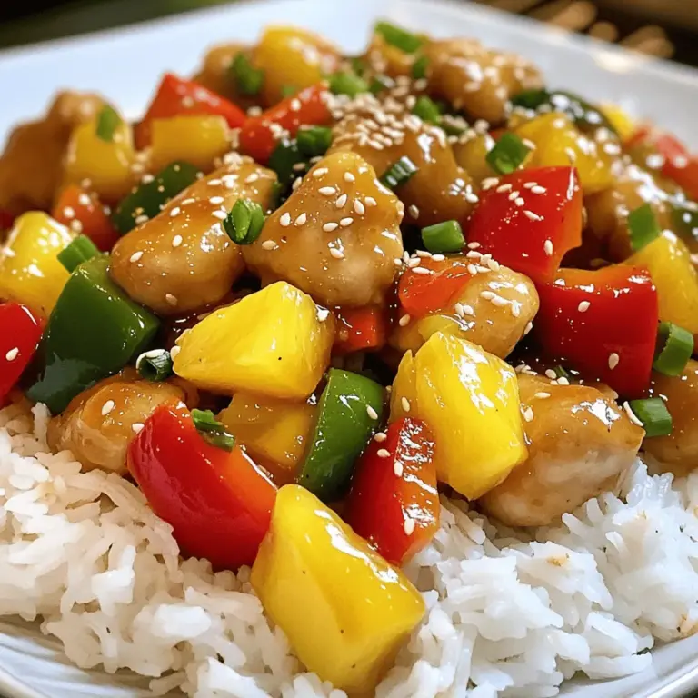 Sweet and sour chicken is a colorful mix of flavors and textures. To make this dish, you need fresh ingredients and a few key items. Here’s what you'll need: - 1 pound boneless, skinless chicken breasts, cut into bite-sized pieces - 1 cup diced bell peppers (red, green, and yellow) - 1 cup pineapple chunks (fresh or canned) - 1/2 cup diced onion - 2 cloves garlic, minced - 1 tablespoon fresh ginger, minced - Salt and pepper to taste The chicken provides protein, while the vegetables and pineapple bring sweetness and crunch. Garlic and ginger add a nice kick. - 1/2 cup sugar - 1/4 cup apple cider vinegar - 1/4 cup soy sauce (low sodium preferred) - 2 tablespoons cornstarch mixed with 2 tablespoons water (slurry) The sauce is the heart of this dish. Sugar gives it sweetness, and vinegar adds a tangy punch. Soy sauce provides depth and umami. - Cooked rice, for serving - Garnishes (sesame seeds, green onions) Serving the chicken over rice makes it filling. Garnishes like sesame seeds and green onions add a pop of color and flavor. For the full recipe, check out the details above. First, gather your sauce ingredients. In a medium bowl, mix the sugar, apple cider vinegar, soy sauce, minced garlic, and minced ginger. Add a pinch of salt and pepper. This mix becomes your sweet and sour sauce. Make sure it is well combined, as this will add flavor to your dish. Next, heat a large skillet or wok over medium-high heat. Pour in two tablespoons of vegetable oil. Once the oil is hot, add the chicken pieces in a single layer. Sauté the chicken for about 5-6 minutes. You want it golden brown and cooked through. Once done, remove the chicken and set it aside. In the same skillet, add the diced onion and bell peppers. Stir-fry these for about 3-4 minutes. You want them to soften a bit. Then, add the pineapple chunks to the skillet. Stir everything together for another 2 minutes. This will mix the sweet and savory flavors nicely. Now it's time to combine everything. Return the cooked chicken to the skillet with the vegetables. Pour in your sweet and sour sauce. Stir to combine all the ingredients. Once the sauce begins to simmer, mix in the cornstarch slurry. This will thicken the sauce. Cook for an additional 2-3 minutes until it reaches your desired thickness. Taste and adjust seasoning if needed. For more details on how to make this dish, check the Full Recipe. To get the best flavor in sweet and sour chicken, you need to balance sweetness and tanginess. I like to start with the sauce. In the recipe, you mix sugar, apple cider vinegar, and soy sauce. If it tastes too sweet, add more vinegar. If it is too tangy, add a bit more sugar. Always taste as you go. This way, you find the perfect balance for your family. When cooking the chicken, heat your skillet or wok to medium-high. This helps the chicken brown nicely. Cook it in one layer to ensure even cooking. Don’t overcrowd the pan. After the chicken is golden and cooked through, remove it. Next, add the vegetables. Sauté them until they are soft but still crisp. This keeps their bright colors and flavors. Serving is key to making the dish look great. I suggest plating the sweet and sour chicken over fluffy rice. The rice soaks up the sauce well. For a pop of color, sprinkle sesame seeds and chopped green onions on top. This not only looks nice but adds extra flavor too. It makes your meal more inviting and fun! For the full recipe, check out the detailed instructions above. {{image_2}} You can switch up the protein in your sweet and sour dish. Try shrimp for a seafood twist. It cooks quickly and pairs well with the sauce. Tofu is a great choice for a vegetarian option. Just cube it and sauté until golden. Pork works too! Use tender cuts like pork tenderloin for a rich flavor. Each protein adds its own unique taste. The beauty of sweet and sour chicken lies in its versatility. You can use many different vegetables. Snap peas add a nice crunch. Broccoli brings a vibrant color and nutrients. Carrots give a sweet touch. Zucchini is another great choice. Just slice them thinly and stir-fry. Feel free to mix and match based on what you have at home. The sauce can change with just a few tweaks. Add mango or peach for a fruity twist. These fruits will sweeten the dish naturally. You can also experiment with spices. A pinch of chili flakes adds heat. Ginger gives a warm flavor that enhances the dish. Try adding a splash of orange juice for a citrusy kick. Each variation makes the dish feel fresh and exciting. For the full recipe, check out Sweet and Sour Chicken Delight . To store your sweet and sour chicken, let it cool first. Place it in an airtight container. Store it in the fridge for up to three days. This keeps the chicken fresh and safe to eat later. When you want to enjoy it again, just take it out and follow the reheating instructions below. The best way to reheat sweet and sour chicken is in a skillet. Heat it on medium-low heat. Add a splash of water or a bit of oil to keep it moist. Stir often until it’s heated through. You can also use the microwave. Place it in a microwave-safe dish, cover it, and heat it for one minute. Stir, then heat for another minute if needed. This helps keep the chicken juicy. If you want to freeze sweet and sour chicken, use a freezer-safe container. Make sure it is sealed tightly. It can last up to three months in the freezer. When you’re ready to eat it, thaw it in the fridge overnight. Reheat it using the skillet method for the best taste and texture. Enjoy your delicious meal whenever you like! For the full recipe, check out the Sweet and Sour Chicken Delight. Sweet and sour chicken is a popular dish. It features chicken coated in a tangy sauce made from sugar and vinegar. This dish has roots in Chinese cuisine but has spread worldwide. It combines flavors of sweetness and slight acidity, making it a favorite for many. The bright colors of the bell peppers and pineapple add visual appeal. This dish is often served in restaurants and at family meals. Yes, you can prepare sweet and sour chicken ahead of time. This makes it great for busy days. To meal prep, cook the chicken and sauce as directed. Once done, store it in an airtight container. Keep it in the fridge for up to three days. When you are ready to eat, heat it on the stove or microwave. You may want to add a splash of water to keep the sauce from getting too thick. Sweet and sour chicken pairs well with many side dishes. Here are some options: - Steamed white rice - Fried rice - Noodles - Stir-fried vegetables - Egg rolls or spring rolls These sides enhance the meal and make it more filling. You can also add a simple salad for freshness. For a fun twist, try serving the dish with crispy wontons. In this article, we explored how to make sweet and sour chicken from scratch. You learned about the key ingredients, like chicken, veggies, and that tasty sauce. I shared step-by-step instructions to ensure perfect flavor and cooking techniques. Remember, you can also switch up proteins or veggies for fun twists. Don't forget to store leftovers properly. This dish is a great way to mix flavors and enjoy a homemade meal. Now, get cooking and impress everyone with your sweet and sour chicken!