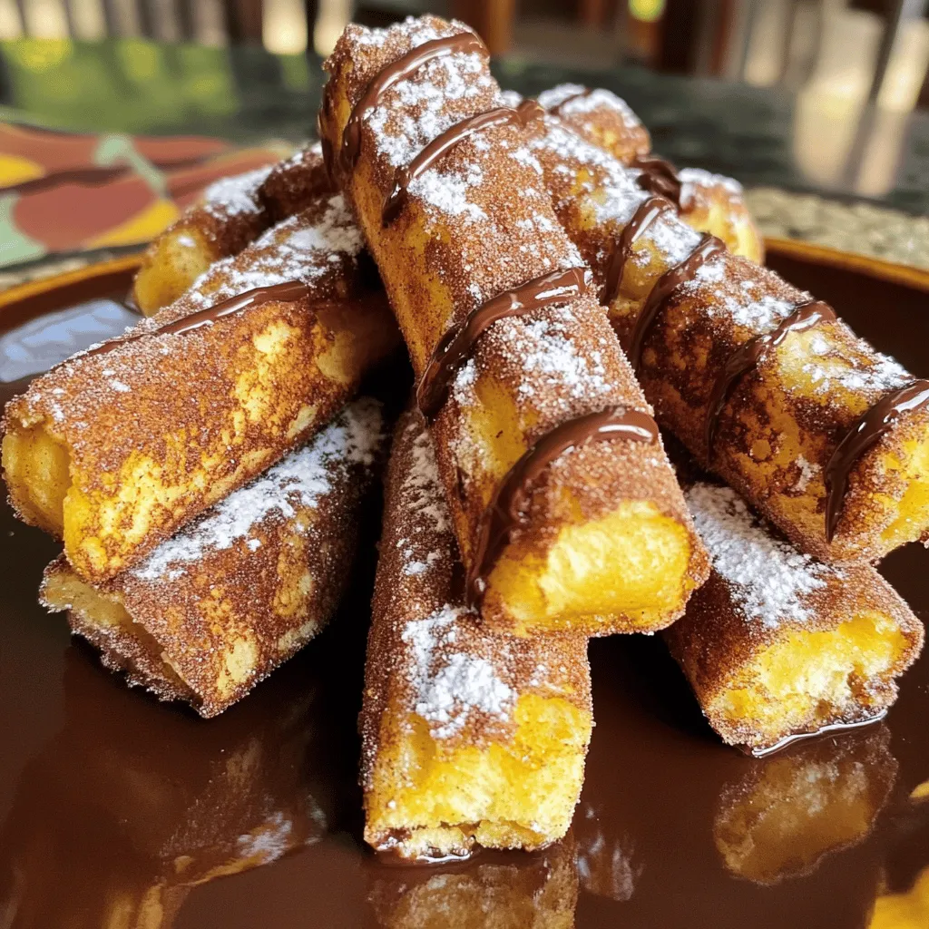 - 4 slices of thick bread (challah or brioche recommended) - 2 large eggs - 1 cup milk - 1 tsp vanilla extract - 1 tsp ground cinnamon - 1/2 cup granulated sugar - 1/4 cup unsalted butter, melted - Powdered sugar for dusting - Chocolate sauce (for dipping) Accurate measurements are key for great cooking. Using the right amounts ensures your dish tastes just right. Here’s how to measure properly: - Liquid Ingredients: Use a clear measuring cup. Pour in the liquid until it reaches the desired mark. Look at it at eye level for exactness. - Dry Ingredients: Use dry measuring cups. Spoon the ingredient into the cup, then level it off with a straight edge. Avoid packing it down. You can swap ingredients to fit your needs. Here are some fun ideas: - Alternative Bread: You can use sourdough, Texas toast, or even gluten-free bread if you want a different flavor or texture. - Dairy-Free Options: For a dairy-free treat, use almond milk or oat milk instead of regular milk. You can also use a flax egg instead of regular eggs for a vegan version. For the full recipe, check out the details to make these tasty churro French toast sticks. To make the churro coating, take a shallow bowl. In it, mix granulated sugar and ground cinnamon. Use a fork to blend them well. The goal is to create a lovely cinnamon sugar mix. Set this bowl aside for later. In a different bowl, crack the eggs. Add the milk and vanilla extract to the eggs. Use a whisk to mix them together. Whisk until the mixture is smooth and well combined. This step ensures that each stick has good flavor and texture. Heat a non-stick skillet over medium heat. Add a tablespoon of melted butter to the skillet. Make sure the butter coats the bottom well. Once hot, place a few bread sticks in the skillet. Do not overcrowd the skillet. Cook each side for about 2-3 minutes. You want them golden brown and crispy. After cooking, transfer each stick to the cinnamon sugar mix. Roll them until they are well coated. Enjoy this sweet treat! To get a crispy outside and soft inside, follow these tips: - Use thick bread: Bread like challah or brioche holds moisture well. - Dip briefly: Don’t soak the bread too long in the egg mixture. Quick dips work best. - Hot skillet: Ensure your skillet is hot before adding the sticks. This helps crisp them up. - Butter: Use enough butter to coat the skillet, but don’t drown the sticks. Here are some fun ways to present your churro French toast sticks: - Stand them up: Arrange the sticks upright on a plate like a tower. This looks great and is easy to grab. - Garnish: Drizzle chocolate sauce on top and dust with powdered sugar. It adds flair! - Side dips: Serve with extra chocolate sauce or caramel for dipping. This makes breakfast even more fun. Watch out for these common errors to keep your sticks perfect: - Overcrowding the skillet: Cook in batches. Too many sticks at once can steam instead of crisp. - Not letting excess batter drip off: Allow some of the egg mixture to fall off. This prevents sogginess. Use these tips to elevate your churro French toast sticks to a new level. For a complete guide, check out the Full Recipe. {{image_2}} You can make churro French toast sticks even more fun by adding spices. Try a hint of nutmeg or a pinch of cardamom for a warm, cozy flavor. You can also switch things up with chocolate. Just drizzle some melted chocolate on top or dip the sticks in chocolate sauce. Caramel is another great choice. It adds a sweet and smooth touch that pairs well with the cinnamon. If you need a gluten-free option, use gluten-free bread. There are many great brands that taste just as good. For those watching sugar, you can use a low-sugar sweetener instead of granulated sugar. This way, you can enjoy the flavor without the extra calories. Explore flavors from around the world! Add a touch of coconut for a tropical vibe. Or, try some matcha powder for a unique green tea flavor. You can even add spices from different cuisines, like cardamom for an Indian twist or vanilla for a French flair. Each variation brings a new and exciting taste to your breakfast. For the full recipe, check out the main article. To store leftover Churro French Toast Sticks, place them in an airtight container. They stay fresh in the fridge for up to three days. For longer storage, freeze them. To freeze, wrap each stick tightly in plastic wrap. Then, place them in a freezer-safe bag. This way, they last for up to two months. Reheating is simple. For the best results, use an oven or toaster oven. Preheat to 350°F (175°C). Place the sticks on a baking sheet and heat for about 10 minutes. You can also use a microwave, but they may become soft. If you do use a microwave, heat in short bursts, checking often. Churro French Toast Sticks can last in the fridge for about three days. In the freezer, they last up to two months. Always check for signs of spoilage before eating leftovers. This ensures you enjoy them at their best. To make Churro French Toast Sticks, start by whisking eggs, milk, and vanilla in a bowl. Slice thick bread into sticks. Dip each stick in the egg mix, then cook in a skillet with melted butter. Once golden, coat them in a cinnamon-sugar mix. Serve warm and enjoy! For the full recipe, check above. You can use regular bread. However, brioche or challah makes it richer and softer. Other breads may lack the same texture and flavor. They might be too dense or chewy, which changes the overall taste. Besides chocolate sauce, try caramel sauce or maple syrup. You can also serve them with fruit compote or whipped cream. Each dip adds a new twist to the flavor. To make this recipe vegan, replace eggs with flaxseed meal or chia seeds mixed with water. Use almond or oat milk instead of regular milk. For butter, try coconut oil or vegan butter. Yes, you can prepare the egg mixture ahead of time. Store it in the fridge for up to one day. Just give it a quick whisk before using. This saves time for busy mornings! You can enjoy making Churro French Toast Sticks using simple ingredients and clear steps. This recipe guides you through measuring, cooking, and even offers tips for texture and flavor. You will learn about substitutions, variations, and how to store leftovers properly. Remember, having fun in the kitchen is key. Experiment with flavors and find what you love best. With practice, you'll make these tasty sticks a family favorite. Happy cooking!