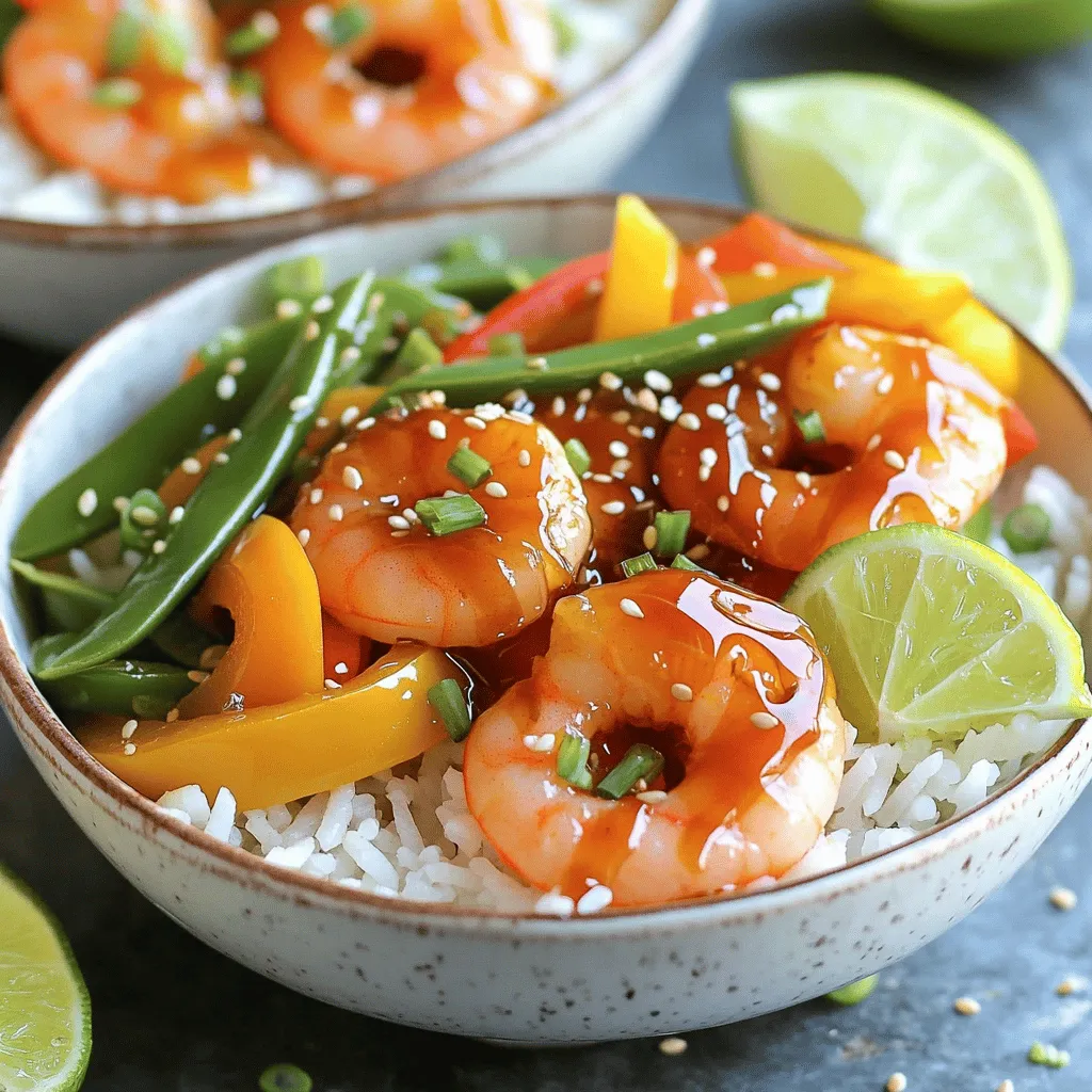 - 1 lb large shrimp, peeled and deveined - 3 tablespoons honey - 2 tablespoons Sriracha sauce - 2 cloves garlic, minced - 1 tablespoon soy sauce (low sodium) - 1 teaspoon sesame oil - 1 cup cooked jasmine rice - 1 cup bell peppers, sliced (red and yellow) - 1 cup snap peas - 2 green onions, chopped - 1 tablespoon sesame seeds (for garnish) - Salt and pepper to taste The Honey Sriracha Shrimp Bowls offer a dance of flavors. Each ingredient plays a key role. The shrimp brings sweetness and texture. Honey adds a sticky glaze that balances the heat from the Sriracha. Garlic adds depth and aroma. For a well-rounded meal, I add cooked jasmine rice. It absorbs the sauce and fills you up. Bell peppers add a pop of color and crunch. Snap peas bring freshness and a snap when you bite. Green onions and sesame seeds finish the dish. They add a touch of brightness and crunch. You can find the complete list and exact amounts in the Full Recipe. In a medium bowl, I whisk together the honey, Sriracha, minced garlic, soy sauce, and sesame oil. This mix creates a sweet and spicy sauce. It adds a wonderful flavor to our shrimp. Next, I add the shrimp to the marinade. I toss them to coat well. Then, I let them sit for 15-20 minutes. This step helps the shrimp absorb all those tasty flavors. Now, I heat a large skillet over medium-high heat. I add a splash of oil. Then, I toss in the sliced bell peppers and snap peas. I stir-fry them for about 3-4 minutes until they are tender but still crisp. I season with salt and pepper to taste. Once done, I remove them from the skillet and set them aside. In the same skillet, I add the marinated shrimp, discarding the excess marinade. I cook them for 2-3 minutes on each side. They turn pink and opaque when ready. This step makes the shrimp juicy and flavorful. To assemble the bowls, I divide the cooked jasmine rice among four bowls. I top each bowl with the stir-fried vegetables and shrimp. This creates a colorful and delicious dish. Finally, I garnish with chopped green onions and a sprinkle of sesame seeds. This adds a nice crunch and extra flavor. For the full recipe, check out the details above. To get the best texture, avoid overcooking shrimp. Cook them just until they turn pink. This usually takes about 2-3 minutes on each side. If you leave them too long, they become tough. Add some lime juice to your dish for a fresh kick. You can also try other spices, like paprika or cayenne, for extra heat. These simple tweaks can make your meal even more exciting. Serve your shrimp bowls in colorful dishes. A vibrant plate makes your food look more inviting. Drizzle extra sauce on top for a glossy finish. Don’t forget to add lime wedges on the side. They look great and add a pop of flavor. For the full recipe, check out the Honey Sriracha Shrimp Bowls. {{image_2}} You can easily change the protein in this dish. If you want to switch from shrimp, try chicken or tofu. Chicken gives a nice texture and works well with the sauce. Tofu is a great vegetarian option and soaks up flavors well. Scallops also make a tasty substitute. They cook quickly and offer a sweet taste that pairs nicely with the honey and Sriracha. Feel free to mix up the vegetables too! Broccoli adds a nice crunch and color. Zucchini can be sliced into thin rounds and cooks fast. Carrots offer a sweet bite and look great on the plate. You can use any veggie you love. Just make sure to cut them into similar sizes for even cooking. You can change the heat level to fit your taste. If you like it spicy, add more Sriracha. For a milder dish, use less. You can also sprinkle in some chili flakes for extra kick. This way, you can tweak the sauce to match your mood or the crowd you're serving. For the full recipe, check out the details above! Store your leftover Honey Sriracha Shrimp Bowls in an airtight container. They will stay fresh for up to 3 days. Make sure to let them cool before sealing to keep them tasty. If you want to save some for later, freeze the cooked shrimp and vegetables separately. This method helps keep their texture and flavor for longer storage. When you’re ready to eat, just thaw and reheat. For the best taste, reheat in a skillet or microwave. If using a skillet, add a splash of water or broth to keep the shrimp moist. Heat until warm, and enjoy your delicious meal again! Check out the Full Recipe for more details. The spiciness can be adjusted based on the Sriracha quantity used. If you prefer a milder taste, use less Sriracha. For a spicier kick, add more. This recipe gives you control over the heat. You can start with just one tablespoon and taste as you go. Yes, the shrimp can be marinated and vegetables prepped in advance. Marinating shrimp for 15-20 minutes gives great flavor. You can chop the bell peppers and snap peas the night before. Keep them in the fridge until you are ready to cook. This makes dinner quick and easy. Chicken or tofu are excellent substitutes for this dish. If you choose chicken, cut it into bite-sized pieces. Cook it until fully done, just like the shrimp. For tofu, use firm or extra-firm tofu. Press it to remove excess water, then cube and fry it until golden. Use tamari instead of soy sauce for a gluten-free option. Tamari has a similar taste but lacks gluten. Always check the label to ensure it meets your needs. This swap lets you enjoy the same great flavor without gluten. Consider serving with a side salad, steamed vegetables, or crusty bread. A fresh salad adds crunch and lightness. Steamed veggies are colorful and healthy. Crusty bread is perfect for soaking up any extra sauce. Each option complements the shrimp bowls nicely. This recipe for Honey Sriracha Shrimp Bowls blends sweet and spicy flavors beautifully. You learned about key ingredients and easy steps for a tasty meal. Don’t forget the tips to enhance flavor and presentation. Try swapping proteins or using different veggies for fun twists. Store leftovers properly to enjoy later. I hope you feel inspired to create your own delicious bowl. It's simple, fun, and sure to impress!
