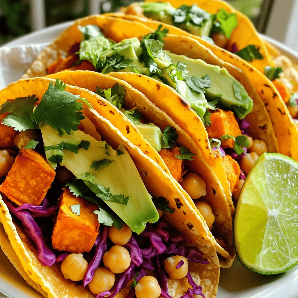 This dish is fun and full of flavor! Here’s what you need to make roasted sweet potato and chickpea tacos: - 2 medium sweet potatoes, peeled and diced - 1 can (15 oz) chickpeas, drained and rinsed - 2 tablespoons olive oil - 1 teaspoon smoked paprika - 1 teaspoon cumin - 1/2 teaspoon chili powder - Salt and pepper to taste - 8 corn tortillas - 1 avocado, sliced - 1/2 cup red cabbage, shredded - 1/4 cup fresh cilantro, chopped - Lime wedges for serving These ingredients come together to create a tasty and healthy meal. The sweet potatoes add a nice sweetness, while chickpeas provide protein. The spices give this dish a warm and smoky flavor. You can find the full recipe above for all the details! First, I preheat the oven to 425°F (220°C). This step is key for getting crispy sweet potatoes. Next, I peel and dice 2 medium sweet potatoes. I also get 1 can of chickpeas, draining and rinsing them well. This helps remove any excess salt and gives a fresh taste. In a large bowl, I combine the diced sweet potatoes and chickpeas. Then, I drizzle 2 tablespoons of olive oil over the mix. I add 1 teaspoon of smoked paprika, 1 teaspoon of cumin, and 1/2 teaspoon of chili powder. A touch of salt and pepper adds flavor too. I stir everything well so it’s evenly coated. I spread the sweet potato and chickpea mix on a baking sheet. It’s important to make sure they are in a single layer. I roast them in the oven for about 25-30 minutes. Halfway through, I stir the mix to ensure even roasting. When done, the sweet potatoes should be tender and slightly caramelized. While the sweet potato and chickpeas roast, I warm 8 corn tortillas in a dry skillet. I heat them over medium heat for about 1-2 minutes on each side. This makes them soft and easy to fold. Once the roasted mixture is ready, I take it out of the oven. I place a generous spoonful of the sweet potato and chickpea mix onto each tortilla. For extra flavor, I top them with sliced avocado, shredded red cabbage, and chopped cilantro. A squeeze of lime juice adds a fresh zing. You can find the full recipe above. To get the best flavor, I suggest using parchment paper. It helps with easy cleanup. You won't have to scrub the baking sheet afterward. Another great tip is to stir the mixture halfway through roasting. This step ensures even cooking and a nice caramelization. Feel free to adjust the spices to suit your taste. If you like more heat, add extra chili powder. You can also mix in some garlic powder or onion powder for more depth. Toppings make a big difference too. Try adding pickled jalapeños or crumbled feta for a new twist. These tacos are great on their own, but you can pair them with sour cream or hot sauce. A dollop of creamy yogurt can also add a nice touch. Don't forget to serve a fresh side salad. It adds crunch and keeps the meal light and tasty. Enjoy your Roasted Sweet Potato and Chickpea Tacos Delight with these simple tips! For the full recipe, check the details above. {{image_2}} You can boost protein by adding black beans to the mix. Black beans add a creamy texture and a nice flavor. If you prefer meat, grilled chicken works well too. You can also use tofu for a plant-based option. Tofu absorbs flavors and adds a nice bite. For a twist, try roasted bell peppers or zucchini. Both add sweetness and color to your tacos. If you want to switch it up, substitute sweet potatoes with butternut squash. The squash offers a nutty taste that pairs well with chickpeas. If you need gluten-free tacos, try using lettuce wraps instead of tortillas. This gives you a fresh crunch and keeps it light. You can also choose gluten-free corn tortillas. They work perfectly and taste great with the filling. These variations keep the dish fun and exciting. Feel free to mix and match based on your taste. Check out the Full Recipe for more details! To keep your tacos fresh, store any leftovers in an airtight container. This method helps prevent moisture loss. Enjoy them within 3-5 days for the best taste. For quick reheating, use the microwave. Heat the tacos for about 30 seconds. If you want a crispy texture, reheat the roasted mixture in a skillet over medium heat. This method brings back that lovely crunch. You can freeze the roasted sweet potato and chickpea mixture. Place it in a freezer-safe bag or container. This way, you can enjoy the tacos later. When ready to eat, thaw in the fridge overnight. Reheat in a skillet for a tasty meal. Yes, this recipe is naturally vegan. The roasted sweet potatoes and chickpeas provide great flavor and nutrition. You won't miss any meat. Use black beans or lentils for alternatives. Both options add protein and taste great. Keep your taco experience delicious and fun. Adjust spices to control heat level. If you like more heat, add extra chili powder. For less heat, reduce the spices. You can make them just right for your taste. Yes, prep ingredients in advance and assemble just before serving. You can roast the sweet potatoes and chickpeas earlier. Then, just warm the tortillas and load them up. Enjoy a quick meal anytime! In this post, we covered a delicious recipe for sweet potato and chickpea tacos. You learned about the key ingredients, step-by-step instructions, and tips for perfect tacos. Customizing the recipe allows for endless flavors. Remember, you can make it your own with different proteins and veggies. Store any leftovers properly for later enjoyment. Enjoy these tasty tacos, and feel free to experiment with your favorite toppings!