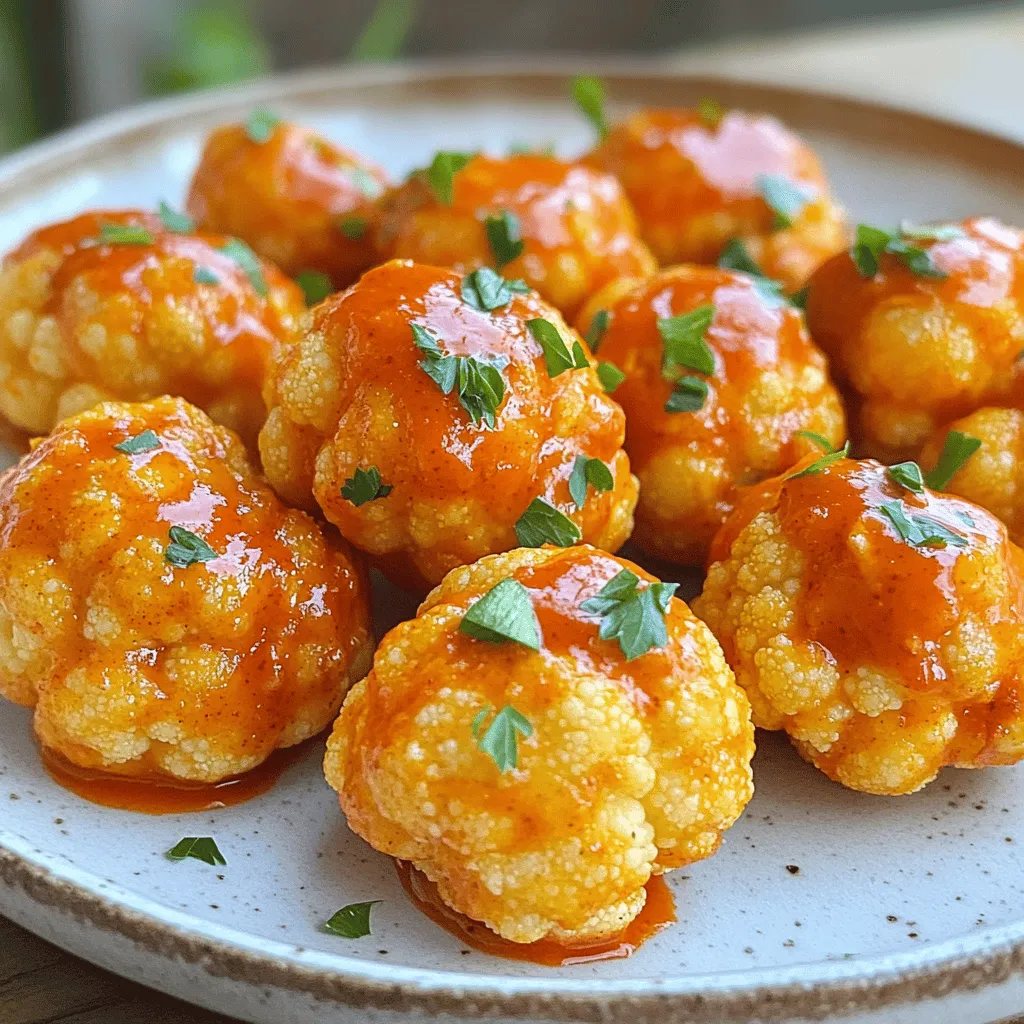 To make Easy Buffalo Cauliflower Bites, you need some simple ingredients. Here’s what you will need: - 1 medium head of cauliflower, cut into bite-sized florets - 1 cup all-purpose flour (or gluten-free flour) - 1 cup water (or plant-based milk for extra flavor) - 1 teaspoon garlic powder - 1 teaspoon onion powder - 1 teaspoon smoked paprika - 1/2 teaspoon salt - 1/2 cup buffalo sauce (adjust based on heat preference) - 2 tablespoons melted vegan butter (optional) - Fresh parsley, chopped, for garnish These ingredients come together to create a tasty snack that is both fun and easy to make. The cauliflower gives a nice crunch, while the buffalo sauce adds that spicy kick we all love. If you're looking to spice things up, feel free to adjust the buffalo sauce to fit your taste. You can also swap the all-purpose flour for gluten-free flour if needed. This recipe is flexible and allows you to customize it to your liking. Using fresh parsley as a garnish adds a nice touch of color and freshness. Plus, it makes your dish look even more appealing. If you're ready to dive into this flavor-packed recipe, you can check out the Full Recipe for step-by-step instructions. Enjoy your cooking and get ready for a hit at your next gathering! 1. Preheat the oven and prepare baking sheet: Start by setting your oven to 450°F (232°C). This high heat helps make the bites crispy. While the oven warms up, line a baking sheet with parchment paper. This keeps the bites from sticking and makes cleanup easy. 2. Whisk together batter ingredients: In a large bowl, combine 1 cup of flour, 1 cup of water or plant-based milk, 1 teaspoon of garlic powder, 1 teaspoon of onion powder, 1 teaspoon of smoked paprika, and 1/2 teaspoon of salt. Whisk everything until you have a smooth batter. This mix gives the cauliflower its tasty coating. 3. Coat cauliflower florets with batter: Take your medium head of cauliflower and cut it into bite-sized florets. Dip each floret into the batter, making sure to let any extra batter drip off. Place the coated florets in a single layer on the prepared baking sheet. This step is key to getting an even coating. 1. Initial baking for crispiness: Bake the cauliflower for about 25 to 30 minutes. Halfway through, turn them over. This helps them cook evenly and get golden brown. The goal is a nice crispy texture that feels great to bite into. 2. Tossing with buffalo sauce: While the cauliflower is baking, mix 1/2 cup of buffalo sauce with 2 tablespoons of melted vegan butter if you want extra richness. Once the initial baking time is done, take the bites out. Toss them in the buffalo sauce mixture right away, ensuring every piece gets coated well. 3. Final baking for flavor enhancement: After tossing, return the sauced cauliflower to the baking sheet. Bake them again for another 10 minutes. This step allows the sauce to set and enhances the flavor. The result is a spicy, crispy, and flavorful snack. For the full recipe, check the details above. Enjoy the process! To get that crispy coating on your cauliflower bites, follow these steps: - Dry the florets: Start by patting the cauliflower dry. This helps the batter stick better. - Use cold batter: Mixing your batter with cold water or plant-based milk makes it lighter. A lighter batter equals a crispier bite. - Don’t overcrowd the baking sheet: Give each floret space. This allows hot air to circulate and crisp them up. Baking versus frying? Baking is healthier and less messy. Frying gives a deeper crunch but adds extra oil. Choose what fits your goals. Want to adjust the spice level? Here’s how: - Add more buffalo sauce: Extra sauce brings more heat. - Use different sauces: Try sriracha or chili paste for a twist. You can also boost flavor by adding seasonings to the buffalo sauce. Try garlic powder, onion powder, or even a touch of honey for sweetness. This adds depth and makes the sauce unique. Garnishing can elevate your dish. Here are some fun ideas: - Fresh herbs: Sprinkle chopped parsley or cilantro for color and taste. - Lemon zest: A little zest brightens up the flavor. For dipping sauces, go for classic ranch or creamy blue cheese. They balance the heat and add creaminess. You can even mix yogurt with herbs for a lighter dip. These tips will help make your easy buffalo cauliflower bites a hit at any party. For the full recipe, check back on the main article! {{image_2}} You can switch up the flour for your batter. Almond flour gives a nutty taste. Oat flour is also a great choice and adds a hint of sweetness. Both options work well for gluten-free diets. Just make sure the flour is finely ground for the best texture. If you prefer a gluten-free batter, use gluten-free flour blends. These blends often mix rice flour, potato starch, and tapioca flour. They create a crispy coating that is perfect for your bites. Keep in mind that water or plant-based milk can also enhance the flavor. Buffalo sauce is the star here, but you can mix things up. Try a sweet and spicy buffalo sauce. Just add a touch of honey or maple syrup to your sauce. This gives a nice contrast to the heat. You can also play with the herbs and spices in your batter. Adding dried herbs like oregano or thyme can bring a fresh taste. A pinch of cayenne pepper can boost the heat for those who love spice. Get creative and make it your own! Buffalo cauliflower bites pair well with many side dishes. Serve them with a fresh salad for a crunchy bite. A cool dip like ranch or blue cheese balances the heat. You can even create a platter with veggie sticks and your favorite dips. Get creative with your serving ideas! You can stack them in a bowl with toothpicks for easy eating. Or, serve them on a big platter with garnished parsley for a colorful touch. No matter how you serve them, they are sure to impress your guests. Check out the Full Recipe for more details! After making these tasty buffalo cauliflower bites, you might have some left. To keep them fresh, place them in an airtight container. This helps prevent them from getting soggy. Store the container in the fridge for best results. If you want to freeze them, first let the bites cool completely. Then, arrange them in a single layer on a baking sheet. Freeze for about an hour. Once frozen, transfer them to a freezer bag. This method keeps them from sticking together. To reheat, you can use an oven or air fryer. Preheat your oven to 400°F (200°C). Bake for about 10 to 15 minutes until they are hot and crispy again. If using an air fryer, heat at 375°F (190°C) for about 5 to 7 minutes. In the fridge, these buffalo cauliflower bites last about 3 to 5 days. For the best taste, eat them within this time. To keep them fresh, always store them in an airtight container. Avoid leaving them out at room temperature for long. If you notice any signs of spoilage, like an off smell or mold, discard them right away. For frozen bites, they can last up to 3 months. Just remember to label your freezer bags with the date. This way, you'll know when to enjoy them before they lose flavor. For the tastiest results, use them sooner rather than later. Can I make these ahead of time? Yes, you can prepare the batter and coat the cauliflower ahead of time. Just store them in the fridge. Bake them fresh before serving for the best taste. What can I use instead of flour? You can use gluten-free flour or almond flour. Both options work well. They give a nice texture and keep the bites crispy. How do I make them spicier or milder? To make them spicier, add more buffalo sauce or some cayenne pepper. For a milder taste, use less buffalo sauce or a milder variety. Can I bake them without coating? You can bake cauliflower without coating, but they won't be as crispy. If you want a lighter snack, just roast the florets with some oil and spices. What to serve with buffalo cauliflower bites? These bites pair well with ranch dressing or blue cheese dressing. Serve them with celery sticks and carrot sticks for a classic combo. Are they suitable for meal prep? Absolutely! You can prep these bites and store them in the fridge. They make a tasty snack or side dish for busy days. Just reheat them in the oven for a few minutes. For the full recipe, check out the main article. You’ve learned how to make easy buffalo cauliflower bites with simple ingredients and steps. We covered preparation, baking techniques, and tips for the perfect texture. You now have ideas for variations and storage, plus answers to common questions. These bites are fun, tasty, and great for any gathering. Enjoy experimenting and sharing this dish. You'll impress your friends and family with your cooking skills!