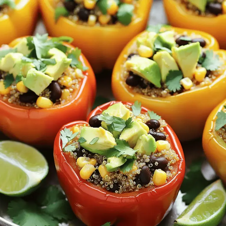 - 4 large bell peppers (any color) - 1 cup quinoa, rinsed and drained - 2 cups vegetable broth (or water) - 1 ripe avocado, diced - 1 cup black beans, drained and rinsed - 1 cup corn (fresh or frozen) - 1 medium tomato, diced - 1/2 cup red onion, finely chopped - 1 teaspoon cumin - 1 teaspoon paprika - Salt and pepper to taste - Fresh cilantro, chopped (for garnish) - Lime wedges (for serving) How to measure quinoa correctly: Use a dry measuring cup for accurate results. One cup of quinoa yields about three cups when cooked. Importance of rinsing quinoa: Rinsing quinoa removes its natural coating called saponin. This coating can taste bitter, so rinsing helps keep your dish tasty. Alternatives for black beans: You can use pinto beans, chickpeas, or lentils. Each option adds unique flavor and texture. Vegan options for broth: If you prefer, use water or a vegetable broth that contains no animal products. Always check labels to ensure they fit dietary needs. With these ingredients, you set the stage for a dish that bursts with flavor and nutrition. The combination of quinoa, beans, and fresh veggies creates a filling meal. I love how vibrant bell peppers look when stuffed. They not only taste great but also add color to your table. For the full recipe, check out the details above. - Preheat the oven to 375°F (190°C). - Slice the tops off the bell peppers. Remove the seeds and membranes. Lightly drizzle olive oil over the outside of the peppers and place them in a baking dish. Why use vegetable broth? I love using vegetable broth for cooking quinoa. It adds rich flavor. Water is fine, but broth makes it better. The broth infuses the quinoa with savory notes. This makes the dish more tasty. Perfect quinoa texture To get perfect quinoa, rinse it first. Rinsing removes the bitter coating called saponin. Then, cook it in broth. Bring it to a boil, then lower the heat. Cover and let it simmer for 15 minutes. When done, it should be fluffy and tender. Combining ingredients without mashing the avocado In a large bowl, mix the cooked quinoa with diced avocado. Add black beans, corn, diced tomato, and red onion. Sprinkle cumin, paprika, salt, and pepper. Stir gently. Be careful not to mash the avocado; we want nice chunks. Packing tips for the peppers Spoon the mixture into each bell pepper. Pack it gently but firmly. This keeps the filling from falling out. Make sure each pepper is full and ready for baking. Covering with foil: why it's important Cover the baking dish with foil before baking. This helps the peppers steam. Steaming makes them soft and tender. Without foil, they may dry out. Baking times for best results Bake the covered dish for 25-30 minutes. This softens the peppers. Then, remove the foil and bake for another 10 minutes. This allows the tops to brown slightly. Enjoy the lovely aroma as they bake! To avoid soggy peppers, make sure to bake them just right. First, pre-cook your peppers for about 10 minutes before adding the filling. This step helps to draw out some moisture. You can also remove the seeds and membranes to reduce water content. Enhance flavor with spices like garlic powder or chili powder. These spices add depth to your dish. You can also use fresh herbs like basil or oregano for a fresh twist. Mixing in lemon juice or a splash of hot sauce can elevate the taste too. Pair your stuffed peppers with a fresh salad or a light dip. A tangy yogurt sauce or guacamole can add creaminess. You can also serve them with lime wedges for a zesty kick. For creative presentation, arrange the peppers on a colorful platter. Garnish with cilantro and lime for a bright look. Slicing the peppers in half can also show off the beautiful filling. Quinoa is a great source of protein and fiber. It keeps you full and satisfied. Avocados are rich in healthy fats and vitamins. They support heart health and provide a creamy texture. This dish is perfect for vegetarians. It packs plenty of nutrients without meat. You get a balance of protein, healthy fats, and carbs. Eating this meal can help you feel good while tasting great. For the full recipe, check out the details above. {{image_2}} You can boost the protein in your avocado quinoa stuffed peppers. Try adding cooked chicken or tofu for a hearty twist. Chicken gives a nice texture and flavor, while tofu makes it plant-based. Just dice the chicken or tofu and mix it in with the other filling ingredients. For a simple bean-based variation, swap black beans for chickpeas or kidney beans. These options keep it healthy and tasty. Cheese is a great way to add creaminess. Try cheddar, feta, or a dairy-free alternative for a vegan option. Sprinkle some cheese on top before baking for a great finish. You can also experiment with herbs and spices. Fresh herbs like basil or oregano add a pop of flavor. Spices like chili powder or garlic powder can give your dish a warm kick. Get creative with your spice rack! You have choices for cooking your stuffed peppers. An air fryer cooks them faster and gives a nice crisp. Set it to 350°F (175°C) and cook for about 15-20 minutes. If you prefer the oven, the traditional method works well. Bake at 375°F (190°C) for about 30-40 minutes. You can also grill the stuffed peppers. Just place them on the grill over medium heat. Cook until they are soft and slightly charred. Each method brings out unique flavors! To store leftovers, let the stuffed peppers cool down. Place them in an airtight container. They stay fresh for up to four days in the fridge. Make sure to keep the peppers whole to retain moisture and flavor. For long-term storage, freeze the stuffed peppers. Wrap each one in plastic wrap, then place them in a freezer bag. They can last up to three months in the freezer. To reheat, let them thaw in the fridge overnight before baking. This keeps them juicy and tasty. When reheating, do not use the microwave. Instead, preheat your oven to 350°F (175°C). Bake the peppers for about 20 minutes. This method warms them evenly without drying them out. To bring back their vibrant taste, add a squeeze of fresh lime juice before serving. This simple step adds a burst of flavor. Yes, you can make these stuffed peppers ahead of time. Prepare the filling and stuff the peppers. Store them in the fridge for up to two days. This saves time on busy days. Just bake them when you're ready to eat. Yes, these stuffed peppers are gluten-free. Quinoa and the other ingredients do not have gluten. This dish is safe for those with gluten allergies. Always check labels to be sure. To make the peppers spicy, add chopped jalapeños or red pepper flakes to the filling. For milder flavors, skip these ingredients. You can also serve hot sauce on the side for those who like extra heat. The peppers are done when they are tender. You can poke them with a fork to check. They should have a slight char on top. If you like them softer, bake them a bit longer. Yes, you can prepare the filling in advance. Store it in an airtight container in the fridge for up to three days. This makes it easy to stuff the peppers later. Just remember to mix well before stuffing. For the full recipe, check out the complete guide. In this blog post, we explored how to make delicious avocado quinoa stuffed peppers. We covered every step, from gathering fresh ingredients to baking the peppers just right. These stuffed peppers are not only tasty but also packed with nutrients. You can adjust the recipe to suit your taste. Enjoy experimenting with fillings and spices for a new twist each time! This dish is simple, healthy, and sure to impress anyone.