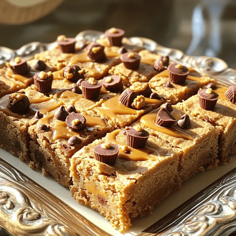 When making peanut butter cup blondies, you need the right ingredients. Here’s a detailed list to help you gather what you need: - 1 cup creamy peanut butter - 1 cup brown sugar, packed - 1/2 cup granulated sugar - 2 large eggs - 1 teaspoon vanilla extract - 1 cup all-purpose flour - 1/2 teaspoon baking powder - 1/4 teaspoon baking soda - 1/2 teaspoon salt - 1 cup mini chocolate peanut butter cups, chopped - 1/2 cup chocolate chips (optional for extra richness) These ingredients blend together to create a moist, sweet treat. The creamy peanut butter gives the blondies their rich flavor. Brown sugar adds depth, while granulated sugar gives sweetness. The eggs bind everything together, creating a luscious texture. Vanilla extract enhances the overall flavor, making each bite delightful. The flour, baking powder, and baking soda help the blondies rise. Salt balances the sweetness and brings out the flavors. Mini chocolate peanut butter cups add fun bursts of chocolate. If you want even more chocolate, add chocolate chips! I recommend using fresh ingredients for the best taste. Each item plays a role in making these blondies irresistibly sweet. For the complete recipe, check out the Full Recipe section. First, set your oven to preheat at 350°F (175°C). This step is key for even baking. You can grease an 8x8 inch baking dish or use parchment paper. Greasing helps the blondies release easily. Parchment paper makes removal even simpler, so choose what you like best. In a large bowl, mix 1 cup of creamy peanut butter with 1 cup of brown sugar and 1/2 cup of granulated sugar. Stir until it's smooth and well-blended. Next, add 2 large eggs, one at a time. Make sure to mix well after each egg. Now, stir in 1 teaspoon of vanilla extract for extra flavor. In a separate bowl, whisk together 1 cup of all-purpose flour, 1/2 teaspoon of baking powder, 1/4 teaspoon of baking soda, and 1/2 teaspoon of salt. This mix gives the blondies the right texture. Slowly add the dry ingredients to the wet mixture. Stir just until they combine; don't overmix. Finally, gently fold in 1 cup of chopped mini chocolate peanut butter cups. You can add 1/2 cup of chocolate chips for more richness if you want. Pour the batter into your prepared baking dish, spreading it evenly with a spatula. Place it in the preheated oven and bake for 22-25 minutes. The edges should turn lightly golden. To check doneness, insert a toothpick into the center. It should come out mostly clean, with a few crumbs sticking to it. Once baked, remove the dish from the oven. Let it cool for about 10 minutes before lifting it out, if you used parchment. If not, just cut straight from the pan. Allow the blondies to cool completely before slicing them into squares. - Overmixing the batter: This can make your blondies tough. Mix just until you see no dry flour. - Not baking long enough: If you take them out too soon, they will be gooey. Always check with a toothpick. It should come out mostly clean. - Adding a pinch of cinnamon: This small addition can boost the flavor. It gives a warm touch to your blondies. - Using different types of chocolate: Swap in dark chocolate or white chocolate for variety. Each type adds a new taste twist. - Serving suggestions with melted peanut butter or chocolate: Drizzle melted peanut butter or chocolate on top. This makes the blondies look fancy. - Garnishing options like crushed peanuts: Sprinkle crushed peanuts on top for crunch. It adds texture and makes your treat pop. For the full recipe, check out the detailed steps above. {{image_2}} You can make these blondies nut-free by using sun butter instead of peanut butter. Sun butter is made from sunflower seeds. It has a creamy texture and a rich taste. It works well in sweet recipes. Be sure to choose a variety that is safe from allergens in your area. This swap keeps the blondies just as delicious! If you need a gluten-free option, try using almond flour or coconut flour. Almond flour adds a nice nutty flavor, while coconut flour gives a slight sweetness. Both options work well in this recipe. Just remember to adjust the amount you use. For almond flour, you can use the same amount as all-purpose flour. For coconut flour, use half the amount since it absorbs more moisture. Want to mix things up? You can add caramel or toffee bits for extra sweetness. These will melt into the batter as it bakes, creating gooey pockets of flavor. You can also use different flavored chips, such as butterscotch or white chocolate. This allows you to create your own unique twist on these blondies. Enjoy experimenting with flavor! Store your Peanut Butter Cup Blondies at room temperature for up to three days. Keep them in an airtight container to keep them fresh. If you want to extend their life, refrigerate them. In the fridge, they can last up to a week. Always use a sealed container to prevent them from drying out. To freeze your blondies, cut them into squares first. Wrap each piece in plastic wrap, then place them in a freezer-safe bag. This method helps keep them fresh. They can last in the freezer for up to three months. When ready to eat, thaw them overnight in the fridge for the best texture. For a quick thaw, you can leave them at room temperature for a few hours. At room temperature, your blondies will last about three days. If you store them in the fridge, they can stay fresh for up to a week. If frozen properly, they can last for about three months. Always check for any signs of spoilage before enjoying your sweet treat. For the full recipe, check out the complete guide! To check if your blondies are ready, look for a few signs. The edges should be lightly golden. Insert a toothpick into the center; it should come out mostly clean. A few crumbs are okay but no wet batter. This method helps you avoid overbaking. Yes, you can make these blondies ahead of time. Once baked, let them cool completely. Store them in an airtight container at room temperature for up to four days. If you need to reheat, warm them in the oven for a few minutes. This keeps their texture soft and chewy. If you don’t have peanut butter, try using almond butter or cashew butter. These spreads work well and add a nutty flavor. Sunflower seed butter is a great nut-free option. Each alternative will change the taste slightly, but they still create delicious blondies. Absolutely! Adding nuts can enhance the texture and flavor. Chopped walnuts or pecans pair nicely with the peanut butter. Just fold them into the batter after mixing in the chocolate cups. Nuts add crunch and a different taste that balances the sweetness. You now have a simple guide to make delicious peanut butter blondies. We covered all the key ingredients, steps to bake, and tips for best results. Remember to watch out for common mistakes like overmixing. Feel free to get creative with flavors too! These blondies are versatile and fun. Store them properly to keep them fresh, and they can last for days. Enjoy baking and sharing these treats with friends and family!