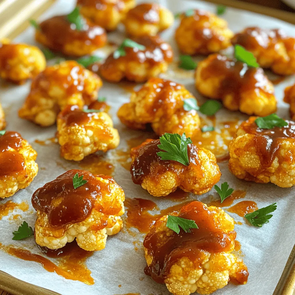 To make BBQ cauliflower wings, you need: - 1 large head of cauliflower, cut into florets - 1 cup all-purpose flour (or gluten-free flour) - 1 cup unsweetened almond milk (or any milk of choice) - 1 teaspoon garlic powder - 1 teaspoon onion powder - 1 teaspoon smoked paprika - 1 teaspoon salt - ½ teaspoon black pepper - 1 cup BBQ sauce (store-bought or homemade) - 2 tablespoons olive oil - Fresh parsley for garnish (optional) If you can’t find an ingredient, try these swaps: - Use chickpea flour instead of all-purpose flour for a gluten-free option. - Swap almond milk for soy milk or oat milk if needed. - Replace garlic powder with fresh minced garlic for a bolder taste. - Use apple cider vinegar in the BBQ sauce for added tang. Each serving of these BBQ cauliflower wings is packed with flavor. Here’s what you get: - Calories: 150 - Protein: 4g - Carbohydrates: 25g - Dietary Fiber: 3g - Fat: 5g - Sodium: 400mg These wings make a great snack or a fun side dish. They are healthy and full of flavor! For a full recipe, check the details above. First, set your oven to 450°F (230°C). This high heat helps make the wings crispy. While the oven heats, take a baking sheet and line it with parchment paper. This will keep the wings from sticking and make clean-up easier. In a mixing bowl, combine one cup of all-purpose flour with garlic powder, onion powder, smoked paprika, salt, and black pepper. Whisk these dry ingredients together well. Next, slowly add one cup of unsweetened almond milk. Keep whisking until you get a smooth batter. This batter will give the cauliflower a great texture. Now, take your cauliflower florets and dip each one into the batter. Make sure to shake off any extra batter. Then, place the coated florets on the lined baking sheet. Bake them in the preheated oven for about 20 minutes. Flip the florets halfway through so they cook evenly. When they are golden and crispy, take them out. Drizzle your favorite BBQ sauce over the wings and toss them gently to coat. Finally, return them to the oven for another 10 minutes. This allows the sauce to caramelize and adds amazing flavor. Enjoy your BBQ cauliflower wings hot! For the full recipe, check the earlier section. To make your BBQ cauliflower wings extra crispy, follow these steps: - Use a hot oven: Preheat to 450°F (230°C). This helps create a nice crunch. - Coat well: Make sure each floret is fully covered in batter. Shake off excess batter. - Space them out: Place the florets on the baking sheet with space between them. This allows air to flow and helps with crispiness. - Flip halfway: Turn the wings halfway through baking. This ensures even cooking and browning. You can easily boost the flavor of your BBQ cauliflower wings. Here are some ideas: - Add spices: Try adding cayenne pepper or chili powder to the batter for a kick. - Mix sauces: Combine BBQ sauce with hot sauce for a spicy twist. - Marinate: Let the cauliflower florets sit in the batter for 30 minutes. This helps absorb more flavor. - Garnish: Fresh herbs like cilantro or basil can add a burst of flavor on top. How you serve your BBQ cauliflower wings can make a big difference. Here are some fun ideas: - Dips: Pair with ranch, blue cheese, or a spicy aioli for extra flavor. - Salads: Serve on a bed of greens or with a crunchy slaw for a fresh side. - Wraps: Use them in a wrap with veggies and your favorite sauce for a tasty meal. - Platter: Create a platter with veggies and dips for parties. Your wings will be the star! For the complete recipe, check the [Full Recipe]. Enjoy your cooking! {{image_2}} You can switch up the BBQ sauce for a new taste. Try buffalo sauce for heat. Honey mustard adds a sweet twist. You can also use teriyaki sauce for a tropical flavor. Each sauce will give a unique touch to your wings. If you need gluten-free wings, use gluten-free flour. Almond milk works well for a vegan option. These swaps keep the wings tasty without animal products. You can enjoy a delicious meal that fits your diet. You can make BBQ cauliflower wings in an air fryer, too. Set the air fryer to 400°F (200°C) and cook for 15 minutes. Shake the basket halfway through for even cooking. Grilling also gives a nice smoky flavor. Brush the cauliflower with oil and grill on medium heat. Cook each side for about 5-7 minutes. This method adds a char that many love. Try these methods for a fun twist on the classic BBQ cauliflower wings. For the full recipe, check out the detailed instructions above. To keep your BBQ cauliflower wings fresh, place them in an airtight container. You can store them in the fridge for up to three days. Make sure they completely cool before sealing the container. This helps keep the wings crispy and tasty. When you are ready to eat your leftovers, use the oven for the best results. Preheat your oven to 350°F (175°C). Spread the cauliflower wings on a baking sheet. Bake for about 10-15 minutes or until they are hot and crispy again. You can also use an air fryer to reheat them. Just cook them at 350°F (175°C) for 5-7 minutes. This way, they’ll regain their crunch. If you want to save your BBQ cauliflower wings for later, you can freeze them. First, let the wings cool completely. Next, spread them in a single layer on a baking sheet. Freeze them for about an hour. Once frozen, transfer the wings to a freezer bag or container. You can keep them in the freezer for up to three months. When you’re ready to eat, thaw them in the fridge, then reheat using the tips above. Enjoy your crispy and flavorful wings anytime! For more detailed steps, check out the Full Recipe. To make BBQ cauliflower wings spicy, add cayenne pepper or red pepper flakes to the batter. Start with ½ teaspoon and adjust to your heat level. You can also mix in spicy BBQ sauce. This adds heat and a nice kick to each bite. If you want more flavor, try adding hot sauce to the BBQ sauce. Yes, you can use frozen cauliflower. Just thaw it first and pat it dry. This helps the batter stick better. Frozen cauliflower may be softer than fresh, so it can affect the texture. Keep an eye on the cooking time, as frozen florets may need a few extra minutes in the oven to crisp up. BBQ cauliflower wings pair well with many sides. Here are some ideas: - Coleslaw adds crunch and freshness. - Cornbread offers a sweet, soft contrast. - Sweet potato fries are a tasty, hearty option. - A green salad with light dressing balances the meal. - Veggie sticks with dip make for a fun side. For the full recipe, check out the details above! This blog post covered how to make BBQ cauliflower wings. We discussed the ingredients needed and suggested some substitutes. You learned step-by-step instructions from prepping to baking. I shared tips to make your wings extra crispy and added some flavor ideas. We explored different sauces and cooking methods, plus storage and reheating tips. With this guide, you're ready to create tasty wings that everyone will love! Enjoy your cooking adventure!