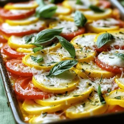 Choosing the Best Zucchini and Yellow Squash When selecting zucchini and yellow squash, look for firm, smooth skin. The squash should feel heavy for its size. Small to medium squash have the best flavor. Avoid any with soft spots or blemishes for the best results. Tips for Selecting Ripe Tomatoes Choose tomatoes that are bright and fragrant. They should feel slightly soft but not mushy. Look for tomatoes with rich colors. Heirloom varieties add great flavor and texture to your dish. Importance of Fresh Garlic and Onions Fresh garlic and onions bring depth to your bake. They enhance the sweetness of the squash and tomatoes. Choose firm, dry onions with no sprouts. For garlic, pick heads with tight skin. Types of Cheese to Use for Best Results For this dish, use mozzarella for its meltiness. Pair it with grated Parmesan for a savory finish. These cheeses blend well and add flavor without overpowering the vegetables. Recommended Herbs: Basil and Oregano Basil adds a sweet note, while oregano offers earthiness. Together, they create a classic flavor profile. Fresh herbs are best, but dried work well if that's what you have. Role of Olive Oil in the Recipe Olive oil adds richness and helps the flavors meld. It also aids in cooking the squash evenly. Use a good quality oil for the best taste. Drizzle it over the layers for added moisture. For the full recipe, check out the Sunny Summer Squash & Tomato Bake. To make a great summer squash and tomato bake, you need to start with the veggies. Slice your zucchinis and yellow squash into thin rounds. Aim for about 1/4 inch thick. This size ensures even cooking. For the tomatoes, slice them into rounds too. Next, you will mix the veggies with flavor. In a big bowl, add the sliced squash. Drizzle 2 tablespoons of olive oil over them. Then, sprinkle in the dried basil, oregano, red pepper flakes, salt, and pepper. Toss everything together. Make sure each slice gets coated. This step adds a tasty kick! Now, let’s layer our dish for baking. Start with half of the seasoned squash. Place this in a medium baking dish. Then, add a layer of sliced onions and half of the tomatoes on top. The next step is to sprinkle half of the mozzarella cheese over the tomatoes. Repeat these layers with the remaining squash, onions, and tomatoes. Finish with the rest of the mozzarella and all of the Parmesan cheese on top. Layering this way helps all the flavors mix and cook well. For even cooking, it’s key to spread the layers flat. This way, heat circulates around each layer. You want each bite to be just as tasty as the last! Cover the baking dish with aluminum foil. This cover traps steam and helps cook the veggies. Bake it at 375°F (190°C) for 30 minutes. After 30 minutes, remove the foil. Bake for another 15 minutes. You’ll know it’s done when the cheese is bubbly and golden brown. Let it cool for a few minutes before serving. This helps the layers set. Enjoy this savory delight warm from the oven! For the full recipe, check the Sunny Summer Squash & Tomato Bake recipe. - Proper Storage Techniques for Leftovers After enjoying your bake, let it cool completely. Store leftovers in an airtight container. It will last about three to four days in the fridge. You can also freeze portions. Use freezer-safe containers or bags. Just make sure to label them with the date. - Best Methods for Reheating Without Losing Flavor To reheat, preheat your oven to 350°F (175°C). Place the bake in an oven-safe dish. Cover it with foil to keep it moist. Heat for about 15-20 minutes, or until warm. You can also use the microwave but it may make the dish soggy. If you use the microwave, heat it in short bursts and check often. - Additions and Substitutions for Extra Flavor Want a twist? Try adding sliced bell peppers or mushrooms. These add great taste and texture. You can also swap mozzarella for a sharper cheese like cheddar. For a richer flavor, drizzle balsamic glaze on top before serving. - Common Mistakes to Avoid Avoid overcooking your vegetables. They should remain tender but not mushy. Make sure to season each layer well. This helps the flavors mix nicely. Lastly, don’t skip the fresh basil garnish; it adds a burst of freshness. For the full recipe, check out the Sunny Summer Squash & Tomato Bake. {{image_2}} You can easily change this dish by adding protein. If you enjoy chicken, try adding cooked, diced chicken breast. It brings heartiness to the bake. Simply layer it between the vegetables for a tasty twist. Sausage is another great option. Use Italian sausage for a spicy kick. Cook it first, then slice it and mix it into the layers. This adds flavor and makes the dish more filling. If you prefer a plant-based option, vegan cheese works well too. Look for brands that melt nicely. This way, you can keep the dish creamy without using dairy. This dish is flexible with vegetables. You can add bell peppers, spinach, or eggplant. Just slice them thin and layer them with the squash and tomatoes. They blend in well and add more nutrients. Another fun idea is swapping tomatoes for seasonal fruits. Try ripe peaches or nectarines for a sweet twist. Just slice them and layer them as you would the tomatoes. This gives a unique flavor and freshness to the bake. For a full recipe, check the Sunny Summer Squash & Tomato Bake. Enjoy experimenting with these variations! How Long Will It Last in the Fridge? Your Summer Squash and Tomato Bake will last about 3 to 5 days in the fridge. Store it in an airtight container. This keeps it fresh and tasty. Freezing Tips for Long-term Storage If you want to freeze it, let it cool first. Wrap it tightly in plastic wrap and put it in a freezer-safe bag. This dish can last for up to 3 months in the freezer. Remember to label the bag with the date. Recommended Airtight Containers Use glass or plastic containers with tight-fitting lids. They help keep moisture and air out, which keeps your dish fresh. Labeling and Date Tracking Always write the date on the container. This helps you know how long it has been stored. It's a simple step, but it makes a big difference. You can make your bake healthier in a few ways. First, use less cheese. You can reduce the mozzarella to half a cup. Use part-skim mozzarella or a low-fat version. For the Parmesan, try using nutritional yeast for a cheesy flavor without extra fat. - Tips for Lowering Calories - Use less olive oil: Cut back to 1 tablespoon. - Add more veggies: Mix in bell peppers or spinach. - Healthier Cheese Alternatives - Try goat cheese for a tangy taste with less fat. - Use cottage cheese instead for a protein boost. Yes, you can make this dish ahead of time! Just layer all the ingredients in the baking dish. Cover it well with plastic wrap. You can store it in the fridge for up to 24 hours. - Steps for Make-Ahead Preparation - Follow the recipe but do not bake. - Cover tightly and refrigerate until you’re ready to bake. - Tips for Quick Assembly on Cooking Day - Pre-slice your veggies a day early for speed. - Assemble the dish in the morning and bake later. This bake pairs well with many side dishes. A fresh garden salad adds a nice crunch. You can also serve it with crusty bread for a hearty meal. - Complementary Side Dishes - Garlic bread for a flavorful side. - Quinoa or couscous for added protein. - Suggested Pairings and Beverage Choices - A light white wine, like Sauvignon Blanc, works well. - Fresh lemonade is a refreshing choice for summer. For the complete recipe, check out the Sunny Summer Squash & Tomato Bake. Enjoy! This blog post shared how to create a delightful Summer Squash and Tomato Bake. We explored selecting fresh produce, choosing the right cheeses, and layering ingredients for the best flavor. We also covered baking tips and proper storage methods. Remember, using fresh ingredients makes a big difference. Feel free to adjust the recipe with proteins or other veggies. Enjoy experimenting and make this dish your own! Trust me; it’s worth the effort for a tasty meal.