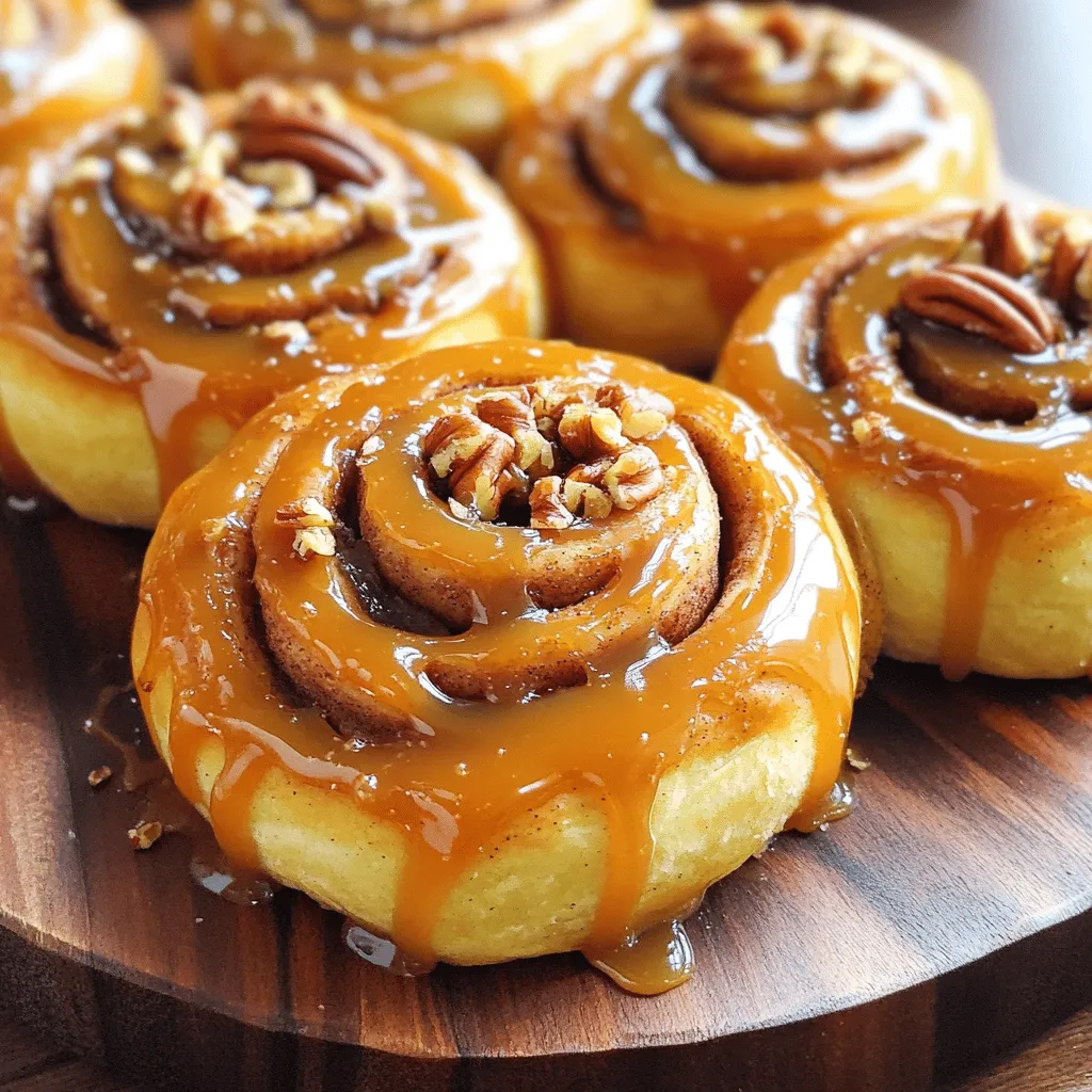 To make these sweet rolls, gather the following ingredients: - 1 cup warm milk (110°F or 43°C) - 1 packet (2 ¼ teaspoons) active dry yeast - ¼ cup granulated sugar - ¼ cup unsalted butter, melted - 1 large egg - 4 cups all-purpose flour - ½ teaspoon salt - 1 tablespoon cinnamon - ½ cup brown sugar, packed (for the filling) - 2 tablespoons cinnamon (for the filling) - ½ cup unsalted butter, softened (for the filling) - 1 cup pecans, chopped (for the filling) - 1 cup brown sugar, packed (for the caramel sauce) - ½ cup unsalted butter (for the caramel sauce) - ¼ cup heavy cream (for the caramel sauce) - ½ teaspoon vanilla extract (for the caramel sauce) Choosing fresh ingredients makes a big difference. Here are some tips: - Milk: Look for milk with a recent date. It should smell fresh. - Yeast: Check the expiration date. Fresh yeast will foam when mixed with warm milk. - Butter: Use unsalted butter for better control over salt levels. - Pecans: Select whole pecans that are firm and smell nutty. Avoid any with a rancid odor. - Spices: Check that spices are not clumpy. Fresh spices have a strong aroma. If you need to swap ingredients, here are some good options: - Milk: Use almond milk or oat milk if you prefer dairy-free. - Yeast: Instant yeast can replace active dry yeast in a 1:1 ratio. - Butter: Coconut oil or vegan butter work well for a dairy-free version. - Pecans: Walnuts or almonds can replace pecans if needed. - Sugar: Coconut sugar or honey can be used as alternatives based on your taste. For the full recipe, check the section above. Enjoy making your caramel pecan cinnamon rolls! To start, you need to activate the yeast. This step is key for fluffy rolls. In a small bowl, mix together 1 cup of warm milk, ¼ cup of sugar, and 1 packet of active dry yeast. Let this sit for about 5 to 10 minutes. You want to see bubbles forming. This means your yeast is alive! Next, we will make the dough. In a large mixing bowl, combine the melted butter, 1 large egg, and the yeast mixture. Add ½ teaspoon of salt. Slowly mix in 4 cups of all-purpose flour, one cup at a time. Once the dough starts to form, it’s time to knead. Turn the dough out onto a floured surface. Knead it for about 5 minutes until it feels smooth and elastic. Place it in a greased bowl, cover it, and let it rise in a warm spot for about 1 hour. You want it to double in size. Once your dough has risen, punch it down. Roll it out on a floured surface into a rectangle, about 18 by 12 inches. Now, let’s prepare the filling. Mix ½ cup of brown sugar, 2 tablespoons of cinnamon, and ½ cup of softened butter in a medium bowl. Stir in 1 cup of chopped pecans. Spread this filling evenly over your dough. Now roll the dough tightly from one edge to the other, forming a log. Cut this log into 12 equal pieces. Place these pieces in a greased 9x13-inch baking dish. Cover and let them rise again for about 30 minutes. While they rise, preheat your oven to 350°F (175°C). For the caramel sauce, combine 1 cup of brown sugar, ½ cup of butter, and ¼ cup of heavy cream in a saucepan. Heat over medium, stirring until it is bubbly and thick, about 5 minutes. Remove from heat and stir in ½ teaspoon of vanilla extract. After the rolls have risen, pour half of the caramel sauce into the bottom of your baking dish. Place the risen rolls on top. Bake for 25 to 30 minutes until golden brown. For the complete list of ingredients and detailed steps, check the Full Recipe. To roll out dough well, start with a clean, floured surface. Use a rolling pin for even thickness. Roll from the center outwards. Aim for a rectangle about 18x12 inches. Keep the dough lightly floured to prevent sticking. If it resists, let it rest for a few minutes. This helps the gluten relax. For the perfect caramel sauce, use medium heat. Combine brown sugar, butter, and heavy cream in a saucepan. Stir constantly until it bubbles and thickens. This takes about five minutes. Remove from heat and add vanilla for flavor. If it’s too thick, add a splash of cream. If it’s too thin, cook it a bit longer. One common mistake is not letting the dough rise enough. Always let it double in size. Another mistake is using cold ingredients. Make sure your milk is warm when activating yeast. Also, don’t skip the resting time after rolling. This helps your rolls stay fluffy. Lastly, be careful not to burn the caramel. Watch it closely while cooking. For more tips and a complete guide, check the Full Recipe. {{image_2}} If you're looking for nut-free options, you have great choices. You can skip the pecans and use sunflower seeds instead. They add a nice crunch without the nuts. You can also try using pumpkin seeds for a different flavor. Both options work well in the filling. You can mix up the filling for your cinnamon rolls. Try using chocolate chips for a sweet twist. Or, go for dried fruits like raisins or cranberries for a chewy bite. You can even add a bit of cream cheese for a rich flavor. Each filling brings a unique taste to the rolls. Make your rolls special for the season. In fall, add pumpkin spice to the filling for that cozy feel. During the winter, try a hint of peppermint extract in the caramel. For spring, use lemon zest to brighten the flavor. Each season offers a chance to explore new tastes. For the full recipe, check out the detailed steps and ingredients. To keep your caramel pecan cinnamon rolls fresh, place them in an airtight container. This helps maintain moisture. Store at room temperature for up to three days. If you have more rolls than you can eat, refrigeration is an option, but it can dry them out. You can freeze these rolls for later enjoyment. Allow them to cool completely first. Then, wrap each roll in plastic wrap and place them in a freezer bag. They can last up to three months in the freezer. To enjoy, thaw in the fridge overnight and reheat. For the best taste, reheat the rolls in the oven. Preheat to 350°F (175°C). Place the rolls on a baking sheet and cover them with foil. Heat for about 10-15 minutes. This way, they regain their soft texture. You can also microwave them for 15-20 seconds, but they may become chewy. For extra flavor, drizzle some caramel sauce on top before serving. Yes, you can make these rolls ahead of time. Prepare the dough and filling. After rolling up the dough, cut it into pieces and place them in the baking dish. Cover and refrigerate overnight. In the morning, let them rise for about 30 minutes before baking. This saves time and gives you warm rolls fast. The dough should double in size. Press your finger into the dough lightly. If the indent remains, it is ready. If it springs back, let it rise longer. This shows that the yeast is active and the dough is ready to roll out. If you don't like pecans, you can use walnuts or almonds. Both add a nice crunch. You can also skip nuts entirely for a nut-free version. The rolls will still be tasty without them. Yes, you can use any milk you like. Almond milk, soy milk, or oat milk work well. Keep the temperature around 110°F (43°C) to activate the yeast properly. This will ensure your rolls rise just right. Caramel pecan cinnamon rolls are a delightful treat made with fresh, quality ingredients. We explored how to activate yeast, knead dough, and bake perfectly. Remember the tips for rolling dough and achieving the right caramel sauce. Don't forget about fun variations, like nut-free options or seasonal flavors. Proper storage helps keep them fresh for later. Enjoying this recipe enhances your baking skills and creates delicious moments. Now, you’re ready to impress family and friends with these sweet rolls!