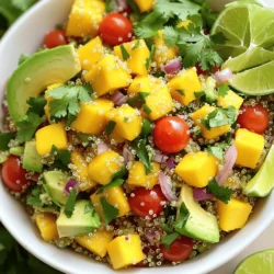 - Quinoa and Cooking Liquid Options - 1 cup quinoa, rinsed - 2 cups water or vegetable broth Quinoa is the star of this salad. It adds a nice nutty flavor and full texture. You can use water for a lighter taste or vegetable broth for a richer flavor. - Fresh Produce for Flavor and Texture - 1 ripe mango, diced - 2 ripe avocados, diced - 1 cup cherry tomatoes, halved - 1/4 cup red onion, finely chopped - 1/4 cup fresh cilantro, chopped Mango and avocado bring creaminess and sweetness. Cherry tomatoes add a pop of color and juiciness. Red onion gives a slight bite. Fresh cilantro ties it all together with a bright taste. - Dressing Ingredients for Enhanced Taste - 1 tablespoon lime juice - 1 tablespoon olive oil - Salt and pepper to taste - Optional: 1/2 jalapeño, minced (for a spicy kick) The dressing is simple but powerful. Lime juice adds acidity. Olive oil brings richness. Salt and pepper enhance the flavors. If you want more heat, add jalapeño for a nice kick. This recipe makes a fresh and flavorful dish. Find the Full Recipe above to guide you through every step. To start, you need to rinse the quinoa. This helps remove any bitter taste. Use a fine-mesh strainer and rinse it under cold water for about a minute. After rinsing, combine the quinoa and water (or broth) in a medium saucepan. Bring this mixture to a boil over high heat. Once it boils, reduce the heat to low. Cover the pot and let it simmer for about 15 minutes. You want the liquid to absorb completely. When done, take it off the heat and let it cool for a few minutes. Fluff the quinoa with a fork for the perfect texture. Next, grab a large bowl to mix the salad. Add the fresh diced mango, avocado, halved cherry tomatoes, chopped red onion, and cilantro. These ingredients bring a burst of flavor and color. Then, gently fold in the cooked quinoa. Be careful not to mash the avocado; you want it to stay chunky and fresh. Now it’s time for the dressing. In a small bowl, whisk together lime juice, olive oil, salt, and pepper. This simple dressing adds brightness to your salad. Taste it and adjust the seasoning as needed. If you like heat, fold in minced jalapeño for a spicy kick. Pour the dressing over the salad and toss gently to coat all the ingredients. You can find the full recipe [here]. Preparing ingredients ahead of time makes cooking easy. Chop up your mango, avocado, and veggies in advance. You can store them in airtight containers. Keep each ingredient separate to prevent browning. When you store prepped ingredients, use the fridge. This keeps them fresh for a few days. For avocados, sprinkle lime juice to slow browning. This simple trick keeps them vibrant and green. To boost flavor, consider adding a few spices. A pinch of cumin or chili powder can add depth. You can also try a dash of smoked paprika for a unique twist. If you want it spicier, add more jalapeño. You can also use red pepper flakes. For a milder taste, skip the jalapeño or add a little honey for sweetness. Serving your salad in beautiful bowls makes it special. Use white or colorful dishes to showcase the vibrant colors. Layer the ingredients for a nice visual effect. For garnishing, add extra cilantro leaves and lime wedges on top. This adds a fresh look and extra flavor. Enjoy this feast for the eyes as much as for the taste! This salad is not just tasty; it’s also a feast of colors. Try the full recipe for a delightful meal! {{image_2}} You can make this salad heartier by adding protein. Grilled chicken is a great choice. Just slice it thinly and mix it in. If you want a vegan option, try tofu. - Grilled Chicken: Cook it on a grill or stovetop. Slice it and add it to the salad. - Tofu: Press it to remove extra water. Cube and sauté until golden. Add it to the salad. - Legumes: You can also add canned beans like black beans or chickpeas. They add protein and fiber. The beauty of this salad is its adaptability. You can change the fruits based on what is in season. - Substituting Fruits: Try peaches in summer or pomegranate seeds in winter. Both add a unique taste. - Adjusting Ingredients: Use fresh herbs like basil or dill when they are in season. This change can give the salad a fresh twist. This salad is easy to modify for different diets. You can keep it gluten-free and vegan easily. - Gluten-Free: Quinoa is naturally gluten-free. Ensure your other ingredients are too. - Vegan Options: Replace honey or any animal products in dressings with plant-based options. - Modifying for Allergies: If you are allergic to avocados, try using nuts or seeds instead. For the full recipe of Mango Avocado Quinoa Salad, check out the details above! To keep your mango avocado quinoa salad fresh, use airtight containers. Glass or BPA-free plastic works well. These containers seal tightly, keeping air out. This helps slow down spoilage. When storing, keep the dressing separate. This keeps the salad from getting soggy. You can store the dressing in a small jar. Just shake it before using. When stored correctly, this salad lasts about 3 days in the fridge. However, the avocado can brown quickly. Check for signs of spoilage, like a sour smell or slimy texture. If you see these signs, it’s best to toss it. You can serve leftovers cold or at room temperature. If you want to warm it up, use the microwave. Heat it in short bursts to avoid cooking the avocado. You can also transform the salad into new dishes. Mix it into a wrap or add it to a grain bowl. This way, you can enjoy the flavors in different ways. For the detailed recipe, check the Full Recipe. Yes, you can make this salad ahead of time. It tastes great after chilling in the fridge. - Cook the quinoa and let it cool. - Chop the mango, avocado, and veggies. - Mix everything a few hours before serving. To keep the salad fresh, store the dressing separately. Combine it just before serving. This step helps keep the avocado from browning. If you want a change, you can use other grains. Brown rice or farro works well too. - Couscous is another quick option. - You can use millet for a gluten-free choice. Quinoa is high in protein and fiber. Other grains may have different nutrient profiles. Check labels if you need specific nutrition. Yes, this salad is great for meal prep. You can store it for quick meals during the week. - Use airtight containers for storage. - Keep the ingredients separate to avoid sogginess. Divide the salad into single servings. This method makes it easy to grab a meal on busy days. In this blog post, we explored how to make a tasty Mango Avocado Quinoa Salad. We discussed key ingredients, step-by-step cooking methods, and clever tips for meal prep. I shared fun ways to vary the salad, plus storage tips to keep it fresh. With these steps, you can create a salad that is flavorful and filled with nutrients. Enjoy trying out your own twists and share your favorites!