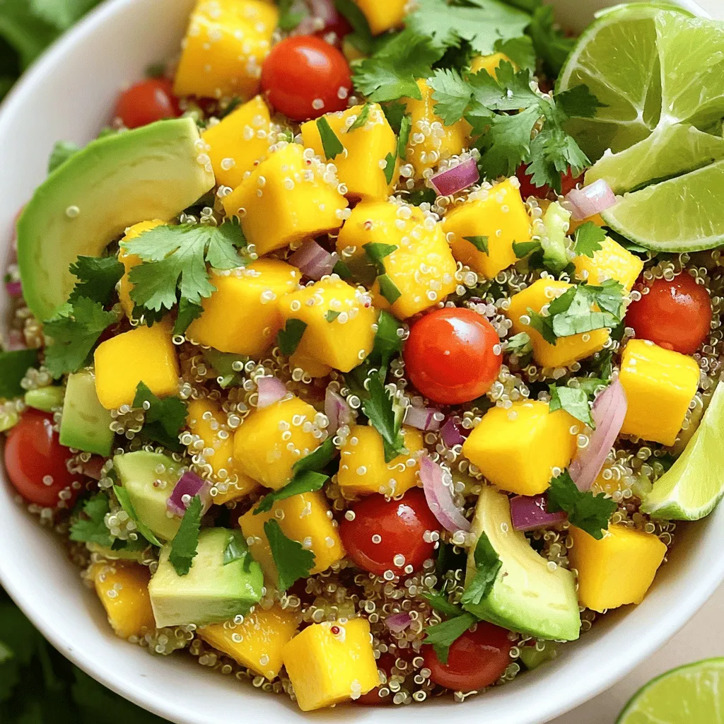 - Quinoa and Cooking Liquid Options - 1 cup quinoa, rinsed - 2 cups water or vegetable broth Quinoa is the star of this salad. It adds a nice nutty flavor and full texture. You can use water for a lighter taste or vegetable broth for a richer flavor. - Fresh Produce for Flavor and Texture - 1 ripe mango, diced - 2 ripe avocados, diced - 1 cup cherry tomatoes, halved - 1/4 cup red onion, finely chopped - 1/4 cup fresh cilantro, chopped Mango and avocado bring creaminess and sweetness. Cherry tomatoes add a pop of color and juiciness. Red onion gives a slight bite. Fresh cilantro ties it all together with a bright taste. - Dressing Ingredients for Enhanced Taste - 1 tablespoon lime juice - 1 tablespoon olive oil - Salt and pepper to taste - Optional: 1/2 jalapeño, minced (for a spicy kick) The dressing is simple but powerful. Lime juice adds acidity. Olive oil brings richness. Salt and pepper enhance the flavors. If you want more heat, add jalapeño for a nice kick. This recipe makes a fresh and flavorful dish. Find the Full Recipe above to guide you through every step. To start, you need to rinse the quinoa. This helps remove any bitter taste. Use a fine-mesh strainer and rinse it under cold water for about a minute. After rinsing, combine the quinoa and water (or broth) in a medium saucepan. Bring this mixture to a boil over high heat. Once it boils, reduce the heat to low. Cover the pot and let it simmer for about 15 minutes. You want the liquid to absorb completely. When done, take it off the heat and let it cool for a few minutes. Fluff the quinoa with a fork for the perfect texture. Next, grab a large bowl to mix the salad. Add the fresh diced mango, avocado, halved cherry tomatoes, chopped red onion, and cilantro. These ingredients bring a burst of flavor and color. Then, gently fold in the cooked quinoa. Be careful not to mash the avocado; you want it to stay chunky and fresh. Now it’s time for the dressing. In a small bowl, whisk together lime juice, olive oil, salt, and pepper. This simple dressing adds brightness to your salad. Taste it and adjust the seasoning as needed. If you like heat, fold in minced jalapeño for a spicy kick. Pour the dressing over the salad and toss gently to coat all the ingredients. You can find the full recipe [here]. Preparing ingredients ahead of time makes cooking easy. Chop up your mango, avocado, and veggies in advance. You can store them in airtight containers. Keep each ingredient separate to prevent browning. When you store prepped ingredients, use the fridge. This keeps them fresh for a few days. For avocados, sprinkle lime juice to slow browning. This simple trick keeps them vibrant and green. To boost flavor, consider adding a few spices. A pinch of cumin or chili powder can add depth. You can also try a dash of smoked paprika for a unique twist. If you want it spicier, add more jalapeño. You can also use red pepper flakes. For a milder taste, skip the jalapeño or add a little honey for sweetness. Serving your salad in beautiful bowls makes it special. Use white or colorful dishes to showcase the vibrant colors. Layer the ingredients for a nice visual effect. For garnishing, add extra cilantro leaves and lime wedges on top. This adds a fresh look and extra flavor. Enjoy this feast for the eyes as much as for the taste! This salad is not just tasty; it’s also a feast of colors. Try the full recipe for a delightful meal! {{image_2}} You can make this salad heartier by adding protein. Grilled chicken is a great choice. Just slice it thinly and mix it in. If you want a vegan option, try tofu. - Grilled Chicken: Cook it on a grill or stovetop. Slice it and add it to the salad. - Tofu: Press it to remove extra water. Cube and sauté until golden. Add it to the salad. - Legumes: You can also add canned beans like black beans or chickpeas. They add protein and fiber. The beauty of this salad is its adaptability. You can change the fruits based on what is in season. - Substituting Fruits: Try peaches in summer or pomegranate seeds in winter. Both add a unique taste. - Adjusting Ingredients: Use fresh herbs like basil or dill when they are in season. This change can give the salad a fresh twist. This salad is easy to modify for different diets. You can keep it gluten-free and vegan easily. - Gluten-Free: Quinoa is naturally gluten-free. Ensure your other ingredients are too. - Vegan Options: Replace honey or any animal products in dressings with plant-based options. - Modifying for Allergies: If you are allergic to avocados, try using nuts or seeds instead. For the full recipe of Mango Avocado Quinoa Salad, check out the details above! To keep your mango avocado quinoa salad fresh, use airtight containers. Glass or BPA-free plastic works well. These containers seal tightly, keeping air out. This helps slow down spoilage. When storing, keep the dressing separate. This keeps the salad from getting soggy. You can store the dressing in a small jar. Just shake it before using. When stored correctly, this salad lasts about 3 days in the fridge. However, the avocado can brown quickly. Check for signs of spoilage, like a sour smell or slimy texture. If you see these signs, it’s best to toss it. You can serve leftovers cold or at room temperature. If you want to warm it up, use the microwave. Heat it in short bursts to avoid cooking the avocado. You can also transform the salad into new dishes. Mix it into a wrap or add it to a grain bowl. This way, you can enjoy the flavors in different ways. For the detailed recipe, check the Full Recipe. Yes, you can make this salad ahead of time. It tastes great after chilling in the fridge. - Cook the quinoa and let it cool. - Chop the mango, avocado, and veggies. - Mix everything a few hours before serving. To keep the salad fresh, store the dressing separately. Combine it just before serving. This step helps keep the avocado from browning. If you want a change, you can use other grains. Brown rice or farro works well too. - Couscous is another quick option. - You can use millet for a gluten-free choice. Quinoa is high in protein and fiber. Other grains may have different nutrient profiles. Check labels if you need specific nutrition. Yes, this salad is great for meal prep. You can store it for quick meals during the week. - Use airtight containers for storage. - Keep the ingredients separate to avoid sogginess. Divide the salad into single servings. This method makes it easy to grab a meal on busy days. In this blog post, we explored how to make a tasty Mango Avocado Quinoa Salad. We discussed key ingredients, step-by-step cooking methods, and clever tips for meal prep. I shared fun ways to vary the salad, plus storage tips to keep it fresh. With these steps, you can create a salad that is flavorful and filled with nutrients. Enjoy trying out your own twists and share your favorites!