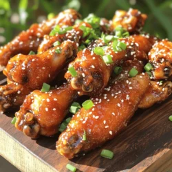 For this recipe, you'll need: - 2 pounds chicken wings These wings are the star of the dish. They soak up all the flavors. The marinade gives these wings their spicy and sweet kick. Gather these ingredients: - 1/4 cup honey - 1/4 cup soy sauce (use low sodium if you like) - 4 cloves garlic, minced - 2 tablespoons sriracha sauce - 1 tablespoon rice vinegar - 1 teaspoon fresh ginger, grated - 1/2 teaspoon black pepper - 1/2 teaspoon salt Mixing these together creates a magical sauce. The honey adds sweetness while sriracha packs in heat. A few final touches make these wings shine. Use: - Sesame seeds for garnish - Chopped green onions for garnish These garnishes add color and a pop of flavor. They make your wings look fancy and tasty. For the full recipe, you can refer to the detailed instructions. Enjoy making these wings! Start by preheating your oven to 400°F (200°C). Rinse the chicken wings under cold water. Pat them dry with a paper towel. This step helps the wings crisp up nicely. Place the wings in a large mixing bowl to prepare for marinating. In a separate bowl, mix together the honey, soy sauce, garlic, sriracha, rice vinegar, ginger, black pepper, and salt. Whisk these ingredients until they blend well. This marinade gives the wings their spicy and sweet kick. Pour the marinade over the wings in the bowl. Make sure all wings are well coated. For best taste, let them marinate for at least 30 minutes. If you have time, marinate them overnight in the fridge. This deepens the flavors. Line a baking sheet with aluminum foil for easy cleanup. Place a wire rack over the foil. Lay the marinated wings in a single layer on the rack. Bake them in the oven for about 40-45 minutes. Turn the wings halfway through to cook evenly. They should be crispy and golden brown when done. In the last 10 minutes of baking, take some leftover marinade. Brush it over the wings for extra flavor. This step adds a nice sticky glaze that makes them even more tasty. Once the wings are cooked, take them out of the oven. Sprinkle sesame seeds and chopped green onions on top. This gives them a nice look and adds freshness. Now, your spicy honey garlic wings are ready to enjoy! For the full recipe, check out the details above. To get wings that are super crispy, start with dry wings. Rinse them well and pat them dry. This helps the skin crisp up in the oven. Use a wire rack on your baking sheet. This allows heat to circulate all around. Bake at 400°F (200°C) for best results. Flip the wings halfway through cooking for even crispiness. Marinating is key to great flavor. You should marinate the wings for at least 30 minutes. If you have time, let them sit overnight in the fridge. This extra time allows the flavors to soak in deeply. The more time you give, the better the taste. Want to boost the flavor even more? Try adding some spices. A bit of paprika gives a nice kick. You could also mix in some cayenne pepper for heat. For a fresh twist, squeeze some lime juice over the wings before serving. This will brighten up the dish. Finally, consider adding fresh herbs like cilantro or parsley for an extra layer of flavor. Remember, these small touches can turn a good dish into a great one. For the complete recipe, check out the Full Recipe section. {{image_2}} You can adjust the heat in your wings. If you want a milder taste, use less sriracha. Try adding a bit of honey to balance the spice. For more heat, increase the sriracha or add cayenne pepper. You can also try different hot sauces for unique flavors. Honey gives these wings a nice flavor. However, you can swap it for maple syrup or agave nectar. Brown sugar can also work well and add a different depth. Each sweetener brings a unique taste, so feel free to experiment. Both methods can make great wings. The oven gives you a nice, crispy finish. Use a wire rack for the best results. The air fryer cooks wings faster and uses less oil. It also makes them super crispy. Choose the method that fits your time and tools best. For the full recipe, check out the detailed steps above. After you enjoy your spicy honey garlic wings, store any leftovers right away. Place the wings in an airtight container. They stay fresh for up to four days in the fridge. Make sure the wings cool before sealing. This keeps them crispy and tasty. If you have more wings than you can eat, freezing is a great choice. First, let them cool completely. Then, place the wings in a freezer-safe bag. Remove as much air as possible before sealing. They can last for up to three months in the freezer. When you're ready to eat them, just thaw in the fridge overnight. To reheat your wings, use the oven for the best results. Preheat it to 350°F (175°C). Place the wings on a baking sheet. Bake for about 15-20 minutes, or until they’re hot all the way through. You can also use a microwave, but this may make them less crispy. For that, heat in short bursts and check often. Enjoy your wings just like they were fresh from the oven! To make Spicy Honey Garlic Wings less spicy, reduce the sriracha sauce. You can also swap it with a milder hot sauce or omit it entirely. Adding more honey will balance the heat. You could also try using sweet chili sauce for a gentle kick. Yes, you can use frozen chicken wings. Just make sure to thaw them before cooking. This helps the wings cook evenly. You can thaw them in the fridge overnight or use the defrost setting on your microwave. Great dipping sauces for these wings include ranch or blue cheese dressing. You can also try a sweet chili sauce for a fruity twist. A simple garlic aioli can add a creamy touch. Experiment with your favorites! You can store cooked wings in the fridge for up to four days. Make sure to keep them in an airtight container. If you want to keep them longer, freeze the wings for up to three months. Yes, you can use cauliflower florets as a vegetarian option. Coat the florets in the same marinade and bake them. This gives you a tasty and healthy alternative. You can also try using tofu for a different texture. For the full recipe, check the earlier sections! We explored how to make delicious chicken wings from start to finish. You learned about key ingredients like the wings, marinade, and garnishes. I shared step-by-step instructions for prepping, marinating, and cooking. You also found tips for crispiness and creative variations. Storing your wings properly ensures they stay tasty. In the end, making these wings can be fun and easy. Enjoy trying different flavors and techniques. Your next wing dish will impress everyone!