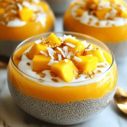 - 1 cup coconut milk - 1/2 cup almond milk - 1/4 cup chia seeds - 2 tablespoons maple syrup (or honey) - 1 ripe mango, pureed - 1/2 teaspoon vanilla extract - A pinch of salt To make Tropical Mango Chia Pudding, you need just a few simple items. First, coconut milk adds a creamy base. Almond milk gives extra flavor. Chia seeds are key for that pudding texture. You can sweeten it with maple syrup or honey. A ripe mango adds a fresh taste. Vanilla and a pinch of salt round out the flavors. - Fresh mango chunks - Toasted coconut flakes Top your pudding with fresh mango chunks for a burst of flavor. Toasted coconut flakes add crunch. These toppings make the dish look pretty and taste even better. - Alternative sweeteners - Different plant-based milks If you want to change the sweetness, use other sweeteners. You can try agave syrup or stevia. For the milk, use any plant-based option you like. Oat milk or soy milk works well too. This recipe is flexible to fit your taste! For the full recipe, refer to the section above. 1. In a mixing bowl, whisk together: - 1 cup coconut milk - 1/2 cup almond milk - 2 tablespoons maple syrup (or honey) - 1/2 teaspoon vanilla extract - A pinch of salt This step is key. It blends flavors nicely and sets the base for our pudding. 2. Stir in 1/4 cup chia seeds. Mix thoroughly to avoid clumps. This helps the chia seeds soak up the liquid. 3. Gently fold in 1 ripe mango, pureed. Make sure it's evenly distributed. This adds a sweet tropical flavor. 1. Cover the bowl tightly with plastic wrap or a lid. 2. Refrigerate for at least 4 hours or overnight. This time allows the chia seeds to swell and become pudding-like. 1. After chilling, stir the pudding well. Check the texture. If it's too thick, add a splash of almond milk. 2. Scoop the pudding into bowls or glasses. 3. Top with fresh mango chunks and toasted coconut flakes. These toppings add a nice crunch and extra flavor. For the full recipe, you can refer to the provided details above. Enjoy your delicious Tropical Mango Chia Pudding! To get the perfect thickness, start with the almond milk. If your chia pudding is too thick, add a splash of almond milk. Mix well until you reach your desired texture. The chia seeds will absorb liquid, so adjust slowly. This simple trick helps you control how creamy or thick you want your pudding. You can make your pudding even more tasty by adding other fruits. Try mixing in some pineapple for a tropical twist. Berries, like strawberries or blueberries, also work well. You can even add spices like cinnamon or nutmeg for warmth. Don't be afraid to experiment with flavors. Each addition can make your chia pudding special. Serving plays a big role in enjoying your pudding. Use clear glasses to show off the layers. You can layer the pudding with fresh mango chunks and toasted coconut flakes. This adds color and texture. For gatherings, consider making mini servings. They are fun and easy to share. Get creative with how you serve your pudding! {{image_2}} You can easily add more fruit to your mango chia pudding. Pineapple and passion fruit work great. Just chop fresh pineapple into small pieces. Mix it into your pudding for a sweet burst. Passion fruit adds a tangy taste. Scoop the pulp out and stir it in. These fruits brighten the flavor and give a tropical twist. This recipe can fit many diets. It is already vegan, so it’s perfect for plant-based eaters. If you need a nut-free version, skip almond milk. Use only coconut milk or try oat milk. Both will keep the creamy texture while being safe for those with nut allergies. For a fun twist, add chocolate or matcha powder. If you love chocolate, mix in cocoa powder. Start with one tablespoon and taste. Adjust more for a stronger flavor. For matcha lovers, add one teaspoon of matcha powder. This gives a lovely green color and a unique taste. Each option makes your pudding special and adds extra nutrition. You can find the full recipe above to try these variations. You can store your Tropical Mango Chia Pudding in the fridge for up to five days. It stays fresh and tasty during this time. Make sure to keep it in an airtight container. This helps prevent any odors from other foods in the fridge from affecting the pudding's flavor. Yes, you can freeze this pudding! If you want to keep it longer, pour it into a freezer-safe container. Leave some space at the top for expansion. This pudding can last in the freezer for about three months. When you're ready to eat it, thaw it in the fridge overnight. Chia pudding is best served cold, but if you want to warm it up, do so gently. Use the microwave in short bursts, stirring in between. Be careful not to heat it too much, as it can change the texture. If it gets too thick, stir in a bit of almond milk for a creamier feel. Yes, you can use different types of milk in this recipe. The best alternatives to coconut and almond milk include oat milk, soy milk, and cashew milk. Each option adds a unique flavor and texture. Oat milk gives a creamy consistency, while soy milk adds protein. Cashew milk is rich and slightly sweet. Choose what you like best! I recommend refrigerating the chia pudding for at least 4 hours. This time allows the chia seeds to soak and expand properly. If you can, let it sit overnight. This longer time helps achieve a thicker, creamier texture. The pudding will be ready when it looks set and holds its shape. You can easily swap maple syrup for other sweeteners. Honey is a great substitute since it adds natural sweetness. You can also use agave syrup or brown sugar. Just adjust the amount to taste. Each sweetener will give a slightly different flavor, so feel free to experiment! This chia pudding recipe combines coconut milk, almond milk, and mango for a tasty treat. You learned how to prepare it step by step and explore topping ideas. There are countless variations and substitutions to suit any taste. Remember, this is a fun, healthy dessert you can share with others. Make it your own by experimenting with flavors and textures. Enjoy your pudding journey!