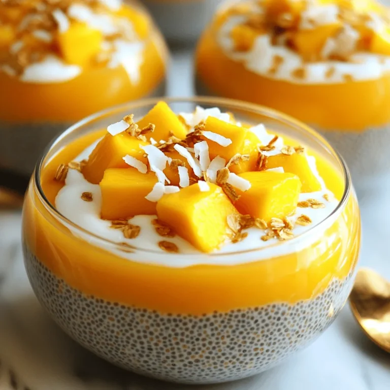 - 1 cup coconut milk - 1/2 cup almond milk - 1/4 cup chia seeds - 2 tablespoons maple syrup (or honey) - 1 ripe mango, pureed - 1/2 teaspoon vanilla extract - A pinch of salt To make Tropical Mango Chia Pudding, you need just a few simple items. First, coconut milk adds a creamy base. Almond milk gives extra flavor. Chia seeds are key for that pudding texture. You can sweeten it with maple syrup or honey. A ripe mango adds a fresh taste. Vanilla and a pinch of salt round out the flavors. - Fresh mango chunks - Toasted coconut flakes Top your pudding with fresh mango chunks for a burst of flavor. Toasted coconut flakes add crunch. These toppings make the dish look pretty and taste even better. - Alternative sweeteners - Different plant-based milks If you want to change the sweetness, use other sweeteners. You can try agave syrup or stevia. For the milk, use any plant-based option you like. Oat milk or soy milk works well too. This recipe is flexible to fit your taste! For the full recipe, refer to the section above. 1. In a mixing bowl, whisk together: - 1 cup coconut milk - 1/2 cup almond milk - 2 tablespoons maple syrup (or honey) - 1/2 teaspoon vanilla extract - A pinch of salt This step is key. It blends flavors nicely and sets the base for our pudding. 2. Stir in 1/4 cup chia seeds. Mix thoroughly to avoid clumps. This helps the chia seeds soak up the liquid. 3. Gently fold in 1 ripe mango, pureed. Make sure it's evenly distributed. This adds a sweet tropical flavor. 1. Cover the bowl tightly with plastic wrap or a lid. 2. Refrigerate for at least 4 hours or overnight. This time allows the chia seeds to swell and become pudding-like. 1. After chilling, stir the pudding well. Check the texture. If it's too thick, add a splash of almond milk. 2. Scoop the pudding into bowls or glasses. 3. Top with fresh mango chunks and toasted coconut flakes. These toppings add a nice crunch and extra flavor. For the full recipe, you can refer to the provided details above. Enjoy your delicious Tropical Mango Chia Pudding! To get the perfect thickness, start with the almond milk. If your chia pudding is too thick, add a splash of almond milk. Mix well until you reach your desired texture. The chia seeds will absorb liquid, so adjust slowly. This simple trick helps you control how creamy or thick you want your pudding. You can make your pudding even more tasty by adding other fruits. Try mixing in some pineapple for a tropical twist. Berries, like strawberries or blueberries, also work well. You can even add spices like cinnamon or nutmeg for warmth. Don't be afraid to experiment with flavors. Each addition can make your chia pudding special. Serving plays a big role in enjoying your pudding. Use clear glasses to show off the layers. You can layer the pudding with fresh mango chunks and toasted coconut flakes. This adds color and texture. For gatherings, consider making mini servings. They are fun and easy to share. Get creative with how you serve your pudding! {{image_2}} You can easily add more fruit to your mango chia pudding. Pineapple and passion fruit work great. Just chop fresh pineapple into small pieces. Mix it into your pudding for a sweet burst. Passion fruit adds a tangy taste. Scoop the pulp out and stir it in. These fruits brighten the flavor and give a tropical twist. This recipe can fit many diets. It is already vegan, so it’s perfect for plant-based eaters. If you need a nut-free version, skip almond milk. Use only coconut milk or try oat milk. Both will keep the creamy texture while being safe for those with nut allergies. For a fun twist, add chocolate or matcha powder. If you love chocolate, mix in cocoa powder. Start with one tablespoon and taste. Adjust more for a stronger flavor. For matcha lovers, add one teaspoon of matcha powder. This gives a lovely green color and a unique taste. Each option makes your pudding special and adds extra nutrition. You can find the full recipe above to try these variations. You can store your Tropical Mango Chia Pudding in the fridge for up to five days. It stays fresh and tasty during this time. Make sure to keep it in an airtight container. This helps prevent any odors from other foods in the fridge from affecting the pudding's flavor. Yes, you can freeze this pudding! If you want to keep it longer, pour it into a freezer-safe container. Leave some space at the top for expansion. This pudding can last in the freezer for about three months. When you're ready to eat it, thaw it in the fridge overnight. Chia pudding is best served cold, but if you want to warm it up, do so gently. Use the microwave in short bursts, stirring in between. Be careful not to heat it too much, as it can change the texture. If it gets too thick, stir in a bit of almond milk for a creamier feel. Yes, you can use different types of milk in this recipe. The best alternatives to coconut and almond milk include oat milk, soy milk, and cashew milk. Each option adds a unique flavor and texture. Oat milk gives a creamy consistency, while soy milk adds protein. Cashew milk is rich and slightly sweet. Choose what you like best! I recommend refrigerating the chia pudding for at least 4 hours. This time allows the chia seeds to soak and expand properly. If you can, let it sit overnight. This longer time helps achieve a thicker, creamier texture. The pudding will be ready when it looks set and holds its shape. You can easily swap maple syrup for other sweeteners. Honey is a great substitute since it adds natural sweetness. You can also use agave syrup or brown sugar. Just adjust the amount to taste. Each sweetener will give a slightly different flavor, so feel free to experiment! This chia pudding recipe combines coconut milk, almond milk, and mango for a tasty treat. You learned how to prepare it step by step and explore topping ideas. There are countless variations and substitutions to suit any taste. Remember, this is a fun, healthy dessert you can share with others. Make it your own by experimenting with flavors and textures. Enjoy your pudding journey!