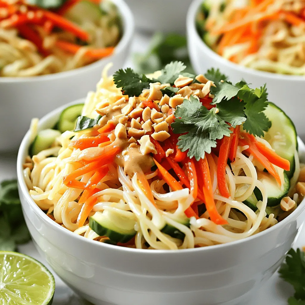 To make the Spicy Thai Noodle Salad, gather these fresh ingredients: - 8 oz rice noodles - 1 cup shredded carrots - 1 cup red bell pepper, julienned - 1 cup cucumbers, thinly sliced - 1/2 cup fresh cilantro, chopped - 1/4 cup green onions, chopped - 1/4 cup roasted peanuts, crushed - 1/4 cup Thai peanut dressing (store-bought or homemade) - 1 tablespoon lime juice - 1 tablespoon soy sauce - 1 teaspoon chili flakes (adjust for spice level) - Salt and pepper to taste Using fresh ingredients makes a big difference. Fresh veggies add crunch and bright flavors. I recommend choosing ripe, firm produce. For the dressing, you can use store-bought Thai peanut dressing, which saves time. However, making your own dressing gives you control over flavors. You can adjust the spice and sweetness to your liking. If you don't have an ingredient, don't worry! You can swap out rice noodles for soba or whole wheat noodles. For a nut-free option, use sunflower seed butter instead of peanut dressing. You can replace cilantro with basil for a different taste. If you prefer, use lime juice in place of lemon juice. These swaps help you enjoy the salad no matter what you have on hand. For the full recipe, check out the detailed steps above! To start, bring a pot of water to a boil. Once it bubbles, add 8 oz of rice noodles. Cook them for 4 to 6 minutes, or until they are tender. Drain the noodles and rinse them under cold water. This stops the cooking and keeps them from getting mushy. While the noodles cook, you can prep your veggies. Grab 1 cup of shredded carrots, 1 cup of red bell pepper, and 1 cup of cucumbers. Shred the carrots, julienne the red bell pepper, and slice the cucumbers thin. Set all the veggies aside for later. Next, it’s time for the dressing. In a small bowl, mix together 1/4 cup of Thai peanut dressing, 1 tablespoon of lime juice, and 1 tablespoon of soy sauce. Add in 1 teaspoon of chili flakes, along with salt and pepper to taste. Whisk until everything is well combined. Now, let’s bring it all together! In a large mixing bowl, add your cooled rice noodles. Toss in the shredded carrots, red bell pepper, cucumbers, and 1/2 cup of chopped cilantro. Also, add in 1/4 cup of chopped green onions. Drizzle the dressing over this mixture. Toss gently until everything is coated nicely. Lastly, sprinkle 1/4 cup of crushed roasted peanuts on top for extra crunch. Let the salad sit for about 10 minutes. This helps the flavors mix well. Now your Spicy Thai Noodle Salad is ready to enjoy! For the complete steps and ingredients, check out the Full Recipe. To get the spice just right, start small. Use one teaspoon of chili flakes. After mixing, taste the salad. If you want more heat, add more chili flakes. This way, you control the spice. Remember, you can always add more, but you can't take it out. Mixing is key to a great salad. Use a big bowl to toss the noodles and veggies. Start with the noodles, then add the carrots, bell pepper, and cucumbers. Pour the dressing over the top. Toss gently to coat everything. Be careful not to break the noodles. They should stay whole for the best texture. Presentation makes a difference. Serve the salad in individual bowls for a nice touch. Top each bowl with extra cilantro and a lime wedge. This adds color and freshness. You can also pair this salad with grilled chicken or shrimp for a heartier meal. Enjoy the mix of flavors! For the complete details, check the Full Recipe. {{image_2}} You can easily add protein to your Spicy Thai Noodle Salad. Chicken, tofu, or shrimp all work well. For chicken, grill or sauté it until cooked. Cut it into bite-sized pieces and toss it in. Tofu is great for a vegetarian option. Press it to remove water, then cube and sauté until golden. Shrimp cooks quickly. Just boil or sauté it for a few minutes until pink. Each choice adds a tasty twist to the salad. If you need a gluten-free option, use rice noodles as your base. They are naturally gluten-free and perfect for this dish. Make sure your soy sauce is gluten-free too. You can find tamari sauce as a great alternative. Always check labels when buying sauces or dressings. This way, you can enjoy the salad without worry. Feel free to switch up the veggies based on what's fresh. In spring, add snap peas or radishes for crunch. In summer, try cherry tomatoes or zucchini for a juicy bite. Fall brings great options like roasted sweet potatoes or butternut squash. Winter veggies like kale or Brussels sprouts add a hearty feel. Mixing seasonal vegetables keeps the salad exciting and full of flavor. For the full recipe, check out the details above. After you enjoy your Spicy Thai Noodle Salad, store any leftovers in an airtight container. This keeps the flavors fresh and crisp. Place the salad in the fridge if you plan to eat it later. Avoid mixing in the dressing until you are ready to serve. This helps prevent sogginess. You can eat this salad cold or at room temperature. If you prefer warm noodles, gently heat them in a pan. Add a splash of water to help steam them. Avoid using the microwave, as it can make the noodles mushy. The salad stays fresh in the fridge for about 2 to 3 days. After that, the veggies may lose their crunch. Always check for signs of spoilage before eating. If the salad smells off or looks slimy, it’s best to throw it away. Enjoy your Spicy Thai Noodle Salad fresh for the best taste! Spicy Thai Noodle Salad is both tasty and nutritious. Each serving has about 250 calories. You get 10 grams of protein, 15 grams of fat, and 30 grams of carbs. It is rich in vitamins from the fresh veggies. Carrots add beta-carotene, while cucumbers keep you hydrated. Peanuts provide healthy fats and protein. Yes, you can make this salad ahead of time! It holds well in the fridge. Prepare it up to a day in advance. Just keep the dressing separate until you serve it. This way, the noodles and veggies stay crisp and fresh. Mix everything together right before eating. To adjust the spice level, you can change the chili flakes. Start with less if you prefer mild. Add more gradually until you find your perfect heat. You can also add fresh sliced chili for extra spice. If it’s too spicy, add more veggies or noodles to balance it out. If you don’t have peanut dressing, try tahini or almond butter. Both options give a nice nutty flavor. You can also use a simple mix of soy sauce and lime juice. This adds tang and depth without the nuts. Experiment with what you have on hand! The Spicy Thai Noodle Salad is fresh and vibrant. It combines rice noodles with crisp vegetables. You can use shredded carrots, red bell pepper, and cucumbers. Fresh cilantro and green onions add flavor. For crunch, we add crushed roasted peanuts. The dressing ties it all together with a kick. You can use store-bought or homemade Thai peanut dressing. This dish is quick to make and great for sharing. Prep time for this salad is about 15 minutes. Cooking the rice noodles takes an additional 4-6 minutes. In total, you can have this salad ready in 30 minutes. Each serving is colorful and packed with flavor. This meal serves four, making it perfect for a small gathering. You can also enjoy leftovers the next day. For the full recipe, refer to the instructions above. This blog post covered everything you need to make a tasty Spicy Thai Noodle Salad. We looked at fresh versus store-bought ingredients and even common swaps. I shared easy steps for cooking noodles and preparing veggies. You learned tips for the right spice level and serving ideas. We explored ways to add protein and discussed gluten-free and seasonal options. Lastly, I gave you storage tips and answered common questions. This salad is simple and fun to make. Enjoy creating your own version!