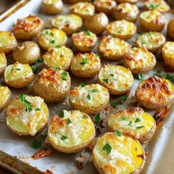 - 2 lbs baby potatoes, halved - 4 tablespoons olive oil - 4 cloves garlic, minced - 1 teaspoon dried thyme - 1 teaspoon dried rosemary - Salt and pepper to taste - 1 cup grated Parmesan cheese - Fresh parsley, chopped (for garnish) Gathering the right ingredients is key to making garlic Parmesan roasted potatoes. Start with baby potatoes. Their small size cooks evenly and gives a nice bite. Olive oil adds richness and helps with crispiness. Minced garlic brings that strong flavor we love. Next, we need seasonings. Dried thyme and rosemary add earthy notes. Salt and pepper enhance all the flavors. You can adjust these to fit your taste. Finally, we can't forget the toppings. Grated Parmesan cheese gives a crunchy, cheesy finish. Fresh parsley adds color and freshness. These ingredients come together to make a dish you will want to share. For the complete recipe, check out the Full Recipe. - First, preheat your oven to 425°F (220°C). - Next, take a large baking sheet and line it with parchment paper. This makes for easy cleanup. - In a large bowl, combine the halved baby potatoes with olive oil and minced garlic. - Add dried thyme and rosemary to the bowl. Stir well until the potatoes are nicely coated. - Season with salt and pepper to taste, then toss again for an even mix. - Spread the potatoes on the prepared baking sheet in a single layer, cut side down. This helps them get crispy. - Roast the potatoes in the oven for 25 minutes. - After 25 minutes, take out the baking sheet and sprinkle the grated Parmesan cheese over the potatoes. - Return them to the oven and roast for another 10-15 minutes until golden brown and crispy on the outside. - Once done, remove from the oven. Let them cool for a few minutes, then garnish with fresh parsley. Serve warm. You can find the Full Recipe for more details. To get that perfect crunch, place the cut side down. This helps the potatoes brown well. When the cut side faces the pan, it gets the heat directly. This method makes a big difference in texture. Adjust the oven temperature if needed. If your potatoes are not crisping, check your oven. Sometimes, it may run cool. Keeping it at 425°F (220°C) usually works best. Want to boost the flavor? Add herbs like oregano or spices like paprika. These can bring new tastes to your dish. Try a mix of these to change things up. Marinating your potatoes can also help. Let them sit with oil and spices for 15 minutes before roasting. This gives the flavors more time to blend. Garlic Parmesan roasted potatoes pair well with many proteins. They taste great next to grilled chicken or steak. You can also serve them with fish for a lighter meal. Enjoy these potatoes as a side dish or appetizer. They work well at parties. You can even serve them with dips for a fun snack. For the full recipe, check out my Garlic Parmesan Roasted Potatoes. {{image_2}} You can switch up the cheese in this dish. Cheddar cheese gives a sharp twist. Feta cheese adds a creamy and tangy flavor. If you prefer vegan options, try vegan cheese. It melts well and tastes great. Adding other veggies can boost flavor and color. Bell peppers and onions work well with potatoes. They roast nicely and add sweetness. For a spicy kick, sprinkle some chili flakes. This adds heat and makes the dish exciting. If you want a low-carb option, use cauliflower or radishes. Both can mimic the texture of potatoes. Simply cut them into similar sizes. You can roast them the same way. This keeps the dish tasty and healthy. After you make Garlic Parmesan roasted potatoes, let them cool to room temp. Place them in an airtight container. This keeps them fresh for up to four days. Using glass or plastic containers works well. Make sure the lid seals tightly to keep air out. To reheat the potatoes, use an oven or air fryer. Preheat your oven to 350°F. Spread the potatoes on a baking sheet. Heat for about 10 to 15 minutes. This will help them stay crispy. Avoid using a microwave, as it can make them soggy. You can freeze these tasty potatoes, but they may lose some crunch. Use a freezer-safe container or a heavy-duty bag. Lay the potatoes flat to freeze them evenly. When ready to eat, thaw them overnight in the fridge. Reheat them in the oven for crispiness. Roasting garlic Parmesan potatoes takes about 35 to 40 minutes. First, roast them for 25 minutes at 425°F. Then, add the cheese and roast for another 10 to 15 minutes. This timing gives you crispy potatoes with a nice golden color. Yes, you can prepare garlic Parmesan potatoes ahead of time. Cut and season the potatoes, then store them in the fridge. Make sure to cover them well to keep them fresh. When ready to cook, just follow the roasting steps. Garlic Parmesan roasted potatoes pair well with many dishes. They make a great side for grilled chicken or steak. You can also serve them with roasted vegetables or a fresh salad. Enjoy them as a tasty appetizer too! For the full recipe, check out the details above. This blog post details how to make delicious garlic Parmesan roasted potatoes. We covered the main ingredients, seasoning options, and toppings. I walked you through prepping, mixing, and roasting the potatoes for perfect crispiness. You now know tips for flavor and serving variations, as well as storage and reheating advice. With this knowledge, you can create a satisfying dish that complements any meal. Enjoy experimenting with different flavors to make it your own!