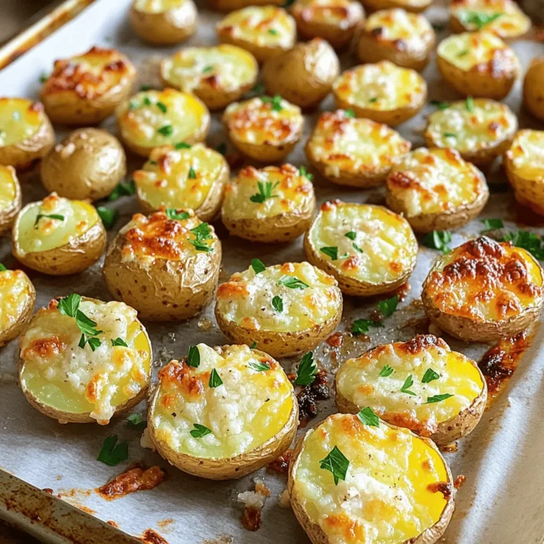 - 2 lbs baby potatoes, halved - 4 tablespoons olive oil - 4 cloves garlic, minced - 1 teaspoon dried thyme - 1 teaspoon dried rosemary - Salt and pepper to taste - 1 cup grated Parmesan cheese - Fresh parsley, chopped (for garnish) Gathering the right ingredients is key to making garlic Parmesan roasted potatoes. Start with baby potatoes. Their small size cooks evenly and gives a nice bite. Olive oil adds richness and helps with crispiness. Minced garlic brings that strong flavor we love. Next, we need seasonings. Dried thyme and rosemary add earthy notes. Salt and pepper enhance all the flavors. You can adjust these to fit your taste. Finally, we can't forget the toppings. Grated Parmesan cheese gives a crunchy, cheesy finish. Fresh parsley adds color and freshness. These ingredients come together to make a dish you will want to share. For the complete recipe, check out the Full Recipe. - First, preheat your oven to 425°F (220°C). - Next, take a large baking sheet and line it with parchment paper. This makes for easy cleanup. - In a large bowl, combine the halved baby potatoes with olive oil and minced garlic. - Add dried thyme and rosemary to the bowl. Stir well until the potatoes are nicely coated. - Season with salt and pepper to taste, then toss again for an even mix. - Spread the potatoes on the prepared baking sheet in a single layer, cut side down. This helps them get crispy. - Roast the potatoes in the oven for 25 minutes. - After 25 minutes, take out the baking sheet and sprinkle the grated Parmesan cheese over the potatoes. - Return them to the oven and roast for another 10-15 minutes until golden brown and crispy on the outside. - Once done, remove from the oven. Let them cool for a few minutes, then garnish with fresh parsley. Serve warm. You can find the Full Recipe for more details. To get that perfect crunch, place the cut side down. This helps the potatoes brown well. When the cut side faces the pan, it gets the heat directly. This method makes a big difference in texture. Adjust the oven temperature if needed. If your potatoes are not crisping, check your oven. Sometimes, it may run cool. Keeping it at 425°F (220°C) usually works best. Want to boost the flavor? Add herbs like oregano or spices like paprika. These can bring new tastes to your dish. Try a mix of these to change things up. Marinating your potatoes can also help. Let them sit with oil and spices for 15 minutes before roasting. This gives the flavors more time to blend. Garlic Parmesan roasted potatoes pair well with many proteins. They taste great next to grilled chicken or steak. You can also serve them with fish for a lighter meal. Enjoy these potatoes as a side dish or appetizer. They work well at parties. You can even serve them with dips for a fun snack. For the full recipe, check out my Garlic Parmesan Roasted Potatoes. {{image_2}} You can switch up the cheese in this dish. Cheddar cheese gives a sharp twist. Feta cheese adds a creamy and tangy flavor. If you prefer vegan options, try vegan cheese. It melts well and tastes great. Adding other veggies can boost flavor and color. Bell peppers and onions work well with potatoes. They roast nicely and add sweetness. For a spicy kick, sprinkle some chili flakes. This adds heat and makes the dish exciting. If you want a low-carb option, use cauliflower or radishes. Both can mimic the texture of potatoes. Simply cut them into similar sizes. You can roast them the same way. This keeps the dish tasty and healthy. After you make Garlic Parmesan roasted potatoes, let them cool to room temp. Place them in an airtight container. This keeps them fresh for up to four days. Using glass or plastic containers works well. Make sure the lid seals tightly to keep air out. To reheat the potatoes, use an oven or air fryer. Preheat your oven to 350°F. Spread the potatoes on a baking sheet. Heat for about 10 to 15 minutes. This will help them stay crispy. Avoid using a microwave, as it can make them soggy. You can freeze these tasty potatoes, but they may lose some crunch. Use a freezer-safe container or a heavy-duty bag. Lay the potatoes flat to freeze them evenly. When ready to eat, thaw them overnight in the fridge. Reheat them in the oven for crispiness. Roasting garlic Parmesan potatoes takes about 35 to 40 minutes. First, roast them for 25 minutes at 425°F. Then, add the cheese and roast for another 10 to 15 minutes. This timing gives you crispy potatoes with a nice golden color. Yes, you can prepare garlic Parmesan potatoes ahead of time. Cut and season the potatoes, then store them in the fridge. Make sure to cover them well to keep them fresh. When ready to cook, just follow the roasting steps. Garlic Parmesan roasted potatoes pair well with many dishes. They make a great side for grilled chicken or steak. You can also serve them with roasted vegetables or a fresh salad. Enjoy them as a tasty appetizer too! For the full recipe, check out the details above. This blog post details how to make delicious garlic Parmesan roasted potatoes. We covered the main ingredients, seasoning options, and toppings. I walked you through prepping, mixing, and roasting the potatoes for perfect crispiness. You now know tips for flavor and serving variations, as well as storage and reheating advice. With this knowledge, you can create a satisfying dish that complements any meal. Enjoy experimenting with different flavors to make it your own!
