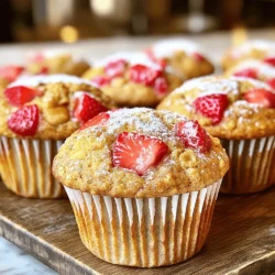To make these tasty Strawberry Banana Oat Muffins, gather these fresh ingredients: - 1 cup rolled oats - 1 cup whole wheat flour - 1/2 cup brown sugar - 2 teaspoons baking powder - 1/2 teaspoon baking soda - 1/4 teaspoon salt - 1 ripe banana, mashed - 1 cup strawberries, hulled and chopped - 1/2 cup unsweetened applesauce - 1/2 cup almond milk (or any milk of choice) - 1 teaspoon vanilla extract - 1/2 teaspoon cinnamon - Optional: 1/4 cup chopped nuts (walnuts or pecans) or chocolate chips for added flavor These ingredients blend together to create a moist and fluffy muffin that packs a punch of flavor. You can easily swap out some ingredients if needed: - Use quick oats instead of rolled oats for a finer texture. - All-purpose flour works if you don't have whole wheat flour. - Coconut sugar or maple syrup can replace brown sugar for a different taste. - If you can't find almond milk, any milk or plant milk works just as well. - Applesauce can be swapped with yogurt for a creamier muffin. These swaps keep the muffins tasty while meeting your needs. Using fresh ingredients makes a big difference in taste and texture. Ripe bananas bring natural sweetness and moisture. Fresh strawberries add a burst of flavor and color. When you pick the best ingredients, you get muffins that are not just good but great. Choosing quality ingredients also boosts nutrition. Whole grains and fresh fruit give you energy and fiber. This way, you can enjoy a treat that is satisfying and healthy. For those ready to bake, check out the Full Recipe to guide you through the process. To start, gather all your ingredients. You will need rolled oats, whole wheat flour, brown sugar, baking powder, baking soda, salt, cinnamon, mashed banana, chopped strawberries, applesauce, almond milk, vanilla extract, and optional nuts or chocolate chips. 1. Preheat your oven to 375°F (190°C). Line your muffin tin with paper liners or grease it. 2. In a bowl, mix the dry ingredients: oats, flour, sugar, baking powder, baking soda, salt, and cinnamon. This ensures even flavor. 3. In another bowl, combine the wet ingredients: mashed banana, strawberries, applesauce, almond milk, and vanilla. Mix until smooth. 4. Pour the wet mix into the dry mix. Stir gently until just combined. A few lumps are fine; don’t overmix. If you want nuts or chocolate chips, fold them in now. Now it's time to bake. 1. Spoon the batter into the muffin cups. Fill each cup about 3/4 full. This allows room for rising. 2. Bake for 18-22 minutes. To check, insert a toothpick into the center of a muffin. If it comes out clean, they're done. 3. Once baked, take them out of the oven. Let them cool in the tin for about 5 minutes. Then, move them to a wire rack to cool completely. Checking for doneness is key. - When you insert a toothpick, look for dryness. - If there’s wet batter on the toothpick, bake a few more minutes. - Remember, you want a light golden color. This shows they’re ready. For a delightful treat, serve warm or sprinkle with powdered sugar. You’ll enjoy every bite of these strawberry banana oat muffins. For the full recipe, refer to the section above. To get a great muffin texture, start with fresh ingredients. Use rolled oats and whole wheat flour. These give your muffins a hearty feel. Mix dry ingredients well before adding wet ones. This step makes sure everything blends evenly. When you mix the wet and dry ingredients, stir just until combined. Overmixing can lead to tough muffins. A few lumps are okay. This method keeps your muffins light and fluffy. You can easily boost flavor with simple add-ins. Try adding spices like nutmeg or ginger for warmth. Chopped nuts like walnuts or pecans add crunch. If you love chocolate, toss in some chocolate chips. You can also add a splash of almond extract for a nutty twist. Feel free to experiment until you find your favorite combinations. Watch out for a few common mistakes. First, don’t skip the baking powder and baking soda. They help muffins rise. Second, always measure your ingredients accurately. Too much flour can make muffins dense. Lastly, avoid opening the oven door too early. This can cause muffins to sink. Following these tips will help you bake perfect strawberry banana oat muffins every time. For the full recipe, check the details above. {{image_2}} You can make these muffins gluten-free with just a few swaps. Use gluten-free rolled oats and a gluten-free flour blend instead of whole wheat flour. Check your baking powder too; some contain gluten. This way, you get the same great taste without the gluten. To make the muffins vegan, replace the eggs and dairy. Use unsweetened applesauce instead of eggs. Choose almond milk or any plant-based milk. Ensure that your sugar is vegan-friendly. This adaptation keeps the muffins soft and tasty, just like the original. You can switch up the fruits based on the season. In summer, try blueberries or peaches. In fall, add chopped apples and a pinch of nutmeg. Using seasonal fruits keeps the muffins fresh and exciting. Each fruit adds its unique flavor and sweetness to the muffins. You can follow the full recipe for the base and then get creative! To keep your strawberry banana oat muffins fresh, store them in an airtight container. This keeps moisture in and prevents them from drying out. Place a piece of parchment paper between layers if stacking. If you plan to eat them within a few days, keep them at room temperature. If longer, store them in the fridge. This extra chill helps them last up to a week. To enjoy your muffins warm, preheat your oven to 350°F (175°C). Place the muffins on a baking sheet and heat for about 5 to 10 minutes. This method warms them without making them soggy. You can also use a microwave, but heat them for only 10 to 15 seconds. This keeps them soft and avoids dryness. Freezing muffins is a great way to save them for later. First, let the muffins cool completely. Then, wrap each muffin in plastic wrap and place them in a freezer bag. Remove as much air as possible before sealing. They will stay fresh for up to three months. When ready to eat, you can thaw them in the fridge overnight or heat them directly from the freezer. Just add a few extra minutes in the oven. For the full recipe, check out the Sweet Strawberry Banana Oat Muffins section. Yes, you can use frozen strawberries in this recipe. Just thaw them first. Make sure to drain any excess liquid. Using frozen strawberries may change the texture slightly, but they still taste great in muffins. To ripen bananas quickly, place them in a paper bag. The bag traps the ethylene gas, speeding up ripening. You can also add an apple or avocado to the bag for even faster results. This way, you’ll have a ripe banana ready for your muffins in no time. Homemade muffins last about 3 to 5 days at room temperature. Store them in an airtight container to keep them fresh. If you want to keep them longer, you can freeze the muffins. They stay good in the freezer for about 2 to 3 months. When you want one, just thaw it at room temperature or pop it in the microwave for a quick warm-up. For the full recipe, check out the detailed instructions above! This article covered how to make the perfect muffins from start to finish. We looked at ingredients, prep steps, baking tips, and how to store your muffins. I shared how fresh ingredients make a difference, and we explored healthy swaps, fun flavors, and seasonal twists. Remember, the right texture is key, and avoiding common mistakes will boost your baking skills. With these tips, you can bake muffins your whole family will love. Give it a try and enjoy your baking journey!