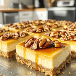 - 1 cup graham cracker crumbs - 1/2 cup unsalted butter, melted - 2 tablespoons brown sugar - 1/4 teaspoon salt - 16 oz cream cheese, softened - 1 cup granulated sugar - 2 large eggs - 1/2 cup sour cream - 1/3 cup pure maple syrup - 1 teaspoon vanilla extract - 1/2 cup chopped pecans - 1 cup chopped pecans - 1/4 cup maple syrup - 1 tablespoon butter Let’s dive into these ingredients. For the crust, graham cracker crumbs create a sweet and crunchy base. The melted butter adds richness, while brown sugar and salt enhance the flavor. In the cheesecake filling, cream cheese is key for a smooth texture. Sugar sweetens the mix, and eggs help it set. Sour cream adds creaminess, while maple syrup gives that lovely flavor. Don’t forget the vanilla extract and pecans for extra taste and crunch. For the topping, more chopped pecans, maple syrup, and butter combine for a sweet finish. These ingredients come together to create a dessert that is both rich and delightful. You can find the full recipe at the end for more detailed steps. - Preheat the oven to 350°F (175°C). - In a medium bowl, combine: - 1 cup graham cracker crumbs - 1/2 cup unsalted butter, melted - 2 tablespoons brown sugar - 1/4 teaspoon salt - Mix until everything is well combined. Press this mixture firmly into the bottom of a greased 9x9 inch baking dish. - Place the crust in the oven. - Bake for 8-10 minutes until it turns golden. - Remove from the oven and let it cool. - In a large mixing bowl, beat 16 oz of softened cream cheese until smooth. - Gradually add 1 cup of granulated sugar and mix well. - Next, add 2 large eggs, one at a time, mixing after each addition. - Add 1/2 cup sour cream, 1/3 cup pure maple syrup, 1 teaspoon vanilla extract, and 1/2 cup chopped pecans. Mix until it's smooth. - Pour the cheesecake filling over the cooled crust. - Spread it evenly with a spatula. - Bake in the oven for 25-30 minutes until it is set. - In a small skillet over medium heat, melt 1 tablespoon of butter. - Add 1 cup of chopped pecans and 1/4 cup of maple syrup. - Stir until the pecans are coated and slightly toasted. - Once the cheesecake bars cool to room temperature, spread the pecan topping over the top. - Refrigerate for at least 3 hours, or overnight for the best flavor. - Cut into square bars and serve. Enjoy with a drizzle of extra maple syrup if you like! For the full recipe, check out the details above. - Use fresh graham cracker crumbs for best results. - Ensure butter is fully melted to help bind the crust. When I make the crust, I crush the graham crackers finely. This way, I get a smooth and even base. Fresh crumbs hold together better. Also, melted butter works as glue. It keeps everything in place. If your butter is not melted, the crust may crumble. - Soften cream cheese for easier mixing. - Avoid overmixing to prevent cracks in filling. I take the cream cheese out early so it warms up. Soft cream cheese mixes smoothly with sugar. If you overmix, air bubbles form. These bubbles can cause cracks when baking. Mix just until everything is combined. - Pair with whipped cream or extra maple syrup. - Best enjoyed chilled or at room temperature. These bars taste amazing cold. The flavors blend well after chilling. If you love sweet, a drizzle of maple syrup is perfect. A dollop of whipped cream adds creaminess. You can’t go wrong with either! For the full recipe, check the link and enjoy this delicious treat! {{image_2}} You can make this dessert your own. Try using different nuts like walnuts or almonds. Each nut brings a unique taste and texture. You can also add chocolate chips for a sweet surprise. A drizzle of caramel sauce adds more richness. Both options make these bars even more special. If you need to make it gluten-free, use gluten-free graham crackers. This simple swap keeps the taste delicious. For a vegan option, substitute non-dairy cream cheese. This change ensures everyone can enjoy these cheesecake bars. They still taste creamy and rich! Seasonal spices can take this dessert to the next level. Add a hint of cinnamon or nutmeg for warm flavors. You can also top the bars with seasonal fruits like cranberries or apples. These additions enhance the look and taste. They make your Maple Pecan Cheesecake Bars feel festive and fresh. Store your Maple Pecan Cheesecake Bars in an airtight container in the refrigerator. This keeps them fresh and tasty. They will last up to one week, so you can enjoy them for days. You can freeze these cheesecake bars for up to 3 months. Just wrap them well in plastic wrap and then in foil. When you are ready to eat them, thaw them in the fridge before serving. This helps keep their creamy texture. To keep your bars fresh, avoid cutting them until you are ready to serve. This helps maintain their shape. Use wax paper for easy removal from the baking dish. This way, you can lift them out without mess. Enjoy your delicious dessert! Yes, they can be made a day ahead for convenience. This allows the flavors to blend nicely. Just cover them well in the fridge. They can last up to one week in the refrigerator. Keep them in an airtight container to maintain freshness. Absolutely! Feel free to swap out pecans for your favorite nuts. Walnuts or almonds work well too. Just chop them before adding. Yes, chilling helps set the flavors and texture for the best taste. It makes them firm and easy to cut. Enjoy the full recipe for perfect results! In this blog post, we covered how to make delicious Maple Pecan Cheesecake Bars. We explored the crust, filling, and topping ingredients. We shared step-by-step instructions for perfect results. You learned tips for a flawless crust and creamy filling. We also discussed fun variations and storage tips. These cheesecake bars are easy to make and taste amazing. They will impress your friends and family. Try the recipe, get creative, and enjoy every bite!
