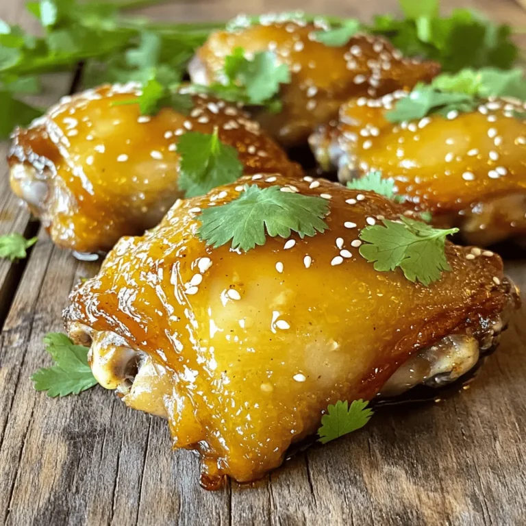 - 4 skin-on, bone-in chicken thighs - 1/4 cup honey - 4 cloves garlic, minced - 2 tablespoons soy sauce (low sodium) - 2 tablespoons apple cider vinegar For this dish, chicken thighs are the star. Their juicy meat stays tender during cooking. Honey adds a sweet touch, while garlic gives a strong flavor. Soy sauce brings saltiness, and apple cider vinegar adds brightness. Each ingredient plays a role in making this dish amazing. - 1 tablespoon grated fresh ginger - 1 teaspoon sesame oil - Salt and pepper to taste Ginger adds warmth and depth. Sesame oil gives a nutty flavor that enhances the dish. Salt and pepper are simple but key to brightening the taste. These seasonings help balance the sweetness of the honey and the richness of the chicken. - 1 tablespoon chopped fresh cilantro or parsley - Sesame seeds Garnishes make the dish look pretty and fresh. Chopped cilantro or parsley adds color and flavor. Sesame seeds provide a nice crunch on top. These final touches make your honey garlic chicken thighs shine on the plate. For the complete details on how to combine these ingredients into a mouthwatering meal, check out the Full Recipe. To make the marinade, mix the honey, minced garlic, soy sauce, apple cider vinegar, grated ginger, and sesame oil in a bowl. This mix gives the chicken a sweet and tangy flavor. You should marinate the chicken thighs for at least 30 minutes. If you can, let them soak for up to 2 hours. This extra time helps the flavors soak in better. Preheating is key for even cooking. Set your oven to 400°F (200°C). A lined baking sheet is important too. It makes cleanup easy and prevents sticking. Use aluminum foil or parchment paper to line it. Place the marinated chicken thighs on the baking sheet, skin-side up. Pour any leftover marinade on top. Bake for 25 to 30 minutes. Always check the chicken's internal temperature. It should reach 165°F (75°C). This ensures it's safe to eat and the skin gets crispy. For a nice sticky glaze, switch your oven to broil for the last 3 to 5 minutes. Watch closely to prevent burning the garlic. This method gives the chicken a lovely caramelized finish. After baking, take the chicken out and let it rest for about 5 minutes. This helps the juices settle. When serving, garnish with chopped fresh cilantro or parsley and sprinkle sesame seeds on top. This adds color and extra flavor. For the complete recipe, check the Full Recipe section. To get the best taste, marinate your chicken thighs. The mix of honey, garlic, soy sauce, and ginger adds a lot of flavor. I recommend letting the chicken soak in the marinade for at least 30 minutes. If you have time, a few hours will really boost the taste. Always choose skin-on, bone-in chicken thighs. They stay juicier and have more flavor during cooking. Crispy skin is a must for this dish. To achieve this, bake the chicken at a high temperature. I suggest 400°F (200°C) for the best results. If you have a convection oven, use it! It helps circulate the heat and makes the skin crispy. Place the chicken on a lined baking sheet, skin-side up, and pour any leftover marinade on top. Honey garlic chicken thighs pair well with many sides. I love serving them with steamed rice or roasted vegetables. You can also add a side salad for freshness. Dipping sauces like sweet chili sauce or a tangy yogurt sauce can enhance the meal. For a fun touch, sprinkle some sesame seeds and fresh herbs on top before serving. Check out the Full Recipe for more ideas! {{image_2}} To add some heat, try spicy honey garlic chicken thighs. You can mix in chili flakes or sriracha to the marinade. Start with a teaspoon of chili flakes for a mild heat. If you love spice, use more! When marinating, let the chicken sit for at least one hour. This helps the spice blend with the honey and garlic. The longer you marinate, the more flavor you get. You can turn this dish into a quick stir-fry. Start by cutting the chicken thighs into bite-sized pieces. Stir-fry them in a hot pan with oil until they brown. Add your favorite vegetables to the mix. Bell peppers, broccoli, and snap peas work well. Toss in the honey garlic sauce during the last few minutes. This gives everything a sweet and sticky glaze. If you prefer grilling, adjust your method. Start by marinating the chicken as usual. Preheat your grill to medium heat. Cook the chicken thighs for about 6-8 minutes on each side. Use a meat thermometer to check for doneness. The internal temperature should reach 165°F. Grilling gives the chicken a nice char and adds depth to the flavor. For the full recipe, check the details above and enjoy your cooking! To store leftovers, place the chicken thighs in an airtight container. This keeps them fresh and moist. You can store them in the fridge for up to three days. If you want to enjoy them later, make sure to cool them first. This helps to keep the taste and texture just right. For freezing chicken thighs, wrap them tightly in plastic wrap or foil. Then, place them in a freezer-safe bag or container. This helps prevent freezer burn. You can freeze them for up to three months. When you are ready to eat, thaw them in the fridge overnight. This gradual thawing keeps the chicken juicy. The best way to reheat chicken thighs is in the oven. Preheat your oven to 350°F (175°C). Place the chicken on a baking sheet and cover it with foil. Heat it for about 15-20 minutes. This method keeps the skin crispy while warming the meat. If you want to reheat them quickly, use a microwave. Just be careful not to overcook them, as this can make the chicken dry. Marinate the chicken thighs for at least 30 minutes. For best flavor, aim for 1 to 2 hours. This helps the meat soak up the sweet and savory notes of the marinade. Longer marination gives you a deeper taste. Yes, you can use boneless chicken thighs. They cook faster than bone-in thighs. Expect to reduce the cooking time by about 5 to 10 minutes. Boneless thighs also offer a different texture and a more tender bite. Serve your chicken with rice, steamed veggies, or a fresh salad. Mashed potatoes or roasted sweet potatoes also pair well. These sides balance the sweet and savory flavors of the dish. The chicken is done when it reaches an internal temperature of 165°F (75°C). Use a meat thermometer inserted into the thickest part. The juices should run clear, not pink, to ensure it's fully cooked. Yes, you can prep the chicken thighs ahead of time. Marinate them the night before and store them in the fridge. This saves you time when you're ready to cook. Just remember to let them sit at room temperature for 15 minutes before baking. For the complete honey garlic chicken thighs recipe, check out the [Full Recipe]. You learned how to make delicious honey garlic chicken thighs. From marinating to baking, each step is clear. Use the right ingredients for the best taste. Remember to rest the chicken before serving for juicy meat. Feel free to explore variations like spicy or grilled options. Store leftovers correctly to enjoy later. This easy recipe fits any meal, and the flavors will impress. Try it today and enjoy every bite.