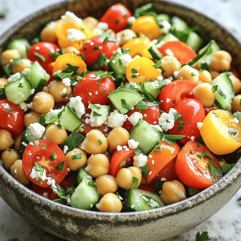 To make a simple chickpea salad, you need fresh and tasty ingredients. Here’s what you’ll need: - 1 can (15 oz) chickpeas, drained and rinsed - 1 cup cherry tomatoes, halved - 1 cucumber, diced - 1 bell pepper (any color), chopped - 1/4 red onion, finely diced - 1/4 cup feta cheese, crumbled (optional) - 2 tablespoons fresh parsley, chopped - 2 tablespoons lemon juice - 1 tablespoon olive oil - Salt and pepper to taste You can add more ingredients based on your taste. For example, try adding diced avocado for creaminess. You could also add olives or artichokes for a Mediterranean twist. The options are endless, so feel free to get creative! This simple chickpea salad is all about using fresh flavors and textures. To make this chickpea salad, you start with the chickpeas. Use one can of chickpeas. Drain and rinse them well in cold water. This step helps remove extra salt and keeps the salad fresh. Next, prepare your veggies. Slice the cherry tomatoes in half. Dice the cucumber into small cubes. Chop the bell pepper into bite-sized pieces. Finely dice the red onion. Each veggie adds a unique flavor and crunch. Now, it’s time to mix everything. In a large mixing bowl, add the rinsed chickpeas. Then, toss in the halved cherry tomatoes, diced cucumber, chopped bell pepper, and red onion. If you like cheese, sprinkle in some crumbled feta. Add the fresh parsley to the bowl. Squeeze in two tablespoons of lemon juice and pour in one tablespoon of olive oil. Season the mix with salt and pepper to your taste. Finally, gently toss all the ingredients together. Make sure everything is well combined. To let the flavors meld, let the salad sit for about ten minutes. This short wait makes a big difference! You can serve it chilled or at room temperature. For a nice touch, garnish with extra parsley. Enjoy your fresh and flavorful chickpea salad! For the complete details, check out the Full Recipe. You can change this salad to match your taste. Swap chickpeas for black beans or kidney beans. Try adding corn for some sweetness. If you like spice, mix in jalapeños or red pepper flakes. For a creamier texture, use avocado instead of feta cheese. You can also add nuts like almonds for crunch. Use lime juice instead of lemon juice for a zesty twist. Pair this salad with grilled chicken or fish. It also goes well with warm pita bread. For a lovely look, serve the salad in a clear bowl. This way, you can see all the bright colors. Sprinkle fresh herbs on top for the best taste and style. You can also add a drizzle of balsamic glaze for a sweet finish. This adds a nice touch to your meal. {{image_2}} When you want to mix things up, try these variations for your chickpea salad. Each option gives a new twist to the same base recipe. For a Mediterranean-inspired salad, add ingredients like olives, sun-dried tomatoes, and artichoke hearts. These give a briny and fresh taste. You can also swap feta cheese for goat cheese for a creamier feel. Try using fresh basil or oregano instead of parsley for more depth. For a Southwest twist, think about adding black beans, corn, and diced avocado. A sprinkle of cumin and lime juice will bring a zesty kick. You can even toss in some diced jalapeño for heat. This makes the salad bold and exciting. If you follow a vegan diet, just skip the feta cheese. You can replace it with avocado for creaminess. Nutritional yeast is another great option to add a cheesy flavor without dairy. For gluten-free options, rest easy! Chickpeas are naturally gluten-free, so this salad fits right in. Just make sure any additional ingredients, like dressings, are also gluten-free. These variations let you enjoy your chickpea salad in many ways. Don't forget to check the Full Recipe for the classic version! To keep your chickpea salad fresh, store it in the fridge. Use an airtight container. This helps prevent air and moisture from spoiling your salad. If you want extra freshness, cover the salad with plastic wrap before sealing the lid. This salad tastes best within three days, but it can last up to five days. You can enjoy your salad cold, straight from the fridge. If you prefer warmth, gently heat it in a pan. Add a splash of olive oil to keep it moist. Avoid microwaving, as it can make the veggies soggy. For best taste, serve it at room temperature. Want to make it exciting? Add fresh herbs or a squeeze of lemon. For the full recipe, check out the details above! Can I make this salad ahead of time? Yes, you can make this salad ahead. It tastes great after sitting for a bit. I often prepare it the night before. This lets the flavors mix well. Just cover it and store it in the fridge. How long does chickpea salad last in the fridge? Chickpea salad can last about three to five days in the fridge. Make sure to keep it in an airtight container. If you see any signs of spoilage, throw it away. Fresh ingredients help keep it tasty. Is chickpea salad healthy? Yes, chickpea salad is very healthy. Chickpeas are rich in protein and fiber. They help keep you full and satisfied. The veggies add vitamins and minerals. Using olive oil adds healthy fats. It’s a great option for a light meal or side dish. For the full recipe, check out the Chickpea Delight Salad. This blog post covered how to make a tasty chickpea salad. We talked about the right ingredients and measurements. I shared step-by-step instructions for prep and mixing. You learned helpful tips for customizing your salad and pairing it with other dishes. I also provided ideas for different flavors and diet options. Finally, we discussed how to store leftovers and answered common questions. With this guide, you can enjoy a delicious chickpea salad that suits your tastes. Try making it your own!