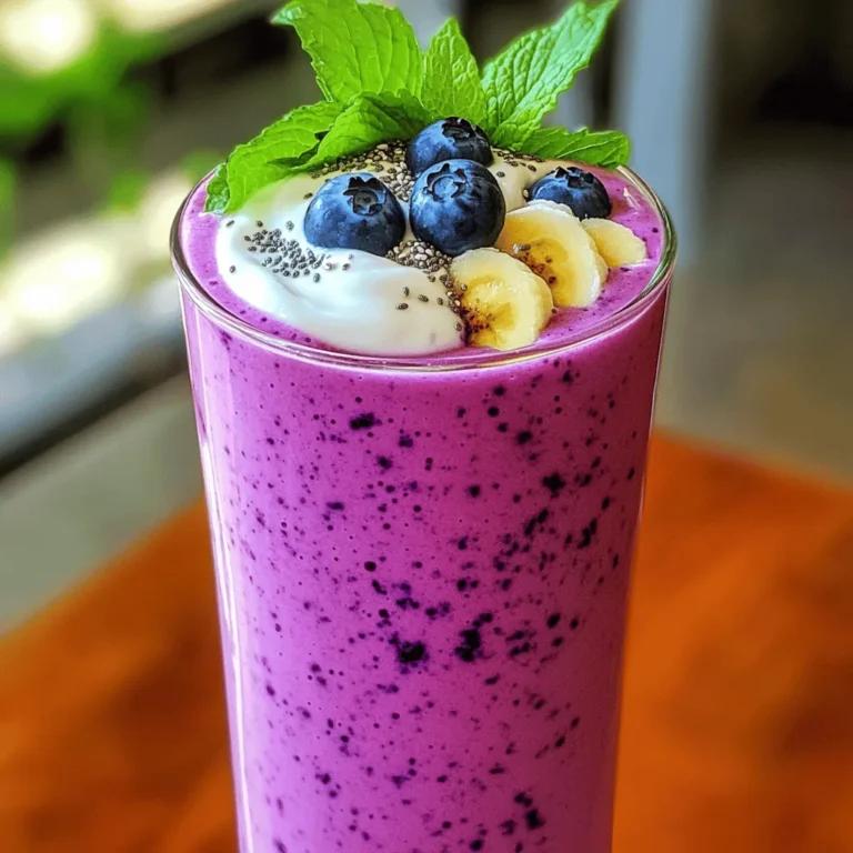 For a Coconut Blueberry Smoothie, gathering the right ingredients is key. Here's what you need: - 1 cup fresh or frozen blueberries - 1 cup coconut milk (or any non-dairy milk of your choice) - 1 banana, sliced - 1 tablespoon chia seeds - 1 tablespoon honey or maple syrup (optional for extra sweetness) - 1/2 cup Greek yogurt (or a non-dairy yogurt) - Ice cubes (optional, for a thicker consistency) - Fresh mint leaves for garnish Using fresh blueberries gives the best flavor. However, frozen ones work well too. Coconut milk adds a creamy texture. If you prefer non-dairy options, almond or oat milk can also be delicious. Bananas add natural sweetness and creaminess. They also help to thicken the smoothie. Chia seeds are great for extra nutrition. They are rich in omega-3 fatty acids and fiber. If you want a sweeter smoothie, honey or maple syrup can heighten the taste. Greek yogurt makes the drink creamy and adds protein. You can swap it for non-dairy yogurt if needed. Ice cubes can make your smoothie thicker and colder, which is perfect for hot days. To finish, fresh mint leaves add a nice touch. They give a pop of color and a refreshing taste. Now that you have the ingredients, you can move on to making this tasty treat. For the full recipe, check out the [Full Recipe]. To make the Coconut Blueberry Smoothie, follow these simple steps. - Step 1: Combine ingredients in a blender. Start by adding 1 cup of fresh or frozen blueberries, 1 cup of coconut milk, and 1 sliced banana. Also, add 1 tablespoon of chia seeds and 1/2 cup of Greek yogurt. If you want it sweeter, include 1 tablespoon of honey or maple syrup. - Step 2: Adjust thickness with ice cubes. If you like your smoothie thick, toss in some ice cubes. This will make it cold and refreshing. - Step 3: Blend until smooth and creamy. Blend the mixture on high speed for about 30 to 45 seconds. Keep blending until it's nice and smooth, with no chunks left. - Step 4: Taste and adjust sweetness as needed. After blending, take a quick taste. If you want it sweeter, feel free to add more honey or syrup. Blend again for a few seconds to mix it in. - Step 5: Serve and garnish. Pour the smoothie into glasses. Add fresh mint leaves on top for a lovely touch. This makes it look great and adds some flavor. Enjoy this Coconut Blueberry Smoothie as a tasty treat! For the complete recipe, check out the Full Recipe section. To make your smoothie smooth, use a high-speed blender. This helps blend all the ingredients well. Start with your liquids first. This allows the blades to move freely. Then, add the solid ingredients. Using ripe bananas is key. Ripe bananas make your smoothie sweet and creamy. They blend easily and give great flavor. If your bananas are not ripe, your smoothie may taste bland. To avoid splattering, secure the lid tightly. You can also cover the lid with a kitchen towel. This gives extra protection. Start blending on a low speed first. Gradually increase the speed to high. You may want to adjust the sweetness of your smoothie. Taste before serving. If it’s not sweet enough, add more sweetener. Natural sweeteners like honey or maple syrup work well. You can also use agave syrup. For a healthier option, try mashed dates. Each sweetener adds a different flavor. Choose what you love best. If you want a sugar-free option, use ripe bananas. They add natural sweetness without extra sugar. You can also skip the sweetener altogether if you prefer. For the full recipe, check out the details above. Enjoy your tasty and refreshing coconut blueberry smoothie! {{image_2}} You can boost your coconut blueberry smoothie with protein. Adding protein powder is a simple choice. It blends well and gives you extra energy. Use a scoop of your favorite flavor, like vanilla or chocolate. Another option is nut butter. Almond or peanut butter adds creaminess and flavor. Just a tablespoon makes your smoothie rich and satisfying. Plus, you'll get healthy fats and protein. This makes the drink more filling. Blueberries are great, but you can mix in other fruits too. Try strawberries, raspberries, or mango for a fresh twist. Each fruit adds its own flavor and nutrients. You can even blend in some spinach for a green boost. Seasonal fruits are perfect for variety. In the summer, use peaches or watermelon. In the fall, add apples or pears. This keeps your smoothie exciting and lets you enjoy what's fresh. For the full recipe, check out the section above. To keep your leftover coconut blueberry smoothie fresh, pour it into an airtight container. This helps prevent air from spoiling it. Place the container in the fridge. It will stay fresh for about one day. If you want to freeze the smoothie, pour it into ice cube trays. Once frozen, you can pop the cubes into a bag. This way, you can enjoy your smoothie later. You should drink stored smoothies within 24 hours for the best taste. If you freeze it, consume the cubes within one month. Signs that your smoothie has gone bad include a sour smell or change in color. If it looks or smells off, it’s best to throw it away. Enjoy your Coconut Blueberry Paradise Smoothie fresh for the best flavor! For the full recipe, check out the earlier section. To make this smoothie vegan, use non-dairy yogurt and coconut milk. Replace honey with maple syrup or agave. This keeps the drink plant-based while still tasting great. Yes, you can swap coconut milk for almond, soy, or oat milk. Choose your favorite non-dairy milk. Each option changes the flavor slightly, so pick what you like best. This smoothie is very healthy. It has antioxidants from blueberries, fiber from chia seeds, and healthy fats from coconut. Greek yogurt adds protein, which helps keep you full and energized. To lower the calorie count, skip the sweetener. Use low-fat or non-dairy yogurt. You can also reduce the amount of banana for fewer calories. These changes still keep it tasty and satisfying. For the full recipe, check the section above! This blog post covered a simple and tasty coconut blueberry smoothie. We explored the ingredients, step-by-step instructions, tips for blending, and variations. You now have the tools to make a delicious, creamy smoothie at home. Remember to adjust the sweetness to your taste and try different fruits or protein options. Enjoy experimenting with the recipe. Whether you drink it for breakfast or a snack, this smoothie is sure to please. Happy blending!