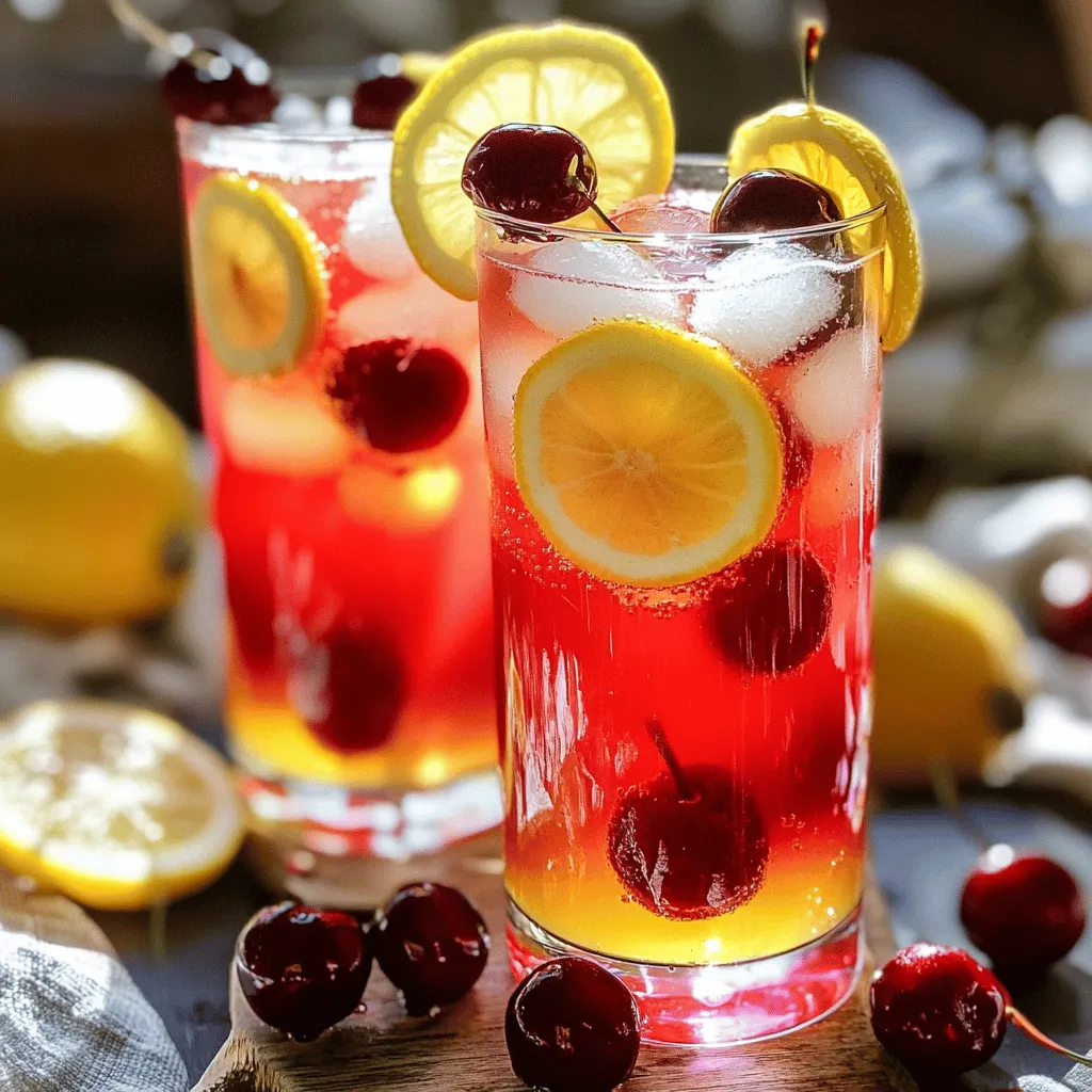 For a bright and tasty Cherry Lemonade Cooler, fresh ingredients are key. Here’s what you need: - 1 cup fresh cherries, pitted and halved - 1/2 cup freshly squeezed lemon juice - 2 cups cold water - 1 cup sparkling water - Ice cubes Using fresh cherries gives your drink a rich flavor. The lemon juice adds a nice zing. You want to pick ripe, sweet cherries for the best taste. Choosing sweeteners can change your drink's taste. Here are some options: - 1/4 cup honey or agave syrup (adjust to taste) Honey brings a floral note. Agave syrup has a mild flavor. You can also use sugar or a sugar substitute if you want. Start with less sweetener and add more if needed. Garnishes make your drink look great. They also add a bit more flavor. Consider these: - Lemon slices - Whole cherries Lemon slices on the rim of your glass look stunning. Whole cherries add a pop of color. These simple touches can impress your guests. They make the Cherry Lemonade Cooler even more refreshing. For the full recipe, check the details above. Start by pitting and halving 1 cup of fresh cherries. This step is key! I like to use ripe cherries for the best flavor. In a medium saucepan, mix the cherries with 1/4 cup of honey or agave syrup and 1 cup of cold water. Heat this mixture over medium heat. Stir it often to help the cherries break down. After about 5 to 7 minutes, the cherries will soften and release their juice. Remove the pan from heat and let it cool. Once the cherry mixture is cool, it’s time to blend. Pour it into a blender. Blend on high until it is smooth. This should take about 30 seconds. Next, strain the blended mixture through a fine mesh sieve. This helps remove any solid bits. Use a spoon to press down and get all the juice out. You should have a beautiful cherry juice ready to go! Now, grab a large pitcher. Add the strained cherry juice to it. Squeeze in 1/2 cup of freshly squeezed lemon juice. Then, pour in the remaining 1 cup of cold water. Stir everything well to mix. Taste the mixture. If you want it sweeter, this is the time to add more honey or syrup. Just before serving, add ice cubes to the pitcher. Finally, pour in 1 cup of sparkling water for that bubbly effect. Gently stir to combine. Serve this Cherry Lemonade Cooler in tall glasses. Don’t forget to garnish with lemon slices and a few cherries! You can find the full recipe with all the details. Enjoy this refreshing summer sip! To make your Cherry Lemonade Cooler pop, think about adding herbs. Mint or basil can add a fresh taste. Just crush a few leaves and toss them in before serving. You can also try a splash of ginger for a spicy kick. Sweetness is key in this drink. Start with the honey or agave syrup. Add just what you think tastes good. If it’s too sweet, add more lemon juice. If it’s not sweet enough, mix in a little more honey. Always taste as you go to find your perfect balance. Serve this drink cold for a real treat. Chill your glasses in the freezer for about 10 minutes. Add ice cubes just before serving to keep it cool. If you want extra chill, make ice cubes from the Cherry Lemonade mixture. This way, your drink stays flavorful without getting watered down. For the full recipe, check the details above. Enjoy your refreshing Cherry Lemonade Cooler! {{image_2}} You can make the Cherry Lemonade Cooler your own by adding other fruits. Consider using strawberries or raspberries for a berry twist. Peaches or nectarines also work well, adding a sweet and juicy flavor. Just replace half the cherries with your chosen fruit for a unique taste. This way, you can enjoy a fresh mix every time. Want to make this cooler for adults? You can easily add a splash of vodka or rum. These spirits blend well with the cherry and lemon flavors. Use about one to two ounces per glass. For a fun twist, try flavored vodka like lemon or berry for extra zest. Just remember to drink responsibly and enjoy the flavors. If you want a sugar-free version, you can use a sugar substitute. Stevia or monk fruit sweetener are great choices. These options keep the drink sweet without the calories. Adjust the amount to your taste. You can still enjoy the refreshing taste of Cherry Lemonade Cooler without sugar. For a light version, use sparkling water with no added sugars. Try these variations to make the Cherry Lemonade Cooler just right for you. For the complete recipe, check the Full Recipe section. To keep your Cherry Lemonade Cooler fresh, pour any leftovers into a clean jar. Seal it tightly and store it in the fridge. Make sure to leave some space at the top, as liquids expand when they freeze. If you want to save some for later, you can freeze the mixture in ice cube trays. This way, you can enjoy a refreshing sip anytime! When stored properly in the fridge, your Cherry Lemonade Cooler lasts about 3 to 5 days. The flavor remains fresh, but the fizz from the sparkling water may fade. If you freeze it, the cooler can last for up to 3 months. Just remember to thaw it in the fridge before serving. You don’t need to reheat Cherry Lemonade Cooler, as it is best enjoyed cold. To refresh leftover cooler, add fresh ice cubes and a splash of sparkling water. This will revive the fizz and make it taste fresh again. You can also add extra lemon juice or cherries for a flavor boost! Yes, you can use frozen cherries. Just let them thaw a bit before cooking. They work well in the recipe. Frozen cherries still bring great flavor. They may be a bit softer, but they blend just fine. The color may also be brighter, adding to the drink’s appeal. To make this Cherry Lemonade Cooler vegan, swap honey for agave syrup. Agave is a sweet plant syrup. It blends well and keeps the drink sweet. You can also use maple syrup as an alternative. Both options will keep your drink vegan-friendly. Cherry Lemonade Cooler goes well with light snacks or meals. Try pairing it with grilled chicken or fish. It also complements salads with fruity dressings. You can serve it alongside a tropical smoothie for fun. The bright flavors make it great for summer gatherings. This blog post offered a complete guide to making Cherry Lemonade Cooler. We covered key ingredients like fresh cherries and sweeteners. I shared simple steps to create a tasty drink and tips to enhance the flavor. You learned fun variations, from fruity twists to sugar-free options. Don’t forget how to properly store leftovers for later. Now, you can enjoy a refreshing drink at any time. Experiment with flavor and presentation. Your summer gathering will shine with your homemade Cherry Lemonade Cooler!