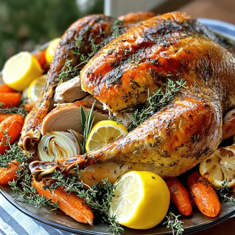 The Herb Garlic Butter Roasted Turkey is a standout dish for any feast. This recipe uses fresh herbs and garlic to create a rich flavor. You can find the complete recipe above. For this turkey, you need: - 1 whole turkey (about 12-14 pounds), thawed - 1 cup unsalted butter, softened - 6 cloves garlic, minced - 2 tablespoons fresh rosemary, finely chopped - 2 tablespoons fresh thyme, finely chopped - 2 tablespoons fresh sage, finely chopped - 1 lemon, zested and halved - 2 teaspoons salt - 1 teaspoon black pepper - 4 cups low-sodium chicken broth - 1 onion, quartered - 2 carrots, cut into large pieces - Fresh herbs for garnish (rosemary, thyme, sage) These ingredients bring out the best in the turkey. The butter helps keep it moist, while the herbs add depth. You might want to add a few things for extra taste: - Garlic powder for a stronger garlic flavor - Smoked paprika for a hint of smokiness - Fresh parsley for a pop of color - A splash of white wine in the broth for added richness These extras can create unique layers in your turkey dish. Mixing and matching these options can lead to your signature flavor. First, you need to prepare the turkey. Start by taking the whole turkey out of the fridge. Let it thaw if it’s still frozen. Pat the turkey dry with paper towels. This step helps the skin get crispy. Next, gently loosen the skin on the turkey breast. Be careful not to tear it. This will allow you to add flavor right where it counts. Now it's time to make the herb garlic butter. In a mixing bowl, combine one cup of softened unsalted butter with six minced garlic cloves. Then, add two tablespoons each of fresh rosemary, thyme, and sage. Don't forget to include the lemon zest and two teaspoons of salt. Add one teaspoon of black pepper for a bit of kick. Mix everything well until it’s creamy and smooth. This butter will keep your turkey moist and flavorful. With your turkey prepped and the herb garlic butter ready, it’s time to cook. Preheat your oven to 325°F (163°C). Spread half of the herb garlic butter under the skin on the turkey breast. Rub the rest over the outside of the turkey. Next, stuff the turkey cavity with the quartered onion and halved lemon. Place the turkey breast side up on a rack in a large roasting pan. Add chopped carrots and four cups of low-sodium chicken broth to the pan. This will help keep the turkey moist. Roast the turkey, calculating about 13-15 minutes per pound. Remember to baste the turkey every 30-40 minutes. This helps lock in flavor. Remove the foil during the last hour of cooking to let the skin brown. Check the turkey's doneness by using a meat thermometer. It should reach 165°F (74°C) in the thickest part of the breast and thigh. Once done, let the turkey rest for at least 30 minutes before carving. This ensures the juices stay in the meat. For the full recipe, check out the complete guide. Enjoy your flavorful feast! Basting your turkey adds flavor and helps keep it moist. Start by using the pan juices. Every 30 to 40 minutes, carefully spoon the juices over the turkey. Make sure to get the breast and the legs. This helps create a nice, golden skin. You can also use a baster for even easier basting. To keep your turkey juicy, use a few tricks. First, do not skip the herb garlic butter under the skin. This method locks in the flavors. Second, add broth to the roasting pan. The steam will help keep the turkey moist. Lastly, cover the turkey with foil during the first part of cooking. Remove it in the last hour for crisp skin. Resting is key for juicy turkey. Once you take it out of the oven, let it sit for at least 30 minutes. This step allows the juices to settle. If you cut too early, the juices will run out. After resting, carve your turkey and serve. For the full recipe, check the details provided above. {{image_2}} If you want to switch up the herbs, you have many options. Try using fresh parsley for a milder flavor. Oregano also adds a nice twist. If you like a bit of heat, add some crushed red pepper flakes. You can mix and match herbs based on your taste. Just remember to keep the measurements similar to the original recipe. Roasting gives your turkey a classic, juicy flavor. It allows the skin to crisp up nicely. Grilling, on the other hand, adds a smoky flavor that many love. If you grill, make sure to use indirect heat. This keeps the turkey moist and prevents burning. Both methods can yield great results, so choose what suits your style. The stuffing can really change the game. You can use traditional bread stuffing or try a rice-based mix for a gluten-free option. Adding fruits like apples or cranberries can bring a sweet note. Nuts like pecans or walnuts add crunch. Whatever you choose, make sure it complements the turkey well. For the complete guide, visit the [Full Recipe]. After enjoying your Herb Garlic Butter Roasted Turkey, proper storage is key. This keeps your turkey fresh and safe to eat later. Store leftover turkey in the fridge. Use airtight containers or wrap it tightly in foil. Make sure to keep the turkey in the coldest part of the fridge. Enjoy it within three to four days for the best taste. If you plan to eat it later, shred or slice it first. This helps it cool faster and stay fresh longer. Freezing is a great way to save turkey for later. Wrap pieces in plastic wrap and foil. Make sure to label them with the date. You can freeze turkey for up to six months. When you want to eat it, just thaw it safely in the fridge overnight. When reheating turkey, do it slowly. Heat it in the oven at 325°F (163°C) until it reaches 165°F (74°C). This keeps it moist. You can add a splash of broth or water to the pan to keep it juicy. If you want a quick option, use a microwave. Just cover it and heat in short bursts. Always check the temperature to ensure it’s hot throughout. For the complete recipe, check out the Full Recipe. Enjoy your flavorful feast! You should cook your turkey for about 13 to 15 minutes per pound. For example, a 12-pound turkey will take roughly 2.5 to 3 hours to cook. To be sure, always check the time based on your oven and the turkey's size. This method ensures your turkey stays juicy and full of flavor. The turkey should reach an internal temperature of 165°F (74°C). Use a meat thermometer to check the thickest part of the breast and thigh. This step is key for food safety. If your turkey is not fully cooked, it can lead to illness. Yes, you can prepare the turkey a day ahead. Rub the herb garlic butter under the skin and on the outside. Then, cover it and place it in the fridge. This method allows the flavors to soak in. Make sure to let it sit at room temperature for about an hour before cooking. This helps it cook evenly. For the full recipe, check the Herb Garlic Butter Roasted Turkey section. You learned how to make a delicious turkey with key ingredients and steps. We covered prepping the turkey, making herb garlic butter, and perfect cooking times. I shared tips to keep your turkey moist and flavorful. You can also try variations like different herbs or cooking methods. Finally, I explained how to store leftovers safely. With these insights, you can confidently create a turkey that impresses everyone. Enjoy your cooking journey and savor every bite!