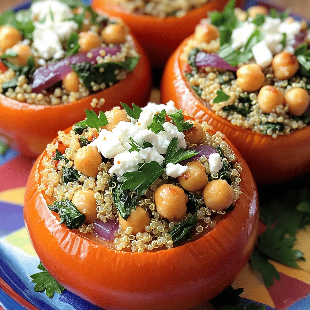 - 6 large ripe tomatoes - 1 cup quinoa, rinsed - 2 cups vegetable broth - 1 small red onion, finely chopped - 2 cloves garlic, minced - 1 cup cooked chickpeas - 1 cup baby spinach, chopped - 1 teaspoon dried oregano - ½ teaspoon paprika - ½ teaspoon salt - ¼ teaspoon black pepper - ½ cup feta cheese, crumbled - 2 tablespoons olive oil - Fresh parsley, chopped (for garnish) Using fresh herbs like oregano and parsley makes a big difference. They add bright flavors that enhance the dish. The spices, like paprika and black pepper, give depth and warmth. Fresh ingredients keep the dish healthy and vibrant. You can customize the filling. Ground meat, like lamb or beef, works well. Cheese, such as mozzarella or goat cheese, can add creaminess. For a fun twist, try adding nuts or seeds for crunch. Pair your stuffed tomatoes with a side of tzatziki or a fresh Greek salad. This adds a nice balance to the meal. You will need some basic tools to make this dish. Essential cookware includes a baking dish and a saucepan. A sharp knife helps hollow out the tomatoes easily. Use a large spoon to mix the filling. Having these tools ready will make cooking smoother. For the full recipe, check out the main article. To hollow the tomatoes properly, start by slicing off the tops. Use a sharp knife. Be careful not to cut too deep. Next, scoop out the insides with a spoon. Try to keep the walls thick enough to hold the filling. Place the pulp in a bowl for later. This helps avoid waste and adds flavor to your dish. To preserve the tomato pulp, use a fine mesh strainer. This will catch seeds and create a smooth mixture. You can also chop the pulp if you prefer some texture. It’s a great way to enhance the filling and keep a fresh taste in your Greek stuffed tomatoes. For the quinoa, start by rinsing it under cold water. This removes bitterness and helps it cook better. In a medium saucepan, combine 1 cup of rinsed quinoa with 2 cups of vegetable broth. Bringing the broth to a boil is key. Once boiling, reduce the heat to low and cover the pot. Let it simmer for about 15 minutes. You want the quinoa to be fluffy and all the liquid absorbed. Using vegetable broth is important for flavor. It adds a savory note that water cannot provide. You can also use homemade broth for an even richer taste. Once cooked, remove the quinoa from heat and let it cool slightly. In a skillet, heat 2 tablespoons of olive oil over medium heat. Add 1 small chopped red onion and sauté for 3 to 4 minutes. You want the onion translucent. Then, add 2 minced garlic cloves for extra flavor. Sauté for another minute until fragrant. Now, stir in the reserved tomato pulp, 1 cup of cooked chickpeas, 1 cup of chopped baby spinach, and spices. Use 1 teaspoon of dried oregano, ½ teaspoon of paprika, ½ teaspoon of salt, and ¼ teaspoon of black pepper. Cook for 3 to 5 minutes. The spinach should wilt nicely. Once mixed, fold the quinoa into the sautéed mixture. Add ½ cup of crumbled feta cheese at this stage. This combination creates a tasty filling. Gently stuff each hollowed tomato until they are well-filled. Place the stuffed tomatoes in a baking dish. You can find the full recipe above for more details and tips. Enjoy the process, and soon you’ll have a delicious dish that is both healthy and flavorful! To ensure even cooking, choose tomatoes that are similar in size. This helps them cook at the same rate. To avoid soggy tomatoes, do not overcook them. Keep an eye on the oven. If you are using larger tomatoes, increase the cooking time. Check for doneness by looking for soft skin and a golden top. To boost flavor, add more herbs like dill or mint. A pinch of cumin can add warmth and depth. Let the filling cool before stuffing. This helps it stay firm and makes stuffing easier. For a beautiful plate, serve the stuffed tomatoes on a colorful platter. Sprinkle extra chopped parsley on top for a fresh look. Pair them with tzatziki or a Greek salad. This adds color and flavor to your meal. For the full recipe, check out the detailed steps above. {{image_2}} You can easily make Greek stuffed tomatoes vegetarian. Instead of quinoa, try using brown rice, farro, or even couscous. These grains add different textures and flavors. You can also swap out chickpeas for lentils or black beans for a change. For extra crunch, add nuts like pine nuts or walnuts. Seeds such as sunflower or pumpkin seeds also work well. They add a nice texture to your filling. You can even toss in some diced zucchini or bell peppers for more veggies. If you prefer meat, ground lamb is a classic choice for stuffed tomatoes. Beef or turkey also works great. Just brown the meat first, then mix it with spices like cumin, cinnamon, or allspice. These spices enhance the flavor of the filling. You can also adjust the cooking time. If you use raw meat, cook it longer to ensure it’s safe to eat. Always check that the meat is fully cooked before serving. You can mix Greek stuffed tomatoes with flavors from other cuisines. For a Mediterranean twist, use herbs like basil, thyme, or rosemary. These herbs add depth and freshness to your dish. If you want to get creative, try adding some salsa or curry powder for a fusion dish. You can even top your stuffed tomatoes with a dollop of yogurt or a drizzle of tahini for extra creaminess. For the full recipe, check out the details above and start experimenting! To keep your Greek stuffed tomatoes fresh, place them in an airtight container. This helps prevent moisture loss and keeps them tasty. You can store them in the fridge for up to three days. Always reheat leftovers until hot all the way through. If you notice any signs of spoilage, like an off smell or mold, throw them away. If you want to freeze stuffed tomatoes, let them cool completely first. Wrap each tomato tightly in plastic wrap, then place them in a freezer bag. They can last for up to three months in the freezer. When you're ready to eat, thaw them in the fridge overnight. Reheat them in the oven at 350°F (175°C) until warm. This helps keep the texture and flavor just right. To make meal prep easier, you can cook the quinoa and prepare the filling ahead of time. Store the filling in the fridge for up to two days. When you’re ready to serve, simply stuff the tomatoes and bake. This saves time and lets you enjoy a delicious meal faster. You can use rice or couscous. Both options work well. Rice gives a nice texture. Couscous adds a light feel. You can also try farro or bulgur wheat. Each adds a unique taste. Just make sure to cook them first before mixing them into the filling. Yes, you can prep and store them. Make the filling the day before. Hollow out the tomatoes and keep them in the fridge. You can fill them before cooking. This saves time on busy days. Just bake them when ready. Enjoy the warm, fresh taste! Look for a few signs. The tomatoes should be soft but not mushy. The tops should have a light golden color. The filling should be hot and bubbling. You can also poke one with a fork. If it feels tender, they are ready. Yes, they can be gluten-free! Just use gluten-free grains like quinoa or rice. Make sure the broth is gluten-free too. Check all labels on your ingredients. This way, you keep it safe for those avoiding gluten. Enjoy this healthy dish worry-free! Greek stuffed tomatoes are a delicious blend of flavors and textures. We covered the main ingredients like tomatoes, quinoa, and chickpeas. I shared tips for choosing fresh herbs and spices. You learned how to prepare the tomatoes and cook the quinoa. I also provided variations for both vegetarian and meat options. These stuffed tomatoes are perfect for meals or meal prep. They’re not only tasty but flexible, allowing you to customize as you wish. Enjoy creating your version of this tasty dish!