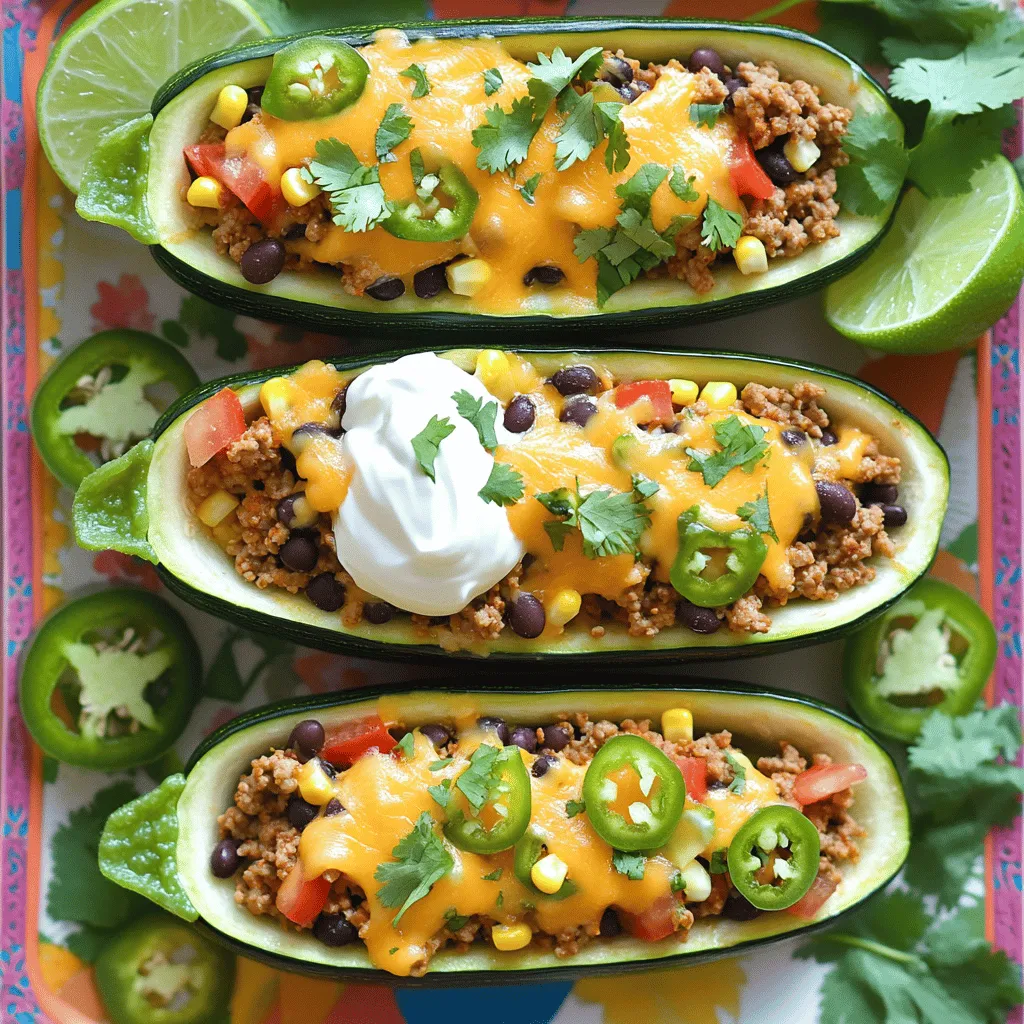 - 4 medium zucchini - 1 pound ground turkey or beef - 1 cup black beans - 1 cup corn For Loaded Taco Zucchini Boats, the main ingredients create a hearty base. Zucchini serves as the boat, holding flavorful fillings. Ground turkey or beef adds protein and richness. Black beans and corn contribute texture and nutrition. Together, these elements make a filling dish that packs a punch. - 1 packet taco seasoning - Salt and pepper to taste Spices bring life to our dish. Taco seasoning adds a mix of spices, making it bold and zesty. It’s easy to use, and it enhances the flavor of the meat and veggies. Don’t forget to add salt and pepper to suit your taste. Adjust these to make your dish just right. - Sliced jalapeños - Avocado - Lime wedges - ½ cup sour cream - ¼ cup chopped fresh cilantro Toppings elevate your Loaded Taco Zucchini Boats. Sliced jalapeños add heat for spice lovers. Creamy avocado balances flavors and adds richness. Lime wedges give a bright, zesty kick. Sour cream adds creaminess, while cilantro brings freshness. Feel free to mix and match toppings to fit your mood or gather friends for a fun meal. For the full recipe, check out the link provided. - Preheat your oven to 375°F (190°C). - Slice the zucchini in half lengthwise and scoop out the insides. Scooping out the insides creates space for the tasty filling. You can use a spoon to do this. Save the flesh for later. It adds flavor to the filling. - Brown the ground turkey or beef in a skillet. - Add taco seasoning, black beans, corn, diced tomatoes, and the reserved zucchini flesh. Cook the meat over medium heat until it turns brown. This usually takes about 5 to 7 minutes. After that, mix in the taco seasoning and other ingredients. Stir until everything is hot and fragrant. - Fill the zucchini halves with the cooked mixture. - Top with shredded cheddar cheese. Use a spoon to fill each zucchini boat with the mixture. Press it down a bit to pack it in. Then, sprinkle cheese on top. Cheese makes everything better! - Bake in the oven for 20-25 minutes. - Let cool before serving. Place the filled zucchini boats on a baking sheet. Bake them until the zucchini is soft and the cheese is bubbly. After baking, let them cool for a few minutes. This makes them easy to handle. For the full recipe, check the earlier section where I list all the ingredients! To make sure your zucchini boats are tender, here’s what I do: - Choose fresh zucchini: Look for firm, medium-sized ones. They cook better. - Scoop carefully: Remove just enough flesh to create space for filling while keeping the sides strong. - Pre-bake briefly: Bake the zucchini boats for 5-10 minutes before adding filling. This softens them a bit. For browning meat, follow these steps: - Use medium heat: This helps render fat and keeps the meat juicy. - Don’t overcrowd the pan: Brown in batches if needed. This avoids steaming and helps achieve a rich color. - Stir less often: Let the meat sit a bit before stirring. This allows it to brown nicely. Arranging your zucchini boats for a great look is simple: - Use a colorful platter: A bright dish makes your food pop. - Space them out: Don’t pack the boats too close. This shows off the filling. - Layer toppings: Sprinkle cheese and cilantro in layers for a nice effect. For garnishing, consider these options: - Add lime wedges: This adds a fresh burst of flavor. - Use extra cilantro: It not only looks good but also enhances taste. - Try sliced jalapeños: They add a splash of color and spice. To prevent soggy zucchini, keep these tips in mind: - Avoid overcooking: Bake just until tender. Check them often. - Don’t add too much liquid: Drain canned items like beans and tomatoes well. To ensure flavor balance in the filling, remember: - Taste as you go: Adjust spices and seasoning while cooking. - Mix ingredients well: This helps distribute flavors evenly throughout the filling. For the full recipe, check the [Full Recipe]. {{image_2}} You can easily switch up the meat in your Loaded Taco Zucchini Boats. For a vegetarian option, use beans or lentils. Black beans add great flavor and protein. Lentils are also a good choice, as they cook quickly and soak up all the spices. If you prefer meat, try chicken or pork. Shredded rotisserie chicken makes a quick filling. Ground pork offers a different taste while keeping it hearty. To take your tacos to the next level, add spices like cumin or paprika. Cumin gives a warm and earthy flavor. Paprika adds a hint of sweetness and color. You can also experiment with different cheeses. Cheddar is classic, but pepper jack adds a spicy kick. Try feta for a tangy twist. Mixing cheeses can create a fun flavor profile that keeps every bite interesting. Pair your zucchini boats with sides like rice or salad. A light cilantro lime rice complements the boats well. A fresh salad adds crunch and balance. You can also turn leftovers into a taco salad. Just chop the zucchini boats and toss them with lettuce, tomatoes, and your favorite dressing. This way, you can enjoy the flavors in a new way! For the full recipe, check out the earlier section. To store your loaded taco zucchini boats, let them cool first. Place them in an airtight container. This keeps them fresh and safe. You can keep them in the fridge for up to three days. When you are ready to eat, reheat them in the oven. Set the oven to 350°F (175°C). Heat for about 10-15 minutes or until warm. You can also use the microwave, but this may make the zucchini soggy. Yes, you can freeze loaded zucchini boats. Just make sure they are completely cool. Wrap each boat tightly in plastic wrap or foil. Place them in a freezer-safe bag or container. They will stay fresh for about three months. To defrost, move them to the fridge overnight. You can also reheat them directly from the freezer. Just add a few extra minutes to the cooking time. Loaded taco zucchini boats last for about three days in the fridge. Look for signs of spoilage, like a change in color or a bad smell. If the zucchini feels slimy, it’s best to throw it away. Always check before you eat leftovers to stay safe. For more details on making these tasty boats, check out the Full Recipe. Yes, you can. Bell peppers, eggplant, and portobello mushrooms work well. Each vegetable holds the filling nicely. Bell peppers add a sweet crunch. Eggplant brings a creamy texture when cooked. Portobello mushrooms add a deep, earthy flavor. You can mix and match to find your favorite. To add heat, try these tips: - Use spicy taco seasoning. - Add diced jalapeños to the filling. - Top with hot sauce before serving. - Mix in crushed red pepper flakes while cooking. These options will give your meal a nice kick without overpowering the other flavors. If you want a meatless option, try these: - Black beans or pinto beans for fiber and protein. - Lentils for a hearty texture. - Crumbled tempeh or tofu can also work well. These substitutes keep the filling tasty and satisfying, perfect for any diet. You can enjoy leftovers in fun ways: - Chop and mix into a salad for lunch. - Heat them up with rice for a filling meal. - Make a taco salad by adding tortilla chips. - You can even create a veggie wrap with the filling. These ideas keep your meals exciting and reduce food waste. Loaded taco zucchini boats are fun, tasty, and easy to make. You learned about the key ingredients, from zucchini to spices and toppings. I shared step-by-step instructions for prep, cooking, and baking. I also offered tips to avoid common mistakes and enhance your dish's look and taste. With variations and storage ideas, you can get creative and enjoy these meals multiple ways. Make these simple changes to fit your taste and enjoy!