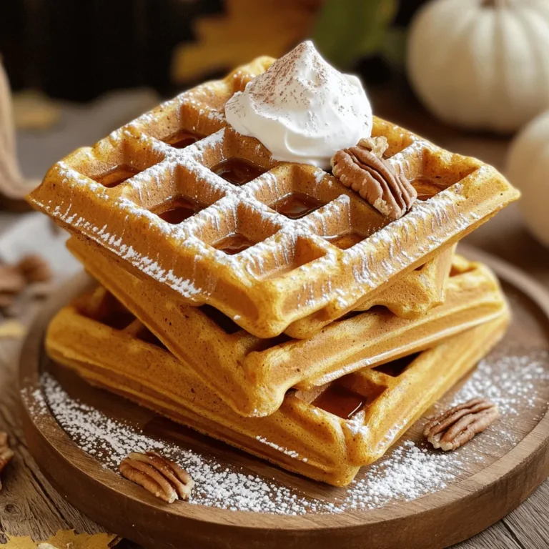 To make fluffy pumpkin spice waffles, you need the following items: - 1 cup all-purpose flour - 1 cup canned pumpkin puree - 2 tablespoons brown sugar - 1 teaspoon baking powder - 1 teaspoon baking soda - 1/2 teaspoon salt - 1 teaspoon cinnamon - 1/2 teaspoon nutmeg - 1/4 teaspoon ginger - 1/4 teaspoon cloves - 1 cup buttermilk - 2 large eggs - 4 tablespoons melted butter - Cooking spray or additional butter for the waffle iron Each ingredient plays an important role. The flour gives structure, while the pumpkin adds moisture and flavor. Brown sugar adds sweetness and depth. Baking powder and baking soda help the waffles rise. The spices bring warmth and a cozy feel. Buttermilk adds tang and helps create fluffiness. Eggs bind everything together, and melted butter adds richness. For allergy-friendly options, you can swap all-purpose flour for gluten-free flour. You can also replace buttermilk with almond milk or soy milk mixed with a little vinegar. Using fresh spices is key to getting the best flavor. They add warmth and depth to the waffles. Ground spices lose potency over time, so always check the freshness. Freshly ground spices can make a big difference. To enhance the flavor profile, try adding a pinch of salt or a drop of vanilla extract. These small changes can elevate the taste of your waffles. For a twist, consider mixing in some chocolate chips or nuts for added texture. For making waffles, a good waffle iron is essential. I recommend a Belgian or classic style, as they give a nice crispness. Look for one that has adjustable heat settings for perfect results. Besides the waffle iron, you'll need a mixing bowl, whisk, and measuring cups. A spatula helps in folding the batter gently. Having cooking spray or melted butter ready will ensure your waffles don't stick. With the right tools, your cooking experience will be smooth and enjoyable. For the full recipe, check the earlier section. First, you need to prep your waffle iron. Preheat it according to the manufacturer's instructions. Lightly grease the cooking surface with cooking spray or melted butter. This helps prevent sticking and keeps the waffles crispy. Next, gather your dry ingredients to mix. In a large bowl, add one cup of all-purpose flour, two tablespoons of brown sugar, one teaspoon of baking powder, one teaspoon of baking soda, and half a teaspoon of salt. Then, add one teaspoon of cinnamon, half a teaspoon of nutmeg, a quarter teaspoon of ginger, and a quarter teaspoon of cloves. Whisk these together until they blend well. Now, let’s mix the wet ingredients. In another bowl, combine one cup of canned pumpkin puree, one cup of buttermilk, two large eggs, and four tablespoons of melted butter. Stir until the mixture is smooth and well blended. Once the wet ingredients are ready, pour them into the bowl with the dry ingredients. Gently fold them together until just combined. Remember, lumps are okay! Overmixing can make your waffles tough, so be careful. It’s time to cook! When your waffle iron is ready, pour about half a cup of batter into the center. Close the lid and cook for about five minutes. To check for doneness, open the iron. The waffles should be golden brown and crispy. Carefully remove them and place them on a cooling rack. This keeps them crisp. Repeat this with the remaining batter. For a full recipe, check out the complete instructions. To make your waffles light and airy, follow a few key steps. First, use fresh baking powder and baking soda. These help the batter rise well. Second, separate your wet and dry ingredients. Mix them just until combined. This prevents overmixing, which can lead to tough waffles. Also, the temperature of your ingredients matters. Use room-temperature eggs and buttermilk. Cold ingredients can make the batter dense. If you have time, let them sit out for about 30 minutes. This small change can make a big difference. Pumpkin spice waffles taste great with many toppings. Maple syrup is a classic choice. It adds sweetness and pairs well with the spices. Try adding whipped cream for extra creaminess. You can also sprinkle some chopped pecans or walnuts on top for crunch. For a fun twist, serve with yogurt or fresh fruit. Berries or sliced bananas can add a fresh taste. These toppings make your waffles feel special, perfect for breakfast or brunch. One big mistake is overmixing the batter. When you mix too much, the waffles can turn out dense. Mix until the dry ingredients are just wet. It’s okay if some lumps remain. Another mistake is cooking at the wrong temperature. If your waffle iron is too cool, the waffles may become soggy. If it’s too hot, they might burn. Always preheat your iron according to the instructions. This ensures even cooking for perfectly golden waffles. {{image_2}} You can make your fluffy pumpkin spice waffles even better. Try adding chocolate chips or nuts. Chocolate chips bring sweetness and richness. Nuts add crunch and healthy fats. You can use walnuts or pecans for a nice touch. You can also swap spices for a twist. Instead of cinnamon, try cardamom or allspice. These spices pair well with pumpkin. They add warmth and depth to the flavor. If you want a healthier version, consider using whole grain or gluten-free flour. Whole grain flour gives more fiber. Gluten-free flour is great for those with allergies. Both options keep the waffles delicious and fluffy. You can also reduce sugar without losing flavor. Use mashed bananas or applesauce instead of some sugar. These fruits add natural sweetness and moisture. To make vegan pumpkin spice waffles, replace eggs and dairy. Use flaxseed meal mixed with water as an egg substitute. For milk, almond or oat milk works well. These swaps keep the texture light and airy. Add a bit of baking powder to help with fluffiness. This adjustment helps the waffles rise even without eggs. You can also use coconut oil instead of butter for a dairy-free option. Fluffy pumpkin spice waffles can last up to three days in the fridge. To keep them fresh, wrap each waffle tightly in plastic wrap or place them in an airtight container. This helps prevent them from drying out or absorbing other fridge odors. You can freeze these waffles for up to three months. First, let them cool completely on a wire rack. Then, stack the waffles with parchment paper between each one. Place them in a freezer-safe bag or container. To reheat, just pop them in the toaster or oven. This process keeps their texture light and fluffy. To reheat your waffles, try using a toaster for the best results. This method helps them stay crispy. If you prefer the oven, set it to 350°F (175°C) and bake for about 10 minutes. Check them often to avoid overcooking. Enjoy your warm, crispy waffles just like fresh! To make your waffles extra crispy, follow these tips: - Use a blend of all-purpose flour and cornstarch. This mix helps create a crunchier texture. - Make sure your waffle iron is fully preheated. A hot iron gives you that nice crisp. - Let the waffles cook longer, but keep an eye on them to avoid burning. - Avoid overmixing the batter. A few lumps are fine and help keep them fluffy. You can use pumpkin pie filling, but it is not the same as pumpkin puree. - Pumpkin puree is pure and has no added sugar or spice. - Pumpkin pie filling is sweetened and spiced. This can change the flavor and texture of your waffles. - If you use pie filling, you might want to cut down on the sugar in your recipe. There are many great options to serve with your pumpkin spice waffles: - Maple syrup adds sweetness and depth. - Fresh fruit like bananas or berries adds freshness and color. - Whipped cream gives a rich, creamy texture. - Chopped nuts like pecans or walnuts add crunch. - A warm beverage like coffee or chai tea pairs perfectly with these waffles. Yes, you can make the batter ahead of time! Here’s how: - Store the batter in an airtight container in the fridge. - Use it within 24 hours for the best results. - Stir the batter gently before using, as it may thicken a bit in the fridge. - Avoid letting the batter sit for too long to keep the waffles fluffy. For the full recipe, check out the Fluffy Pumpkin Spice Waffles section! This blog post covered everything you need for perfect pumpkin spice waffles. We explored essential ingredients, cooking gear, and precise steps to create fluffy waffles. I shared helpful tips and variations to suit your taste and diet. Remember, fresh spices and the right techniques can make all the difference. Whether you enjoy them for breakfast or brunch, these waffles will impress. With practice, you'll avoid common mistakes and elevate your cooking. Enjoy your delicious creations and make them your own!
