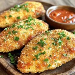 - 4 boneless, skinless chicken breasts - 1 cup grated Parmesan cheese - 1 cup breadcrumbs (preferably panko for extra crispiness) - 2 large eggs - 2 teaspoons garlic powder - 1 teaspoon dried Italian herbs (oregano, basil, thyme) - 1 teaspoon paprika - Salt and pepper to taste - 1 tablespoon Dijon mustard - Olive oil spray (or cooking oil for frying) - Fresh parsley, chopped (for garnish) To make Crispy Parmesan Crusted Chicken, you need simple ingredients. The chicken breasts are the star. They give the dish its hearty base. The Parmesan cheese adds a rich, nutty taste. Breadcrumbs, especially panko, help create that desired crunch. Eggs bind everything together. When it comes to flavor, seasoning is key. Garlic powder gives a warm kick. Italian herbs bring a touch of the Mediterranean. Paprika adds a hint of smokiness. Salt and pepper round out the taste. Dijon mustard adds depth and tang. Finally, we need some cooking essentials. A light spray of olive oil helps the chicken crisp up nicely. Fresh parsley not only looks good but also adds a fresh taste. You can find the full recipe for making this delicious dish, and I promise it will be worth the effort! 1. Preheat your oven to 400°F (200°C). This helps cook the chicken evenly. 2. Line a baking sheet with parchment paper. Lightly grease it with cooking spray or oil. 3. In a shallow bowl, mix together: - 1 cup grated Parmesan cheese - 1 cup breadcrumbs (preferably panko for extra crispiness) - 2 teaspoons garlic powder - 1 teaspoon dried Italian herbs (oregano, basil, thyme) - 1 teaspoon paprika - Salt and pepper to taste 1. In another bowl, whisk together: - 2 large eggs - 1 tablespoon Dijon mustard 2. Take one chicken breast and dip it into the egg mixture. Make sure it is fully coated. 3. Let the excess egg drip off. 4. Place the chicken into the Parmesan breadcrumb mixture. Press the mixture onto the chicken to create a thick coating. 5. Repeat this process for all chicken breasts. Place them on the prepared baking sheet. 1. Lightly spray the tops of the chicken breasts with olive oil. This helps them crisp up. 2. Bake in the preheated oven for 25-30 minutes. Check that the internal temperature reaches 165°F (74°C). 3. Look for a golden brown crust. Once done, remove from the oven and let rest for a few minutes. 4. Garnish with fresh parsley before serving. This adds a pop of color and flavor. For the complete details, refer to the Full Recipe. Enjoy! To make your chicken crispy, use panko breadcrumbs. They create a better crunch than regular breadcrumbs. A light spray of olive oil helps too. This oil adds moisture while allowing the coating to crisp up nicely. Marinating the chicken is key. You can use lemon juice or yogurt for a few hours. This step makes the chicken tender and flavorful. Adjust the seasoning to your taste. Don’t be afraid to add more garlic powder or herbs if you love that extra kick. Serve your crispy chicken on a nice platter. Pair it with marinara sauce for dipping. You can also add a fresh salad or roasted veggies to the plate. For a beautiful finish, sprinkle fresh parsley on top. This adds color and a touch of freshness. For the full recipe, check the original guide. {{image_2}} You can easily change up the cheese in this dish. Mozzarella or cheddar works well too. Both add a nice twist to the flavor. You can even mix different cheeses for a unique taste. If you need a gluten-free option, use gluten-free breadcrumbs. They will still give you that crunch without the gluten. Want to kick up the taste? Try adding spices like cayenne or chili powder. These spices add heat and depth to the dish. You can also use fresh or dried herbs like thyme or rosemary. They will give your chicken a fresh, aromatic flavor. Mix and match these spices and herbs to find what you love best. For a healthier choice, try air frying the chicken. It gives you a crispy result with less oil. Just set your air fryer to 400°F (200°C) and cook for about 15-20 minutes. If you prefer more flavor, pan-searing is a great option. Sear the chicken in a hot pan before baking. This step adds a rich crust that enhances the taste. For the full recipe, check out the detailed steps to make this delicious dish. To store leftovers, let the chicken cool completely. Place it in an airtight container. This keeps it fresh and prevents drying. I recommend using glass or plastic containers with tight lids. You can also wrap the chicken in plastic wrap, then foil for extra protection. Store it in the fridge for up to three days. To reheat without losing crispiness, use the oven. Preheat it to 350°F (175°C). Place the chicken on a baking sheet. Bake for about 10-15 minutes. This helps the crust stay crunchy. You can also use an air fryer for about 5-7 minutes. Just make sure the chicken reaches 165°F (74°C) inside. You can freeze both cooked and uncooked chicken. For cooked chicken, let it cool and wrap it tightly in plastic wrap, then foil. Store it in the freezer for up to three months. For uncooked chicken, coat it as usual, then freeze the pieces on a baking sheet. Once frozen, transfer them to a freezer bag. Thaw frozen chicken in the fridge for 24 hours before cooking. This keeps it safe and fresh. To achieve maximum crunchiness, use panko breadcrumbs. They are lighter and crispier than regular breadcrumbs. You can also double-coat the chicken. First, dip it in the egg mixture, then in the breadcrumb mix, and repeat the process. Lightly spray the chicken with olive oil before baking. This helps create a golden crust. Baking at a high temperature, like 400°F, also helps to crisp up the chicken. Yes, you can use chicken thighs. They have more fat, which can add flavor and moisture. Just adjust cooking time since thighs may take longer to cook. Always check that the internal temperature reaches 165°F to ensure they are safe to eat. Thighs are great for a juicier bite, so feel free to experiment! I love serving this chicken with fresh sides. Here are some great options: - Roasted vegetables: Carrots, broccoli, or Brussels sprouts work well. - Salad: A simple green salad with a light vinaigrette complements the chicken. - Pasta: A side of garlic butter pasta is a delightful choice. - Mashed potatoes: Creamy mashed potatoes balance the crunchiness of the chicken. Feel free to mix and match these sides to your taste! You can find the full recipe to guide your cooking adventure. This blog post outlined how to make Crispy Parmesan Crusted Chicken. We covered the key ingredients, from chicken to seasoning. I provided step-by-step cooking instructions and shared tips for extra crispiness and flavor. You learned about variations in ingredients and cooking methods, plus storage and reheating advice. Enjoy experimenting with this recipe. You can make it your own. With simple steps, tasty results are just a bake away!