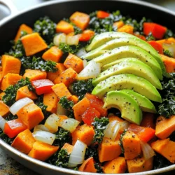 Cooking a Sweet Potato Kale Skillet starts with the right ingredients. Here’s what you need: - 2 medium sweet potatoes, peeled and diced - 4 cups kale, chopped (stems removed) - 1 red bell pepper, diced - 1 small onion, diced - 2 cloves garlic, minced - 1 teaspoon smoked paprika - 1/2 teaspoon cumin - 1/4 teaspoon chili flakes (optional for heat) - 2 tablespoons olive oil - Salt and pepper to taste - 1/4 cup vegetable broth or water (as needed) - 1 avocado, sliced (for topping) These ingredients make the dish colorful and tasty. Sweet potatoes add a natural sweetness. Kale brings a nice crunch and nutrients. The spices enhance the flavors and make it exciting. The avocado on top adds creaminess. You can find the full recipe in the earlier sections to guide you through the cooking process. 1. Prepare the Sweet Potatoes Heat a large skillet over medium heat and add 1 tablespoon of olive oil. Once hot, add the diced sweet potatoes. Cook for 8-10 minutes. Stir occasionally until they start to soften and brown slightly. 2. Sauté Aromatics Add the diced onion and red bell pepper to the skillet with the sweet potatoes. Sauté for 5 minutes. The vegetables should be tender and fragrant. 3. Add Garlic and Spices Stir in the minced garlic, smoked paprika, cumin, and chili flakes if you like heat. Add a pinch of salt and pepper. Cook for another 1-2 minutes until you smell the spices. 4. Incorporate the Kale Add the chopped kale to the skillet. If the skillet looks dry, pour in some vegetable broth or water. Toss to mix. Cover the skillet and let the kale wilt for 3-5 minutes. 5. Final Touches Uncover the skillet and stir well. Taste for seasoning and adjust salt and pepper as needed. Cook for another minute to heat through. 6. Serve Remove from heat. Serve warm, topped with fresh avocado slices for a creamy touch. For a rustic look, serve the skillet dish directly in the pan. You can also add fresh herbs for color. For the complete recipe, check out the Full Recipe. Each step brings the dish closer to your table, showcasing the vibrant flavors of sweet potatoes and kale. Enjoy the process! How to get perfectly roasted sweet potatoes To roast sweet potatoes well, cut them into even pieces. This helps them cook at the same rate. Heat your skillet first, then add oil before the sweet potatoes. Stir them often to avoid burning. Let them brown for a rich flavor. Best practices for wilting kale Kale wilts best when you add a splash of liquid. Use vegetable broth or water in your skillet. This method helps steam the kale quickly. Toss the kale well with other ingredients. Cover the skillet for a few minutes to soften it. Adjusting flavors to your preference Taste your dish as you cook. If you like it spicier, add more chili flakes. For a smoky flavor, increase the smoked paprika. A squeeze of lemon juice can brighten the dish. Adjust salt and pepper to make it just right. Complementary side dishes Serve Sweet Potato Kale Skillet with a simple salad or crusty bread. A grain like quinoa or rice pairs well too. These sides add texture and help balance the meal. Enhancing flavors with toppings Top your skillet with sliced avocado for creaminess. Crumbled feta cheese or nuts add crunch and flavor. Fresh herbs like cilantro or parsley make a lovely garnish. Ideal meal pairings This skillet is great for lunch or dinner. Pair it with grilled chicken or fish for protein. It also works well with a refreshing drink like lemonade. Enjoy it with friends or family for a delightful meal. {{image_2}} You can easily adapt this dish to fit your needs. If you want a vegan or gluten-free meal, this recipe works perfectly. Just check your ingredients. Most items are already vegan and gluten-free. Do you dislike kale? No worries! You can swap in other greens like spinach or Swiss chard. These will still give you great flavor and nutrients. Need more protein? Try adding chickpeas or grilled chicken. These additions make the meal more filling and satisfying. Chickpeas boost fiber, while chicken offers lean protein. Get creative with spices to change the dish's flavor. Adding cumin, curry powder, or turmeric can give a new twist. Each spice adds warmth and depth to the skillet. For a crunchy texture, toss in some nuts or seeds. Sunflower seeds or walnuts work great. They add a nice contrast to the soft sweet potatoes and kale. You can also use different sweet potatoes. Try purple or Japanese sweet potatoes for a unique taste. Each variety brings its own flavor and color to your meal. For the complete recipe and more tips, check out the Full Recipe. To store leftovers, place the Sweet Potato Kale Skillet in an airtight container. This helps keep it fresh. You can store it in the fridge for up to three days. After that, the flavors may change, and the texture might soften. The best way to reheat this dish is in a skillet. Heat it on medium-low. Stir often for even warming. You can also use a microwave if you're short on time. Just cover it to keep moisture in. For meal prep, divide the skillet into single servings. This makes it easy to grab and go during the week. Enjoy your delicious meal anytime! What to serve with Sweet Potato Kale Skillet? You can serve this dish with quinoa, brown rice, or a simple green salad. These sides add texture and balance. For protein, grilled chicken or chickpeas work great too. Can I freeze Sweet Potato Kale Skillet? Yes, you can freeze this dish. Allow it to cool first, then store in an airtight container. It stays fresh for about three months. How to make Sweet Potato Kale Skillet spicier? Add more chili flakes or a dash of hot sauce. You can also try fresh jalapeños for a kick. Just mix in your spice choice when adding the garlic. Is this dish suitable for meal prep? Absolutely! This skillet dish is perfect for meal prep. It keeps well in the fridge for up to four days. Portion it into containers for easy lunches or dinners. How many calories are in Sweet Potato Kale Skillet? This dish has about 250 calories per serving. It offers a healthy mix of carbs, fats, and fiber. What are the health benefits of sweet potatoes and kale? Sweet potatoes are rich in vitamins A and C. They are also high in fiber. Kale is packed with antioxidants and vitamins like K and C. Together, they make a nutrient-dense meal. You've learned how to make a tasty Sweet Potato Kale Skillet. We covered ingredients, step-by-step prep, tips, and storage. This dish is healthy, versatile, and perfect for any meal. You can change flavors or add protein for variety. It's easy to store and reheat. I hope you feel inspired to try this recipe. Enjoy your time in the kitchen!