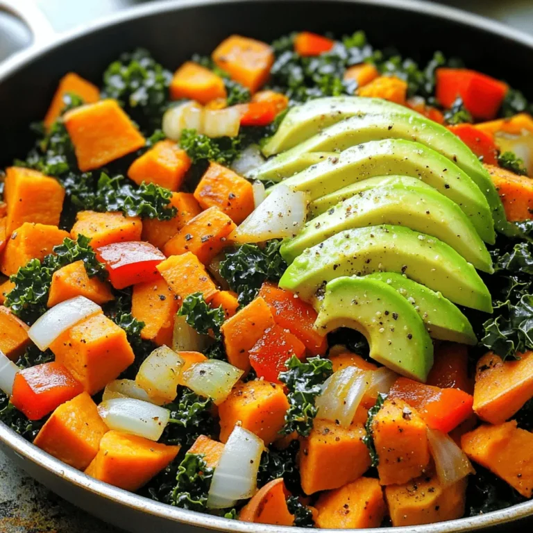 Cooking a Sweet Potato Kale Skillet starts with the right ingredients. Here’s what you need: - 2 medium sweet potatoes, peeled and diced - 4 cups kale, chopped (stems removed) - 1 red bell pepper, diced - 1 small onion, diced - 2 cloves garlic, minced - 1 teaspoon smoked paprika - 1/2 teaspoon cumin - 1/4 teaspoon chili flakes (optional for heat) - 2 tablespoons olive oil - Salt and pepper to taste - 1/4 cup vegetable broth or water (as needed) - 1 avocado, sliced (for topping) These ingredients make the dish colorful and tasty. Sweet potatoes add a natural sweetness. Kale brings a nice crunch and nutrients. The spices enhance the flavors and make it exciting. The avocado on top adds creaminess. You can find the full recipe in the earlier sections to guide you through the cooking process. 1. Prepare the Sweet Potatoes Heat a large skillet over medium heat and add 1 tablespoon of olive oil. Once hot, add the diced sweet potatoes. Cook for 8-10 minutes. Stir occasionally until they start to soften and brown slightly. 2. Sauté Aromatics Add the diced onion and red bell pepper to the skillet with the sweet potatoes. Sauté for 5 minutes. The vegetables should be tender and fragrant. 3. Add Garlic and Spices Stir in the minced garlic, smoked paprika, cumin, and chili flakes if you like heat. Add a pinch of salt and pepper. Cook for another 1-2 minutes until you smell the spices. 4. Incorporate the Kale Add the chopped kale to the skillet. If the skillet looks dry, pour in some vegetable broth or water. Toss to mix. Cover the skillet and let the kale wilt for 3-5 minutes. 5. Final Touches Uncover the skillet and stir well. Taste for seasoning and adjust salt and pepper as needed. Cook for another minute to heat through. 6. Serve Remove from heat. Serve warm, topped with fresh avocado slices for a creamy touch. For a rustic look, serve the skillet dish directly in the pan. You can also add fresh herbs for color. For the complete recipe, check out the Full Recipe. Each step brings the dish closer to your table, showcasing the vibrant flavors of sweet potatoes and kale. Enjoy the process! How to get perfectly roasted sweet potatoes To roast sweet potatoes well, cut them into even pieces. This helps them cook at the same rate. Heat your skillet first, then add oil before the sweet potatoes. Stir them often to avoid burning. Let them brown for a rich flavor. Best practices for wilting kale Kale wilts best when you add a splash of liquid. Use vegetable broth or water in your skillet. This method helps steam the kale quickly. Toss the kale well with other ingredients. Cover the skillet for a few minutes to soften it. Adjusting flavors to your preference Taste your dish as you cook. If you like it spicier, add more chili flakes. For a smoky flavor, increase the smoked paprika. A squeeze of lemon juice can brighten the dish. Adjust salt and pepper to make it just right. Complementary side dishes Serve Sweet Potato Kale Skillet with a simple salad or crusty bread. A grain like quinoa or rice pairs well too. These sides add texture and help balance the meal. Enhancing flavors with toppings Top your skillet with sliced avocado for creaminess. Crumbled feta cheese or nuts add crunch and flavor. Fresh herbs like cilantro or parsley make a lovely garnish. Ideal meal pairings This skillet is great for lunch or dinner. Pair it with grilled chicken or fish for protein. It also works well with a refreshing drink like lemonade. Enjoy it with friends or family for a delightful meal. {{image_2}} You can easily adapt this dish to fit your needs. If you want a vegan or gluten-free meal, this recipe works perfectly. Just check your ingredients. Most items are already vegan and gluten-free. Do you dislike kale? No worries! You can swap in other greens like spinach or Swiss chard. These will still give you great flavor and nutrients. Need more protein? Try adding chickpeas or grilled chicken. These additions make the meal more filling and satisfying. Chickpeas boost fiber, while chicken offers lean protein. Get creative with spices to change the dish's flavor. Adding cumin, curry powder, or turmeric can give a new twist. Each spice adds warmth and depth to the skillet. For a crunchy texture, toss in some nuts or seeds. Sunflower seeds or walnuts work great. They add a nice contrast to the soft sweet potatoes and kale. You can also use different sweet potatoes. Try purple or Japanese sweet potatoes for a unique taste. Each variety brings its own flavor and color to your meal. For the complete recipe and more tips, check out the Full Recipe. To store leftovers, place the Sweet Potato Kale Skillet in an airtight container. This helps keep it fresh. You can store it in the fridge for up to three days. After that, the flavors may change, and the texture might soften. The best way to reheat this dish is in a skillet. Heat it on medium-low. Stir often for even warming. You can also use a microwave if you're short on time. Just cover it to keep moisture in. For meal prep, divide the skillet into single servings. This makes it easy to grab and go during the week. Enjoy your delicious meal anytime! What to serve with Sweet Potato Kale Skillet? You can serve this dish with quinoa, brown rice, or a simple green salad. These sides add texture and balance. For protein, grilled chicken or chickpeas work great too. Can I freeze Sweet Potato Kale Skillet? Yes, you can freeze this dish. Allow it to cool first, then store in an airtight container. It stays fresh for about three months. How to make Sweet Potato Kale Skillet spicier? Add more chili flakes or a dash of hot sauce. You can also try fresh jalapeños for a kick. Just mix in your spice choice when adding the garlic. Is this dish suitable for meal prep? Absolutely! This skillet dish is perfect for meal prep. It keeps well in the fridge for up to four days. Portion it into containers for easy lunches or dinners. How many calories are in Sweet Potato Kale Skillet? This dish has about 250 calories per serving. It offers a healthy mix of carbs, fats, and fiber. What are the health benefits of sweet potatoes and kale? Sweet potatoes are rich in vitamins A and C. They are also high in fiber. Kale is packed with antioxidants and vitamins like K and C. Together, they make a nutrient-dense meal. You've learned how to make a tasty Sweet Potato Kale Skillet. We covered ingredients, step-by-step prep, tips, and storage. This dish is healthy, versatile, and perfect for any meal. You can change flavors or add protein for variety. It's easy to store and reheat. I hope you feel inspired to try this recipe. Enjoy your time in the kitchen!
