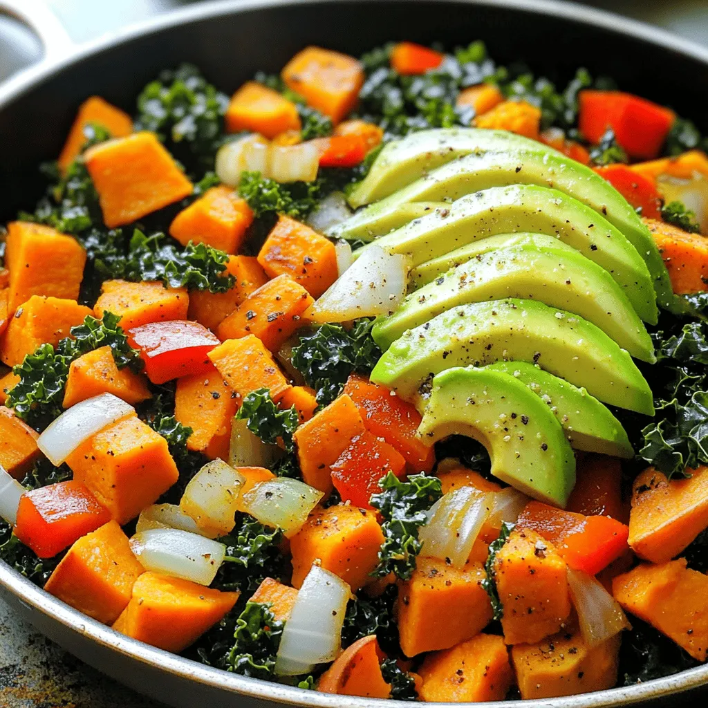 Cooking a Sweet Potato Kale Skillet starts with the right ingredients. Here’s what you need: - 2 medium sweet potatoes, peeled and diced - 4 cups kale, chopped (stems removed) - 1 red bell pepper, diced - 1 small onion, diced - 2 cloves garlic, minced - 1 teaspoon smoked paprika - 1/2 teaspoon cumin - 1/4 teaspoon chili flakes (optional for heat) - 2 tablespoons olive oil - Salt and pepper to taste - 1/4 cup vegetable broth or water (as needed) - 1 avocado, sliced (for topping) These ingredients make the dish colorful and tasty. Sweet potatoes add a natural sweetness. Kale brings a nice crunch and nutrients. The spices enhance the flavors and make it exciting. The avocado on top adds creaminess. You can find the full recipe in the earlier sections to guide you through the cooking process. 1. Prepare the Sweet Potatoes Heat a large skillet over medium heat and add 1 tablespoon of olive oil. Once hot, add the diced sweet potatoes. Cook for 8-10 minutes. Stir occasionally until they start to soften and brown slightly. 2. Sauté Aromatics Add the diced onion and red bell pepper to the skillet with the sweet potatoes. Sauté for 5 minutes. The vegetables should be tender and fragrant. 3. Add Garlic and Spices Stir in the minced garlic, smoked paprika, cumin, and chili flakes if you like heat. Add a pinch of salt and pepper. Cook for another 1-2 minutes until you smell the spices. 4. Incorporate the Kale Add the chopped kale to the skillet. If the skillet looks dry, pour in some vegetable broth or water. Toss to mix. Cover the skillet and let the kale wilt for 3-5 minutes. 5. Final Touches Uncover the skillet and stir well. Taste for seasoning and adjust salt and pepper as needed. Cook for another minute to heat through. 6. Serve Remove from heat. Serve warm, topped with fresh avocado slices for a creamy touch. For a rustic look, serve the skillet dish directly in the pan. You can also add fresh herbs for color. For the complete recipe, check out the Full Recipe. Each step brings the dish closer to your table, showcasing the vibrant flavors of sweet potatoes and kale. Enjoy the process! How to get perfectly roasted sweet potatoes To roast sweet potatoes well, cut them into even pieces. This helps them cook at the same rate. Heat your skillet first, then add oil before the sweet potatoes. Stir them often to avoid burning. Let them brown for a rich flavor. Best practices for wilting kale Kale wilts best when you add a splash of liquid. Use vegetable broth or water in your skillet. This method helps steam the kale quickly. Toss the kale well with other ingredients. Cover the skillet for a few minutes to soften it. Adjusting flavors to your preference Taste your dish as you cook. If you like it spicier, add more chili flakes. For a smoky flavor, increase the smoked paprika. A squeeze of lemon juice can brighten the dish. Adjust salt and pepper to make it just right. Complementary side dishes Serve Sweet Potato Kale Skillet with a simple salad or crusty bread. A grain like quinoa or rice pairs well too. These sides add texture and help balance the meal. Enhancing flavors with toppings Top your skillet with sliced avocado for creaminess. Crumbled feta cheese or nuts add crunch and flavor. Fresh herbs like cilantro or parsley make a lovely garnish. Ideal meal pairings This skillet is great for lunch or dinner. Pair it with grilled chicken or fish for protein. It also works well with a refreshing drink like lemonade. Enjoy it with friends or family for a delightful meal. {{image_2}} You can easily adapt this dish to fit your needs. If you want a vegan or gluten-free meal, this recipe works perfectly. Just check your ingredients. Most items are already vegan and gluten-free. Do you dislike kale? No worries! You can swap in other greens like spinach or Swiss chard. These will still give you great flavor and nutrients. Need more protein? Try adding chickpeas or grilled chicken. These additions make the meal more filling and satisfying. Chickpeas boost fiber, while chicken offers lean protein. Get creative with spices to change the dish's flavor. Adding cumin, curry powder, or turmeric can give a new twist. Each spice adds warmth and depth to the skillet. For a crunchy texture, toss in some nuts or seeds. Sunflower seeds or walnuts work great. They add a nice contrast to the soft sweet potatoes and kale. You can also use different sweet potatoes. Try purple or Japanese sweet potatoes for a unique taste. Each variety brings its own flavor and color to your meal. For the complete recipe and more tips, check out the Full Recipe. To store leftovers, place the Sweet Potato Kale Skillet in an airtight container. This helps keep it fresh. You can store it in the fridge for up to three days. After that, the flavors may change, and the texture might soften. The best way to reheat this dish is in a skillet. Heat it on medium-low. Stir often for even warming. You can also use a microwave if you're short on time. Just cover it to keep moisture in. For meal prep, divide the skillet into single servings. This makes it easy to grab and go during the week. Enjoy your delicious meal anytime! What to serve with Sweet Potato Kale Skillet? You can serve this dish with quinoa, brown rice, or a simple green salad. These sides add texture and balance. For protein, grilled chicken or chickpeas work great too. Can I freeze Sweet Potato Kale Skillet? Yes, you can freeze this dish. Allow it to cool first, then store in an airtight container. It stays fresh for about three months. How to make Sweet Potato Kale Skillet spicier? Add more chili flakes or a dash of hot sauce. You can also try fresh jalapeños for a kick. Just mix in your spice choice when adding the garlic. Is this dish suitable for meal prep? Absolutely! This skillet dish is perfect for meal prep. It keeps well in the fridge for up to four days. Portion it into containers for easy lunches or dinners. How many calories are in Sweet Potato Kale Skillet? This dish has about 250 calories per serving. It offers a healthy mix of carbs, fats, and fiber. What are the health benefits of sweet potatoes and kale? Sweet potatoes are rich in vitamins A and C. They are also high in fiber. Kale is packed with antioxidants and vitamins like K and C. Together, they make a nutrient-dense meal. You've learned how to make a tasty Sweet Potato Kale Skillet. We covered ingredients, step-by-step prep, tips, and storage. This dish is healthy, versatile, and perfect for any meal. You can change flavors or add protein for variety. It's easy to store and reheat. I hope you feel inspired to try this recipe. Enjoy your time in the kitchen!