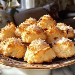 - Shredded Coconut: This is the star of the show! You need sweetened shredded coconut for that chewy texture and rich flavor. - Sweetened Condensed Milk: This makes the macaroons sweet and sticky. It binds everything together and adds creaminess. - Extracts and Flavorings: Vanilla and almond extracts give a nice depth of flavor. They make each bite taste special. - Egg Whites and Salt: Egg whites add lightness. They help the macaroons rise, while a pinch of salt enhances the sweetness. - Chocolate Chips for Drizzling: If you love chocolate, melt some semi-sweet chocolate chips on top. It adds a nice contrast to the coconut. - Edible Garnishes: Get creative! You can use edible flowers or extra shredded coconut for decoration. They make your macaroons look fancy. With these ingredients, you can make the best Coconut Macaroons. Check out the Full Recipe for all the details on how to combine these ingredients into a delightful treat! First, you need to preheat your oven to 325°F (160°C). This step is very important. It helps the macaroons bake evenly. While the oven heats, line a baking sheet with parchment paper. The parchment keeps the macaroons from sticking. It also makes cleanup easier. In a large bowl, combine the sweetened shredded coconut, sweetened condensed milk, vanilla extract, and almond extract. Mix these dry and wet ingredients well. Make sure every bit of coconut gets coated with the sweet milk. This mixture gives the macaroons their rich taste. In a separate bowl, take your two large egg whites and sprinkle in the salt. Use an electric mixer to whip the egg whites until soft peaks form. This will take about 2-3 minutes. Soft peaks mean the egg whites should look fluffy but not too stiff. This step adds air to the batter, making the macaroons light. Gently fold the whipped egg whites into the coconut mixture. Be careful not to deflate the air bubbles. Use a tablespoon or cookie scoop to portion the mixture onto the prepared baking sheet. Space them about 1 inch apart. Bake these in the preheated oven for 15-20 minutes. Watch for the tops to turn golden brown. After baking, let them cool on the sheet for about 10 minutes. Then, transfer them to a wire rack to cool completely. If you want, drizzle melted chocolate over the cooled macaroons for extra flavor. [Full Recipe] Avoiding Overmixing the Batter When you mix the egg whites with the coconut, do it gently. Overmixing can make the macaroons tough. Aim for a light touch. Fold the egg whites into the coconut mixture until just combined. This keeps your macaroons fluffy and light. Baking Time and Temperature Set your oven to 325°F (160°C). This is the sweet spot for baking. Bake the macaroons for 15 to 20 minutes. Watch them closely. You want golden brown tops, not burnt edges. If you bake them too long, they will dry out. Best Practices for Storing Macaroons Let the macaroons cool completely before storing. Keep them in an airtight container. They stay fresh for up to a week. Place parchment paper between layers to avoid sticking. This keeps them nice and soft. Freezing Instructions You can freeze macaroons for up to three months. Place them in a single layer on a baking sheet first. Once frozen, transfer them to a freezer-safe bag. This way, they won’t clump together. Thaw them at room temperature before enjoying. Creative Ways to Present Coconut Macaroons Arrange the macaroons on a colorful plate. Sprinkle some extra shredded coconut on top for flair. You can also add edible flowers for a pop of color. Drizzle melted chocolate over them for a fancy touch. This makes your treats look as good as they taste. {{image_2}} Want to make your macaroons extra special? Try chocolate-dipped coconut macaroons. They add a rich layer of flavor. To make them chocolatey, melt semi-sweet chocolate chips in a microwave. Use 30-second intervals, stirring until smooth. After the macaroons cool, dip the bottoms in chocolate. Place them on parchment paper to set. This simple step gives your treats a gourmet touch. If you need gluten-free macaroons, you're in luck! The main ingredients are naturally gluten-free. Just ensure your shredded coconut and chocolate chips say “gluten-free” on the label. You can also make them without the almond extract. Use extra vanilla instead. This keeps the flavor bright and tasty. Now, everyone can enjoy these treats! Want to mix it up? Add different flavors to your macaroons. Citrus zest, like lemon or orange, brightens the taste. Just add a teaspoon of zest to the coconut mixture. For a nutty twist, add chopped nuts like almonds or pecans. This gives your macaroons a fun crunch. Play around with flavors to make them uniquely yours. Each variation will surprise your taste buds! Coconut macaroons are simple yet delicious treats. They mainly consist of: - 3 cups sweetened shredded coconut: This gives the macaroons their chewy texture. - 1 cup sweetened condensed milk: This adds sweetness and binds the mixture together. - 1 teaspoon vanilla extract: It enhances the flavor. - ¼ teaspoon almond extract: This gives a nice nutty taste. - 2 large egg whites: These help create a light texture. - ¼ teaspoon salt: It balances the sweetness. - ½ cup semi-sweet chocolate chips (optional): For drizzling or dipping. Each ingredient plays a key role in making these treats both tasty and enjoyable. If you want to make coconut macaroons without egg, you have some great options. Here are a few vegan alternatives: - Aquafaba: Use 3 tablespoons of aquafaba (the liquid from canned chickpeas) instead of egg whites. Whip it until it forms soft peaks. - Flaxseed Meal: Mix 1 tablespoon of flaxseed meal with 2.5 tablespoons of water. Let it sit for 5-10 minutes, then use it as your binder. - Chia Seeds: Similar to flaxseeds, mix 1 tablespoon of chia seeds with 2.5 tablespoons of water. Allow it to thicken. These substitutes work well and keep the texture light and fluffy. Coconut macaroons can last quite a while if stored correctly. Here are some tips: - At room temperature: They can last about 3-5 days in an airtight container. - In the fridge: They will stay fresh for up to 1 week. - Freezing: If you want to keep them longer, freeze them for up to 3 months. Make sure to wrap them well. By following these storage tips, you can enjoy your macaroons for a long time! Coconut macaroons are fun and easy to make. They bring joy to any gathering. Here’s how to create these delightful treats. Ingredients: - 3 cups sweetened shredded coconut - 1 cup sweetened condensed milk - 1 teaspoon vanilla extract - ¼ teaspoon almond extract - 2 large egg whites - ¼ teaspoon salt - ½ cup semi-sweet chocolate chips (optional, for drizzling) Instructions: 1. Preheat your oven to 325°F (160°C) and line a baking sheet with parchment paper. 2. In a large bowl, mix the shredded coconut, sweetened condensed milk, vanilla extract, and almond extract until well combined. 3. In a separate bowl, whisk the egg whites and salt until soft peaks form. This will take about 2-3 minutes with an electric mixer. 4. Gently fold the egg whites into the coconut mixture until just combined, being careful not to deflate the egg whites. 5. Use a tablespoon or cookie scoop to portion out the mixture onto the prepared baking sheet, spacing them about 1 inch apart. 6. Bake in the preheated oven for 15-20 minutes, or until the tops are golden brown. Keep an eye on them to avoid overbaking. 7. Remove from the oven and allow the macaroons to cool on the baking sheet for about 10 minutes. Then, transfer them to a wire rack to cool completely. 8. If you want a drizzle, melt the chocolate chips in a bowl in 30-second intervals, stirring in between until smooth. Once cooled, drizzle the melted chocolate over the macaroons. - Prep Time: 15 minutes - Total Time: 40 minutes - Servings: 20 macaroons Presentation is key. Arrange the macaroons on a decorative plate. Sprinkle with extra shredded coconut for added texture. You can also add a few edible flowers for an elegant touch. Enjoy your Coconut Bliss Macaroons! Coconut macaroons are simple yet delicious treats. We covered essential ingredients, including shredded coconut and sweetened condensed milk. I shared step-by-step instructions and tips for perfect results every time. Remember, presentation can make your macaroons shine even more. Explore fun variations to wow your guests. Whether you’re baking for a special occasion or just for fun, these tips will help you succeed. Enjoy your coconut macaroons, and let your creativity flow!