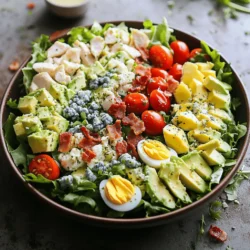 Fresh ingredients make a Cobb salad shine. Here’s what you need: - 4 cups mixed greens (romaine, arugula, spinach) - 1 medium ripe avocado, diced - 1 cup cherry tomatoes, halved - 1/4 cup red onion, thinly sliced Using mixed greens brings a nice crunch. The avocado adds creaminess, while the tomatoes give a burst of sweetness. The red onion adds a sharp bite. - 1 cup cooked chicken breast, diced - 2 hard-boiled eggs, chopped - 1/2 cup cooked bacon, chopped (or crispy chickpeas) Chicken provides lean protein. Hard-boiled eggs add richness, and bacon brings a savory touch. For a vegetarian option, use crispy chickpeas instead of bacon. - 1/4 cup olive oil - 2 tablespoons red wine vinegar (or apple cider vinegar as a substitute) - 1 teaspoon Dijon mustard - Salt and pepper to taste The dressing balances the flavors. Olive oil gives a smooth base, while vinegar adds brightness. Dijon mustard gives a subtle kick. Always season with salt and pepper to taste. These fresh ingredients and their combinations create layers of flavor. Check the Full Recipe for more details on how to bring this salad to life. - Start by combining 4 cups of mixed greens in a large bowl. - Use romaine, arugula, and spinach for a tasty mix. - Next, section the ingredients on top of the greens for a pretty look. - Place chopped hard-boiled eggs, diced chicken, and diced avocado on one side. - Add halved cherry tomatoes, crumbled blue cheese, and chopped bacon on another side. - Finish with thin slices of red onion for a pop of color. - In a small bowl, whisk together 1/4 cup olive oil and 2 tablespoons of red wine vinegar. - You can also use apple cider vinegar if you prefer. - Add in 1 teaspoon of Dijon mustard along with salt and pepper to taste. - Mix until everything is well combined and smooth. - Now, top the greens with all the prepared ingredients. - Drizzle your dressing over the salad just before serving. - If you like, gently toss the salad to mix it all up. - Be careful not to mush the ingredients; you want them to stay nice. For a full recipe, check out the crispy Cobb salad delight! - Serve in a large, shallow bowl for visual appeal. - Garnish with extra crumbles of blue cheese and fresh herbs. When you present your Cobb salad, keep it bright and colorful. Arrange the ingredients neatly in sections. This way, every color pops and draws the eye. Using a wide bowl helps show off the layers. The final touch of extra blue cheese and fresh herbs adds zest. - Experiment with different dressings or toppings. - Add nuts or seeds for extra crunch. Try using different dressings like ranch or honey mustard. These can change the taste and make it fun. You can also add nuts, like walnuts or almonds, for crunch. Seeds like sunflower seeds work well, too. They add texture and a nice twist to your classic dish. - Pair with crusty bread or a light soup for a complete meal. A hearty loaf of crusty bread goes well with your salad. It adds a nice chew and balances the meal. You can also serve it with a light soup. A tomato basil soup or a simple vegetable broth complements the fresh flavors. This makes your Cobb salad a full meal, sure to satisfy. {{image_2}} The Classic Cobb Salad is great as is, but you can make fun changes. Here are some tasty variations to try. If you want a meat-free option, swap out the bacon for crispy chickpeas. They add a nice crunch and flavor. You can also use plant-based dressings. Try tahini or a simple lemon vinaigrette. Looking for something different? You can swap the chicken for grilled shrimp or tofu. Both bring unique flavors and textures. Shrimp adds a light, sweet taste, while tofu absorbs the salad’s dressing well. Make your Cobb Salad even better by adding seasonal veggies. Roasted corn or colorful bell peppers can brighten up the dish. They add flavor and extra nutrition. You can mix and match based on what’s in season. This keeps your salad fresh and exciting. Experimenting with these ideas can make your Classic Cobb Salad a new favorite. For the full recipe, check out the Crispy Cobb Salad Delight. To keep your Cobb salad fresh, store the components separately. This way, the greens stay crisp. Use airtight containers for each ingredient. For example, put the chicken in one container and the dressing in another. This helps keep flavors intact. Your salad can stay fresh for 1-2 days in the fridge. After that, the greens may wilt, and flavors could fade. Always check for any signs of spoilage before eating. If it smells or looks off, it’s best to toss it. I do not recommend freezing a dressed Cobb salad. The textures will change and not taste great. Instead, freeze the components separately when possible. For example, freeze cooked chicken or bacon in small bags. This way, you can enjoy your salad fresh later on. A Classic Cobb Salad features fresh and vibrant ingredients. You start with greens like romaine, arugula, and spinach. These give a nice crunch and a healthy boost. Next, you add proteins, which often include cooked chicken breast and hard-boiled eggs. For creaminess, diced avocado is a must. Cherry tomatoes bring a burst of sweetness, while crumbled blue cheese adds a salty kick. Finally, crispy bacon or chickpeas provide a satisfying crunch. All these come together with a simple dressing made of olive oil, vinegar, and Dijon mustard. Yes, you can make a Cobb Salad ahead of time! To do this, prep your ingredients but store them separately. Keep the greens in one container and proteins in another. This way, nothing gets soggy. You can also make the dressing in advance. Just whisk it together and keep it in the fridge. When you're ready to eat, you can quickly assemble the salad. It’s a great option for meal prep or a busy weeknight. The best dressing for a Cobb Salad is a simple vinaigrette. I recommend using olive oil and red wine vinegar for a classic taste. You can also use apple cider vinegar as a substitute. Adding Dijon mustard enhances the flavor. For those who like it creamy, a blue cheese dressing works well too. It complements the salad's flavors perfectly. Remember, you can always adjust the dressing to your liking. It’s all about what makes your taste buds happy! For more details, check out the Full Recipe. A classic Cobb salad brings together fresh produce, rich proteins, and a tasty dressing. You can customize with toppings or serve it with bread for a full meal. Remember to store leftovers properly for the best taste. Whether you choose a vegetarian twist or stick to tradition, this salad is easy to prepare and satisfying. Enjoy crafting your perfect Cobb salad, and explore your creativity with each bite. With a few simple steps, you can create a dish that impresses family and friends alike.